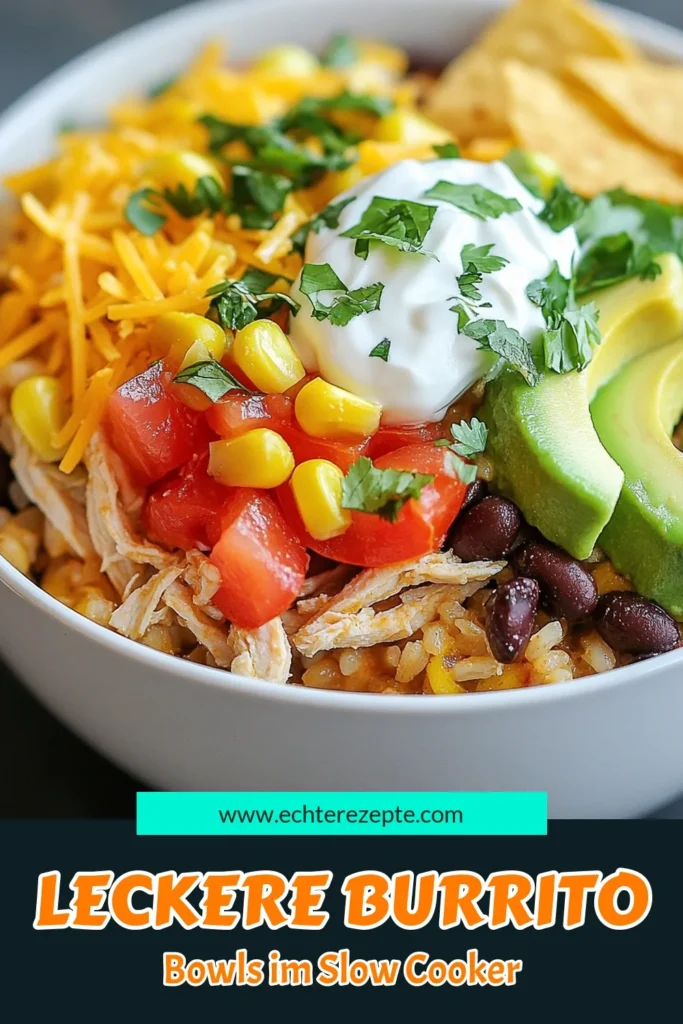 Entdecken Sie dieses köstliche Burrito Bowl Rezept mit Slow Cooker Hähnchen! Ideal für einfache Abendessen mit Hähnchen, bietet dieses gesunde Hähnchenrezept eine perfekte Mischung aus Aromen und Nährstoffen. Mit Zutaten wie schwarzen Bohnen, Mais und Gewürzen ist es einfach zuzubereiten und schmeckt wie mexikanische Küche. Kochen Sie es heute und genießen Sie eine herzhafte Mahlzeit! #SlowCookerHähnchen #BurritoBowlRezept #GesundeHähnchenrezepte #MexikanischeKüche