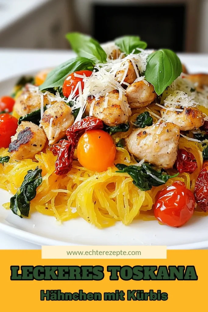 Entdecken Sie unser köstliches Rezept für Toskana Hähnchen Spaghetti! Diese gesunde Kombination aus Spaghetti Kürbis und zartem Hähnchen ist das perfekte leichte Spaghetti-Gericht für Ihre Familie. Vollgepackt mit frischen Zutaten und italienischen Aromen, ist diese italienische Kürbis Pasta einfach zuzubereiten und unglaublich sättigend. Experimentieren Sie mit diesem gesunden Hähnchen Gericht und bringen Sie Abwechslung auf den Tisch! Jetzt probieren und speichern! #ToskanaHähnchen #SpaghettiKürbisRezept #gesundeRezepte #italienischeKüche
