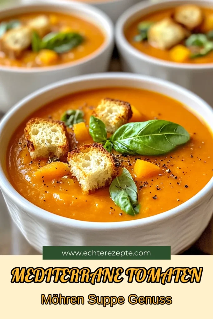 Entdecken Sie die köstliche Mediterrane Tomatensuppe, die perfekt für eine gesunde Ernährung ist! Dieses Karottensuppe Rezept kombiniert frische Tomaten und Karotten für eine einfache Tomatensuppe, die reich an Aromen ist. Die vegetarische Suppe mit Basilikum ist nicht nur nahrhaft, sondern auch schnell zubereitet. Probieren Sie es aus und bringen Sie gesunde Gemüsesuppen in Ihre Küche! #MediterraneKüche #GesundeGerichte #Gemüsesuppe #VegetarischKochen