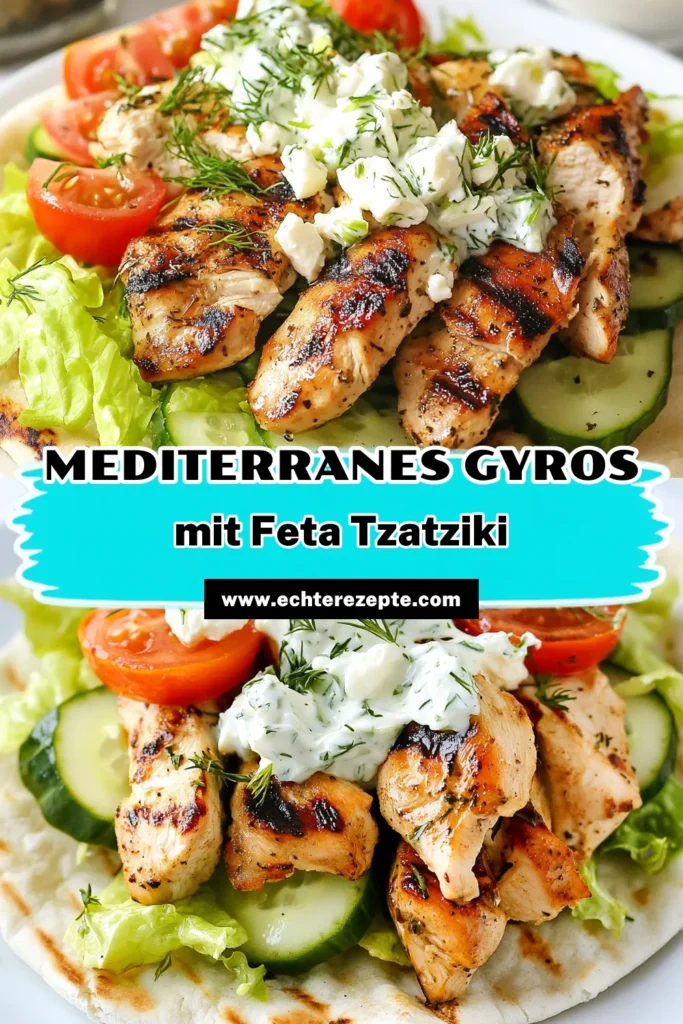 Entdecke das Rezept für Mediterranes Hähnchen Gyros mit Feta Tzatziki! Lerne, wie du Hähnchen Gyros selber machen kannst und genieße es in frischem griechischem Pita Brot. Mit einer einfachen Gyros Marinade wird das Hähnchen besonders aromatisch. Perfekt für ein schnelles, leckeres Abendessen! Speichere dieses Rezept und gönn dir einen Hauch von Griechenland zu Hause! #HähnchenGyros #FetaTzatzikiRezept #EinfacheRezeptideen #MediterraneKüche