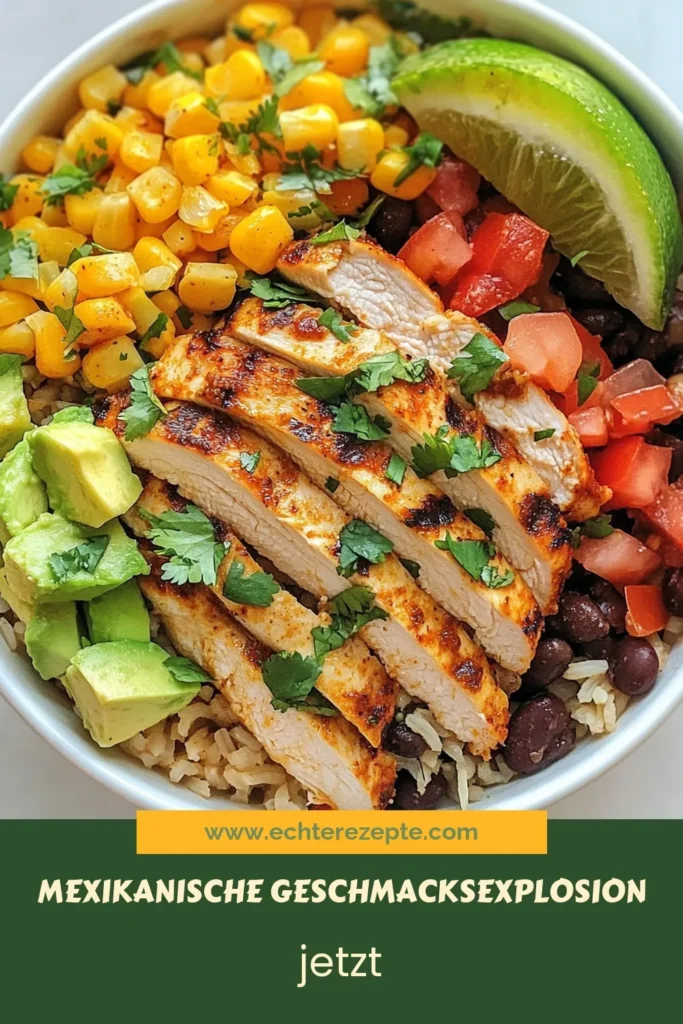 Entdecken Sie dieses köstliche Rezept für die mexikanische Hähnchen Burrito Schüssel! Perfekt für eine gesunde Burrito Bowl, kombiniert unser einfaches Rezept zartes Hähnchen mit Bohnen und Reis, frischem Gemüse und cremiger Avocado. Ideal für ein schnelles Abendessen oder Meal Prep. Lassen Sie sich von diesem einfachen mexikanischen Rezept inspirieren und speichern Sie es für später! #BurritoBowl #gesundeRezepte #mexikanischeKüche #Hähnchenrezepte