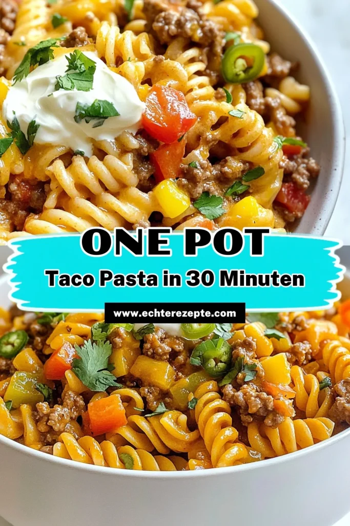 Entdecken Sie dieses köstliche Taco Pasta Rezept, perfekt für einen schnellen Genuss! Dieses Ein Topf Pasta Gericht vereint zartes Rinderhack mit Rotini-Pasta und würzigen mexikanischen Aromen. Ideal für eine schnelle Taco Pasta, die Ihre Familie lieben wird. Einfach zubereitet und in nur 30 Minuten servierfertig. Speichern Sie dieses Rezept und bringen Sie etwas mexikanisches Flair in Ihre Küche! #TacoPasta #EinTopfPasta #schnelleTacoPasta #mexikanischeKüche