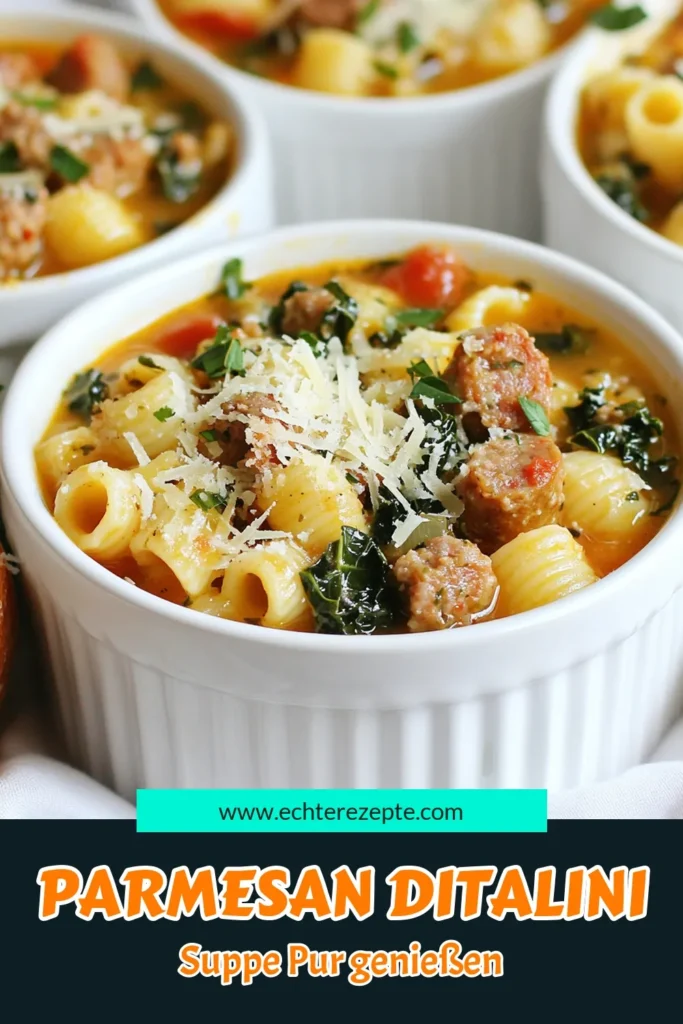 Entdecken Sie dieses köstliche Rezept für Parmesan Ditalini Suppe mit italienischer Wurst! Diese einfache Suppenrezepte vereinen die Aromen von Gemüsebrühe mit Nudeln und werden durch Grünkohl zu einem gesunden Genuss. Perfekt für die kalte Jahreszeit, bringt diese herzhafte Suppe Wärme und Freude auf den Tisch. Kochen Sie mit uns und genießen Sie dieses leckere Grünkohl Suppe Rezept! Jetzt ausprobieren! #ParmesanDitaliniSuppe #italienischeWurstSuppe #einfacheSuppenrezepte #GemüsebrüheMitNudeln