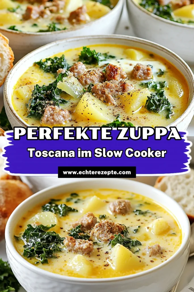 Entdecken Sie unser Rezept für Slow Cooker Zuppa Toscana, die perfekte Kombination aus italienischer Wurst Suppe und herzhafter Kartoffelsuppe. Dieses einfache Rezept im Slow Cooker ist ideal für alle, die ein schnelles, sättigendes Gericht suchen. Mit zartem Grünkohl und aromatischen Gewürzen ist diese Suppe ein Muss in Ihrer Küche! Speichern Sie dieses köstliche Grünkohl Rezept und bringen Sie italienisches Flair auf Ihren Tisch! #ZuppaToscana #SlowCookerRezepte #Kartoffelsuppe #ItalienischeKüche