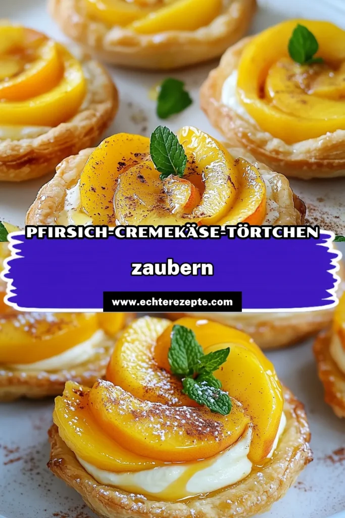 Entdecken Sie das köstliche Rezept für Pfirsich-Cremekäse-Törtchen, die perfekte Frischkäse Nachspeise! Mit einfachem Blätterteig Rezept sind diese fruchtigen Desserts schnell zubereitet und ideal für jede Gelegenheit. Genießen Sie die cremige Füllung und saftigen Pfirsiche in diesen einfachen Törtchen. Probieren Sie es aus und verwöhnen Sie Ihre Gäste! Speichern Sie dieses Rezept für Ihre nächsten Backabenteuer! #PfirsichCremekäseTörtchen #BlätterteigRezept #FrischkäseNachspeise #einfacheTörtchen