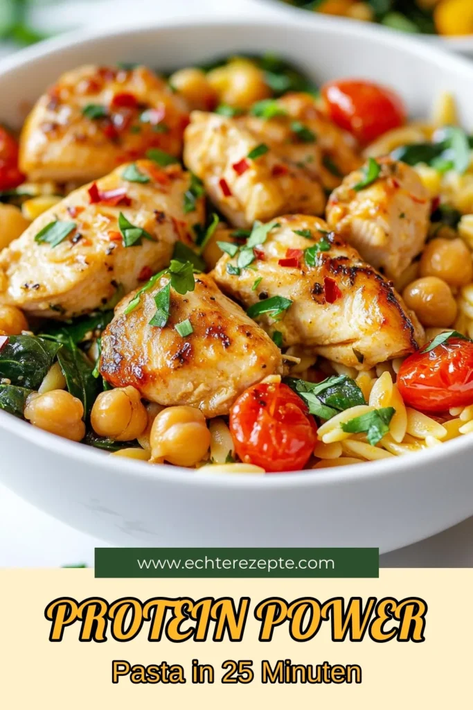 Entdecke unser gesundes und proteinreiches Hähnchen-Orzo-Nudeln Rezept! Diese Proteinreiche Hähnchenpasta ist vollgepackt mit frischem Spinat, Kirschtomaten und Kichererbsen für ein nahrhaftes Gericht. Perfekt für alle, die gesunde Pasta Gerichte lieben. Probiere dieses einfache Rezept und gönne dir eine köstliche Mahlzeit! Speichere dir das Rezept für später! #HähnchenMitSpinat #OrzoNudelnRezept #GesundePastaGerichte #KichererbsenRezept