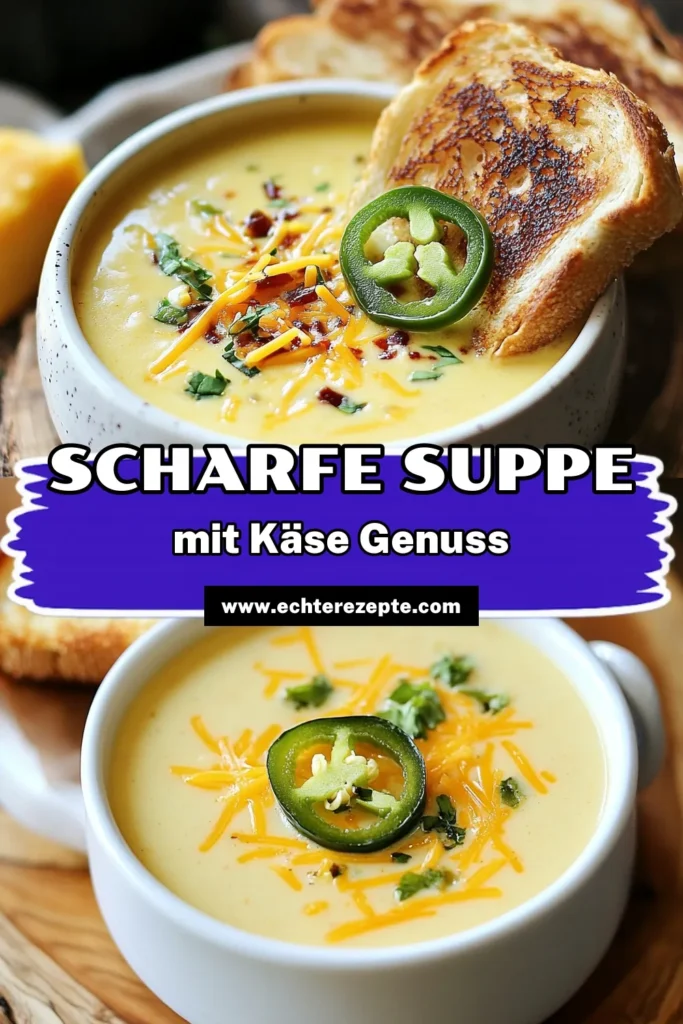 Entdecke das Rezept für scharfe Jalapeno-Popper-Suppe, eine cremige und leckere Option für kalte Tage. Diese einfache Suppe mit Käse wird perfekt ergänzt durch ein gegrilltes Käse-Sandwich. Mit wenigen Zutaten zauberst du eine schmackhafte Mahlzeit, die deine Familie lieben wird. Probiere unser einfaches Suppenrezept und genieße die Kombination aus Schärfe und Käse. Klicke auf Merken für mehr köstliche Ideen! #JalapenoPopperSuppe #ScharfeSuppeMitKäse #EinfacheSuppenrezepte #GegrilltesKäseSandwich