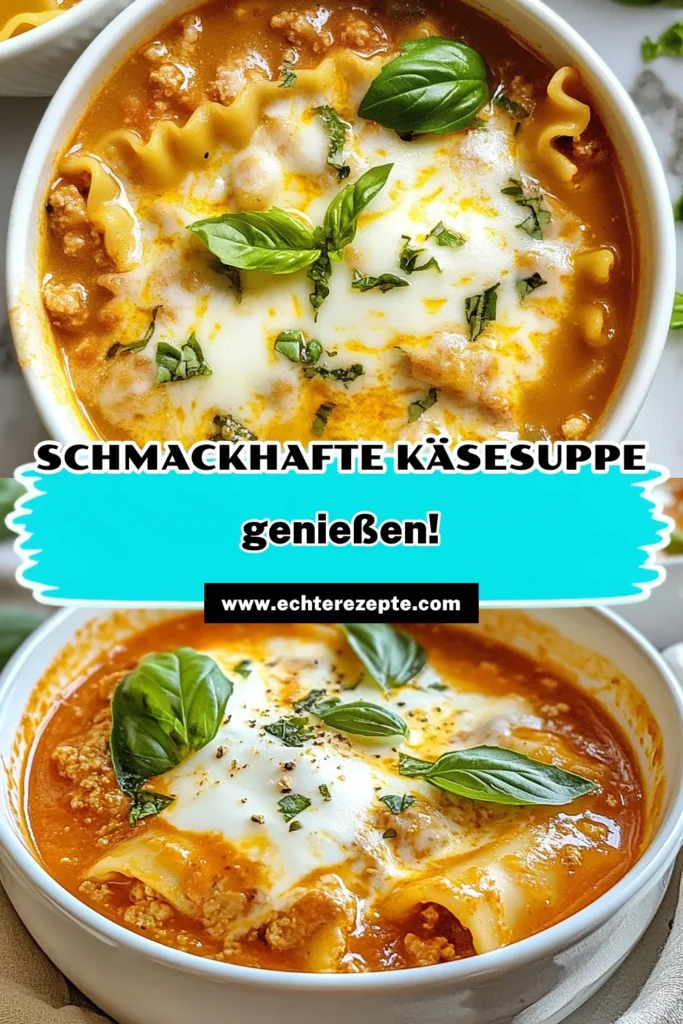 Entdecken Sie unser Rezept für cremige Lasagna Suppe, die mit zartem Ricotta-Käse und italienischen Aromen begeistert. Diese Käse Lasagna Suppe ist die perfekte italienische Suppe mit Pasta für ein schnelles Abendessen. Nutzen Sie einfache Zutaten, um eine herzhafte Mahlzeit in nur 40 Minuten zuzubereiten. Lassen Sie sich von diesem Ricotta Käse Rezept inspirieren und probieren Sie es aus! Speichern Sie es für später! #KäseLasagnaSuppe #CremigeLasagnaSuppe #RicottaKäseRezept #ItalienischeSuppeMitPasta