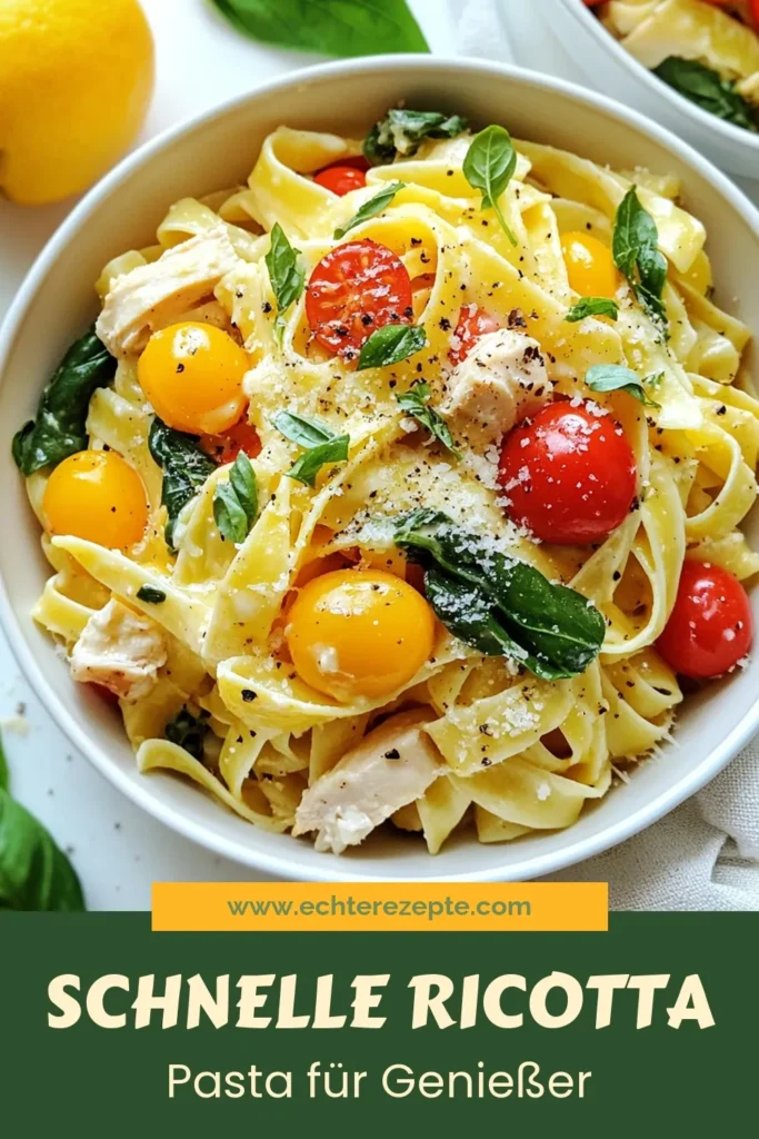 Entdecken Sie unser schnelles und leckeres Rezept für cremige Ricotta Pasta mit Hühnchen! Diese Hühnchen Pasta Rezept vereint zarte Hähnchenbrust, frischen Spinat und köstlichen Ricotta Käse zu einem unschlagbaren italienischen Pasta Gericht. Perfekt für ein schnelles Abendessen, das in nur 25 Minuten zubereitet ist. Speichern Sie dieses cremige Ricotta Pasta Rezept für Ihre nächste Mahlzeit! #CremigeRicottaPasta #HühnchenPastaRezept #schnellePastamitHähnchen #italienischePastaGerichte