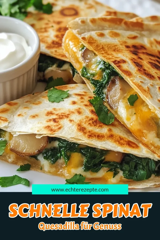 Entdecken Sie unser köstliches Rezept für Spinat Quesadilla und Champignon Quesadilla! Diese vegetarische Quesadilla ist einfach zuzubereiten und perfekte gesunde Quesadilla Ideen für jeden Tag. Mit Mozzarella-Käse und frischem Spinat ist sie ein Hit bei der ganzen Familie. Probieren Sie dieses vielseitige, gesunde Quesadilla Rezept aus und genießen Sie jede Biss! Speichern Sie es jetzt für Ihre nächste Mahlzeit! #SpinatQuesadilla #ChampignonQuesadilla #VegetarischeRezepte #GesundeEssen