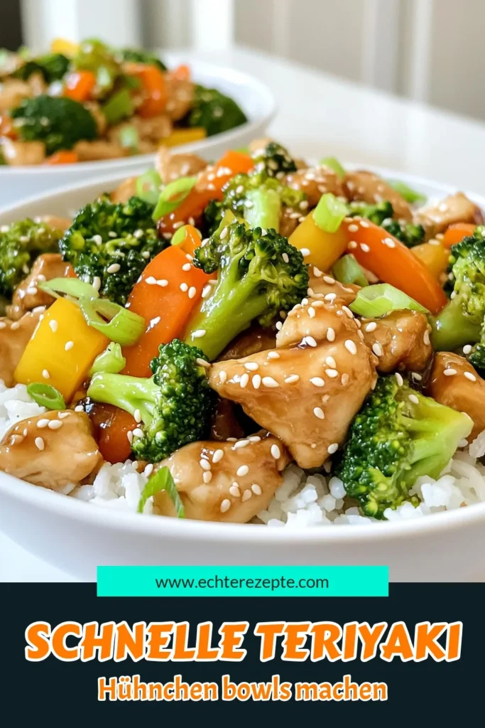 Entdecke die köstlichen und einfachen Schnelle Teriyaki-Hühnchen-Schüsseln, die in nur 20 Minuten zubereitet sind! Mit saftigem Hähnchen, frischem Gemüse und aromatischer Teriyaki-Sauce, sind diese Schüsseln perfekt für ein schnelles Abendessen. Klicke, um das Rezept zu erkunden und deinen Speiseplan aufzupeppen! #TeriyakiHühnchen #SchnelleRezepte #GesundeEssen #DinnerInspiration