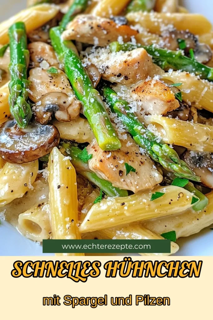 Entdecke das köstliche Rezept für Pilz Spargel Hühnchen Pasta! Diese schnelle Hühnchen Pasta mit Penne, Spargel und frischen Champignons ist perfekt für ein einfaches Abendessen. In nur 30 Minuten zauberst du Penne mit Hühnchen und Gemüse, die jedem schmecken. Probiere es aus und bewerte dein Lieblingsgericht! #PilzSpargelHühnchenPasta #schnelleHühnchenPasta #RezeptfürPilzSpargelPenne #italienischePasta