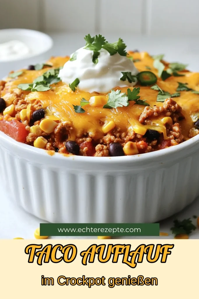 Entdecke unser einfaches Rezept für einen köstlichen Crockpot Taco Auflauf! Dieses mexikanische Comfort-Food vereint gesunde Abendessen Ideen und ist perfekt für stressfreie Mahlzeiten. Mit magerem Fleisch, Bohnen und Käse ist dieser schnelle Crockpot Rezept ein Hit für die ganze Familie. Probiere es aus und lasse dich von seinem Geschmack überraschen! Speichere das Rezept für deinen nächsten Abend. #CrockpotRezept #TacoAuflauf #MexikanischesEssen #GesundesEssen