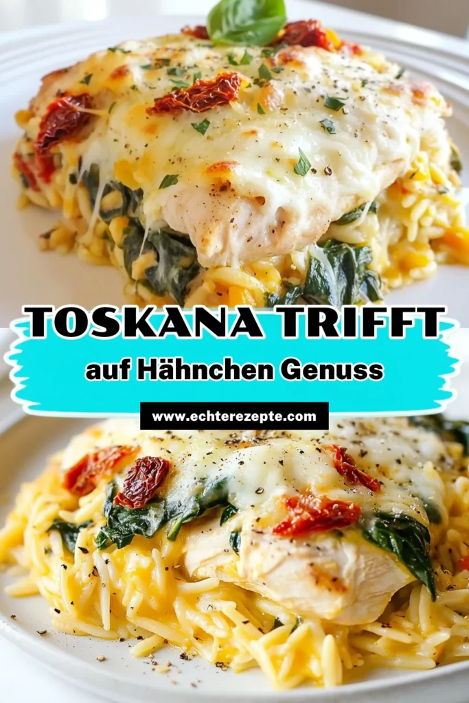 Entdecken Sie unser köstliches Toskanisches Hühnchen Rezept mit Orzo-Nudeln Auflauf! Dieses Hähnchenbrustfilets Gericht vereint die Aromen der italienischen Küche und ist perfekt für ein Familienessen. Mit frischem Spinat und einem cremigen Käseauflauf wird es zum Highlight auf Ihrem Tisch. Probieren Sie es aus und bringen Sie ein Stück Italien nach Hause! Speichern Sie dieses Rezept für Ihre nächste Kochsession. #ToskanischesHühnchen #OrzoNudeln #Käseauflauf # italienischeKüche