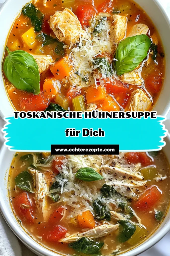 Entdecke das köstliche Rezept für toskanische Hühnersuppe, eine gesunde Suppe, die die Aromen der mediterranen Küche vereint. Dieses Hühnersuppe Rezept ist einfach zuzubereiten und enthält zarte Hühnerbrust, frisches Gemüse und Cannellini-Bohnen. Perfekt für kühle Tage! Probiere es aus und teile deine Kreation! #toskanischehühnersuppe #hühnersupperezept #gesundesuppe #mediterraneküche
