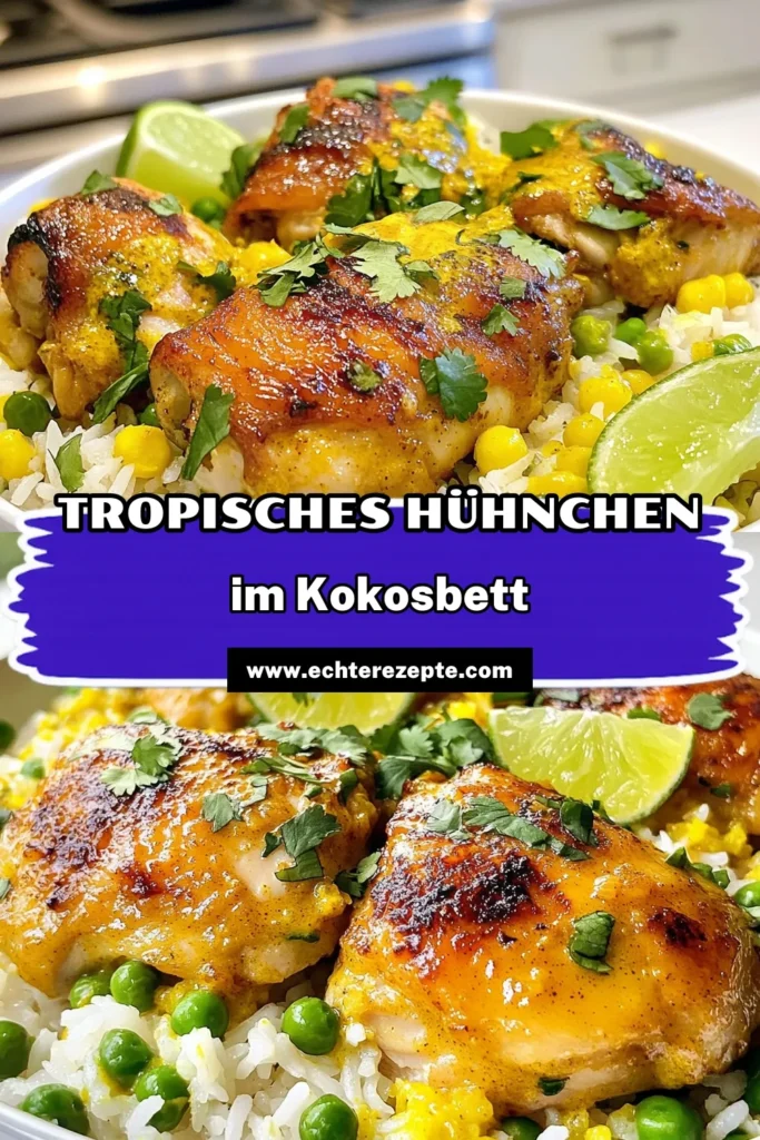 Entdecken Sie dieses tropische Kokosnuss-Hühnchen Rezept, das mit zartem Jasminreis und cremiger Kokosmilch zubereitet wird. Dieses einfaches Hühnchen Rezept kombiniert aromatische Zutaten wie Currypulver und frischen Ingwer für ein unvergleichliches Geschmackserlebnis. Perfekt für ein schnelles Abendessen! Speichern Sie das Rezept für ein köstliches, exotisches Gericht. #KokosmilchRezept #JasminreisZubereiten #CurrypulverHühnchen #einfachesHühnchenRezept