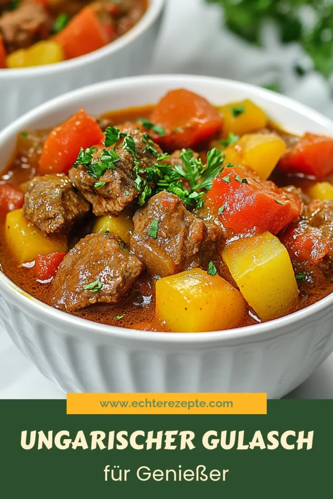 Entdecken Sie unser unwiderstehliches Gulasch Rezept für einen authentischen Ungarischen Gulasch! Dieses köstliche Gericht mit zartem Rinderbraten und reichhaltiger Paprika ist ein Highlight der ungarischen Küche. Perfekt für jeden Anlass, wird dieser Paprika Gulasch Ihre Gäste begeistern. Probieren Sie unser Rezept aus und genießen Sie den herzhaften Geschmack selbst! Speichern Sie es jetzt für Ihr nächstes Kocherlebnis! #UngarischerGulasch #GulaschRezept #RinderbratenGulasch #UngarischeKüche