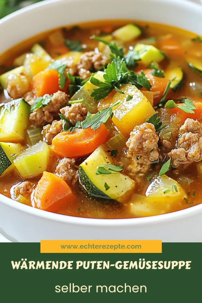 Entdecke dieses köstliche Puten-Gemüsesuppe Rezept, das einfach zuzubereiten ist und perfekt für eine gesunde Suppe mit Putenfleisch geeignet ist. Diese kalorienarme Suppe ist nicht nur nahrhaft, sondern auch eine herzhafte Suppe mit Gemüse, die in nur 45 Minuten auf dem Tisch steht. Probiere es aus und genieße eine leckere Mahlzeit! Speichere das Rezept für später! #PutenGemüsesuppe #GesundeKüche #KalorienarmeSuppe #EinfacheRezepte