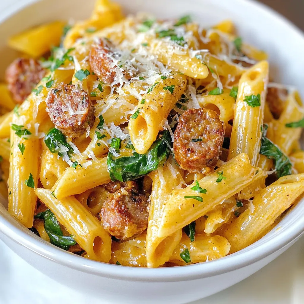 Für die cremige Cajun-Wurst-Pasta benötigst du folgende Hauptzutaten: - 225 g Penne oder Rigatoni - 2 Esslöffel Olivenöl - 450 g geräucherter Wurst, in Scheiben geschnitten - 1 Zwiebel, gewürfelt - 3 Knoblauchzehen, fein gehackt - 1 Paprika, gewürfelt - 1 Dose gewürfelte Tomaten - 240 ml Schlagsahne - 1 Esslöffel Cajun-Gewürz - 1 Tasse frische Spinatblätter - Salz und Pfeffer - Geriebener Parmesan zum Servieren - Frische Petersilie zum Garnieren Die Wahl der Wurst ist wichtig. Ich empfehle, Andouille oder Kielbasa zu verwenden. Diese Wurstsorten bringen viel Geschmack. Andouille hat eine rauchige Note. Kielbasa ist mild und herzhaft. Beide passen gut zu den Gewürzen und den Aromen der Pasta. Cajun-Gewürz ist ein Muss. Es fügt Würze und Tiefe hinzu. Du kannst die Menge anpassen, je nach deinem Schärfewunsch. Salz und Pfeffer sind ebenfalls wichtig. Sie heben den Geschmack der anderen Zutaten. Frische Petersilie bringt Farbe und Frische. Verwende auch Knoblauch. Sein Aroma macht das Gericht noch besser. {{ingredient_image_2}} Bringe einen großen Topf mit leicht gesalzenem Wasser zum Kochen. Füge 225 g Penne oder Rigatoni hinzu. Koche die Pasta nach Packungsanleitung, bis sie al dente ist. Das dauert etwa 10-12 Minuten. Gieße die Pasta ab und stelle sie beiseite. Erhitze in einer großen Pfanne 2 Esslöffel Olivenöl bei mittlerer Hitze. Gib 450 g geräucherte Wurst in Scheiben hinein. Brate die Wurst für etwa 5-7 Minuten an, bis sie goldbraun ist. Füge dann 1 gewürfelte Zwiebel, 1 gewürfelte Paprika und 3 fein gehackte Knoblauchzehen hinzu. Sautiere alles für 3-4 Minuten, bis das Gemüse weich wird. Rühre 1 Dose gewürfelte Tomaten (mit Saft) und 1 Esslöffel Cajun-Gewürz in die Pfanne. Lass die Mischung aufkochen und 3-5 Minuten köcheln. Reduziere die Hitze und gieße 240 ml Schlagsahne hinein. Rühre gut um und lasse die Sauce 2-3 Minuten leicht köcheln. Gib dann die gekochte Pasta und 1 Tasse frische Spinatblätter in die Pfanne. Vermenge alles gut, bis die Pasta mit der cremigen Sauce überzogen ist. Schmecke mit Salz und Pfeffer ab und koche für weitere 2-3 Minuten. Serviere die Pasta mit geriebenem Parmesan und frischer Petersilie. Um die perfekte Sauce zu schaffen, beachten Sie diese Schritte: - Verwenden Sie frische Zutaten. - Lassen Sie die Sauce leicht köcheln. - Rühren Sie die Schlagsahne gut ein. - Fügen Sie das Cajun-Gewürz nach und nach hinzu, um die Schärfe zu kontrollieren. Eine gut eingekochte Sauce verbindet alle Aromen und sorgt für ein reichhaltiges Geschmackserlebnis. Einige häufige Fehler können das Gericht ruinieren: - Überkochen der Pasta führt zu matschiger Konsistenz. - Zu viel Hitze kann die Sahne gerinnen lassen. - Vergessen, die Sauce mit Salz und Pfeffer abzuschmecken, mindert den Geschmack. Achten Sie darauf, jeden Schritt sorgfältig auszuführen. Effizientes Zeitmanagement macht das Kochen einfacher: - Kochen Sie die Pasta, während Sie die Wurst anbraten. - Hacken Sie das Gemüse im Voraus, um Zeit zu sparen. - Halten Sie alle Zutaten bereit, bevor Sie mit dem Kochen beginnen. So bleiben Sie entspannt und genießen das Kochen mehr. Pro Tipps Pasta al dente kochen: Achten Sie darauf, die Pasta nur bis zur al dente Konsistenz zu kochen. Sie wird beim Mischen mit der Sauce noch etwas nachgaren und sorgt somit für die perfekte Textur. Kräuter frisch hinzufügen: Fügen Sie die frische Petersilie erst kurz vor dem Servieren hinzu, um ihren Geschmack und ihre Farbe optimal zur Geltung zu bringen. Wurstvariationen: Experimentieren Sie mit verschiedenen Wurstsorten, wie Chorizo oder italienischer Wurst, um neue Geschmacksrichtungen zu entdecken. Reste kreativ verwenden: Verwenden Sie Reste für eine köstliche Frittata oder als Füllung für Wraps, um das Gericht in einer neuen Form zu genießen. {{image_4}} Wenn Sie eine vegetarische Version der cremigen Cajun-Wurst-Pasta möchten, gibt es einfache Optionen. Statt Wurst können Sie gebratene Champignons oder Tofu verwenden. Diese bringen auch einen tollen Geschmack. Achten Sie darauf, das Cajun-Gewürz gut zu verwenden. Es gibt der Sauce einen schönen Kick. Fügen Sie auch mehr Gemüse hinzu, um die Mahlzeit nahrhaft zu machen. Zucchini oder Auberginen sind perfekte Ergänzungen. Um mehr Geschmack in Ihre Pasta zu bringen, probieren Sie verschiedene Gemüsesorten. Brokkoli oder grüne Bohnen passen gut dazu. Diese Gemüse können Sie einfach mit der Zwiebel und Paprika anbraten. Auch Mais bringt eine süße Note, die toll harmoniert. Nutzen Sie saisonale Gemüse, um das Gericht frisch und bunt zu halten. So machen Sie Ihre Pasta noch gesünder und schmackhafter. Die Art der Pasta kann das Gericht stark verändern. Penne oder Rigatoni sind klassisch, aber Sie können auch Fusilli oder Farfalle verwenden. Diese Formen halten die Sauce gut fest. Wenn Sie etwas anderes ausprobieren möchten, nutzen Sie auch Vollkorn- oder Linsenpasta. Diese sind nahrhaft und glutenfrei. Experimentieren Sie mit verschiedenen Sorten, um Ihre perfekte Kombination zu finden. Um die Reste deiner cremigen Cajun-Wurst-Pasta frisch zu halten, lagere sie in einem luftdichten Behälter. Lass die Pasta auf Raumtemperatur abkühlen, bevor du sie in den Kühlschrank stellst. So vermeidest du, dass sich Feuchtigkeit bildet. Du kannst die Reste bis zu vier Tage im Kühlschrank aufbewahren. Um die Pasta wieder zu erwärmen, nutze einen Topf oder eine Mikrowelle. Erhitze sie bei schwacher Hitze und füge etwas Wasser oder Brühe hinzu, um die Sauce wieder cremig zu machen. Rühre häufig um, damit die Pasta gleichmäßig warm wird. So bleibt der Geschmack frisch und lecker. Im Kühlschrank hält die Pasta bis zu vier Tage. Wenn du sie länger aufbewahren möchtest, friere sie ein. In einem luftdichten Behälter kann die Pasta bis zu drei Monate im Gefrierschrank bleiben. Achte darauf, sie gut zu verpacken, damit sie nicht austrocknet. Wenn du bereit bist, sie zu essen, taue sie einfach im Kühlschrank auf und erwärme sie wie oben beschrieben. Um die Schärfe zu ändern, können Sie das Cajun-Gewürz anpassen. Mögen Sie es milder? Reduzieren Sie die Menge. Für mehr Schärfe können Sie zusätzlich Cayenne-Pfeffer verwenden. Fügen Sie ihn nach und nach hinzu, bis die gewünschte Schärfe erreicht ist. Denken Sie daran, dass auch die Wurst scharf sein kann. Wählen Sie eine milde Wurst, wenn Sie es nicht so scharf mögen. Ja, Sie können die Sahne ersetzen. Eine gute Alternative ist Kokosmilch für einen leichten, süßen Geschmack. Alternativ können Sie auch griechischen Joghurt verwenden. Dieser macht die Sauce cremig, hat aber weniger Fett. Achten Sie darauf, ihn nicht zu kochen, um die Konsistenz zu bewahren. Ja, es gibt viele glutenfreie Pasta-Optionen. Suchen Sie nach Sorten aus Reis, Mais oder Linsen. Diese sind in den meisten Supermärkten erhältlich. Kochen Sie die glutenfreie Pasta nach den Anweisungen auf der Verpackung, um die beste Textur zu erreichen. Zum Schluss haben wir die wichtigsten Zutaten und Schritte für das perfekte Gericht besprochen. Der Einsatz passender Würste und Gewürze macht einen großen Unterschied. Mit meinen Tipps zur Sauce und der Zubereitung vermeidest du häufige Fehler. Variationen, wie vegetarische Alternativen, bieten spannende Optionen. Denke an die richtigen Lagerungshinweise für Reste. So kannst du dein Gericht auch später genießen. Probiere die verschiedenen Ideen aus und finde deinen Favoriten. Gutes Kochen macht Freude!