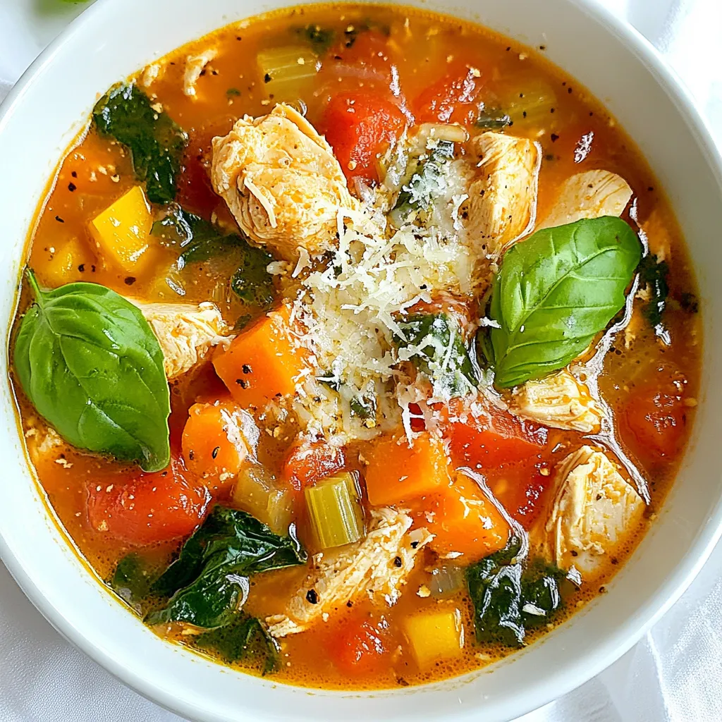 Für diese herzhafte Suppe brauchst du frische und gesunde Zutaten. Hier sind die Hauptzutaten: - 450 g Hühnerbrustfilets, ohne Haut und Knochen, gewürfelt - 1 Esslöffel Olivenöl - 1 mittelgroße Zwiebel, gehackt - 2 Knoblauchzehen, fein gehackt - 2 mittelgroße Karotten, gewürfelt - 2 Selleriestangen, gewürfelt - 1 Dose (400 g) gehackte Tomaten, mit Saft - 1 Liter Hühnerbrühe - 1 Dose (400 g) Cannellini-Bohnen, abgespült und abgetropft - 2 Tassen frischer Spinat, grob gehackt Diese Zutaten sorgen für einen vollen und reichen Geschmack. Sie bringen die Aromen der Toskana direkt in deine Küche. Die richtige Würze macht die Suppe besonders lecker. Hier sind die Gewürze und Kräuter, die du brauchst: - 1 Teelöffel getrockneter Oregano - 1 Teelöffel getrocknetes Basilikum - Salz und Pfeffer nach Geschmack Diese Gewürze geben der Suppe den typischen toskanischen Geschmack. Oregano und Basilikum bringen frische und Kräuternoten in jedes Löffelchen. Frische Beilagen machen die Suppe noch besser. Hier sind einige Vorschläge: - Frisches Brot zum Dippen - Ein einfacher grüner Salat - Geröstete Gemüse Diese Beilagen ergänzen die Suppe perfekt. Sie bringen Farbe und zusätzliche Textur auf deinen Tisch. {{ingredient_image_2}} Zuerst bereite die Hühnerbrust vor. Du brauchst 450 g gewürfelte Hühnerbrustfilets. Achte darauf, dass sie ohne Haut und Knochen sind. Das sorgt für zarte Stücke in deiner Suppe. Jetzt erhitze 1 Esslöffel Olivenöl in einem großen Topf bei mittlerer Hitze. Wenn das Öl heiß ist, füge das Hähnchen hinzu. Brate es etwa 5-7 Minuten an, bis es goldbraun ist. Dies gibt dem Fleisch einen tollen Geschmack. Nimm das Hähnchen danach aus dem Topf und lege es beiseite. Im gleichen Topf kommt das Gemüse. Zuerst gib 1 gehackte Zwiebel und 2 fein gehackte Knoblauchzehen hinein. Das duftet wunderbar! Füge 2 gewürfelte Karotten und 2 gewürfelte Selleriestangen hinzu. Brate alles für etwa 5 Minuten an, bis das Gemüse weich wird. Diese Mischung sorgt für eine geschmackvolle Basis deiner Suppe. Jetzt wird es spannend! Rühre die Dose mit 400 g gehackten Tomaten und 1 Liter Hühnerbrühe unter das Gemüse. Dann kommt das vorgebratene Hähnchen zurück in den Topf. Bringe alles zum Simmern. Das ist der Moment, in dem die Aromen beginnen sich zu vermischen. Füge 1 Dose Cannellini-Bohnen, 2 Tassen grob gehackten Spinat, 1 Teelöffel getrockneten Oregano, 1 Teelöffel getrocknetes Basilikum sowie Salz und Pfeffer nach Geschmack hinzu. Lass die Suppe 10-15 Minuten köcheln. Probiere die Suppe und passe die Gewürze an, wie du es magst. Jetzt bist du bereit, die Suppe zu servieren! Garniere sie mit geriebenem Parmesan und frischen Basilikumblättern. Guten Appetit! Um den Geschmack deiner toskanischen Hühnersuppe zu vertiefen, gibt es einige einfache Tricks. Nutze frische Kräuter, wenn möglich. Frischer Basilikum und Oregano bringen das Aroma wirklich zur Geltung. Ein Spritzer Zitronensaft vor dem Servieren kann die Aromen aufhellen. Auch ein Schuss Balsamico-Essig verstärkt die Tiefe der Suppe. Das Anbraten des Huhns ist entscheidend. Durch das Anbraten erhält das Hähnchen eine goldene Farbe und einen reichen Geschmack. Achte darauf, das Gemüse gut zu braten, bis es weich ist. Diese Technik sorgt dafür, dass die Aromen sich gut vermischen. Das langsame Köcheln nach dem Hinzufügen der Brühe lässt die Zutaten weich werden und die Aromen vereinen. Die richtige Gewürzabstimmung macht den Unterschied. Beginne mit Salz und Pfeffer. Diese Grundgewürze bringen die anderen Zutaten zur Geltung. Oregano und Basilikum sind klassische Begleiter. Probiere die Suppe während des Kochens. So kannst du die Gewürze anpassen und das perfekte Gleichgewicht finden. Pro Tipps Frisches Hähnchen verwenden: Verwende frische Hühnerbrustfilets für die beste Textur und den besten Geschmack in der Suppe. Aromen intensivieren: Ein Spritzer frisches Olivenöl vor dem Servieren hebt die Aromen der Suppe hervor. Gemüse variieren: Fühle dich frei, das Gemüse anzupassen oder saisonales Gemüse hinzuzufügen, um die Suppe nach deinem Geschmack zu gestalten. Vorbereitung im Voraus: Du kannst die Suppe im Voraus zubereiten und im Kühlschrank aufbewahren, da sie am nächsten Tag oft noch besser schmeckt. {{image_4}} Du kannst die Hühnersuppe leicht vegetarisch machen. Ersetze das Huhn durch Tofu oder Kichererbsen. Diese Optionen bringen Protein und Textur. Verwende Gemüsebrühe statt Hühnerbrühe. Du kannst auch mehr Gemüse wie Zucchini oder Paprika hinzufügen. So bleibt die Suppe lecker und nahrhaft. Wenn du mehr Protein möchtest, probiere Quinoa oder Linsen. Sie sind gesund und sättigend. Füge sie während des Kochens hinzu. Sie brauchen etwas mehr Zeit zum Garen. Du kannst auch Fisch oder Garnelen verwenden, wenn du eine andere Proteinquelle möchtest. Diese geben der Suppe einen neuen Geschmack. Die Toskanische Hühnersuppe ist sehr anpassbar. Du kannst verschiedene Gemüsesorten verwenden. Brokkoli, grüne Bohnen oder Erbsen passen gut. Diese Gemüsesorten bringen Farbe und Nährstoffe. Experimentiere mit saisonalem Gemüse. So bleibt die Suppe frisch und spannend. Es ist wichtig, die Toskanische Hühnersuppe richtig zu lagern. Lass die Suppe zuerst auf Raumtemperatur abkühlen. Dann füllst du sie in einen luftdichten Behälter. So bleibt die Suppe frisch und schmackhaft. Du kannst die Suppe bis zu drei Tage im Kühlschrank aufbewahren. Achte darauf, sie vor dem Servieren gut durchzurühren. Wenn du die Suppe länger aufbewahren möchtest, friere sie ein. Verwende dafür einen gefriergeeigneten Behälter. Fülle die Suppe bis zur Hälfte, damit sie beim Ausdehnen keinen Platzmangel hat. Beschrifte den Behälter mit dem Datum. So weißt du, wie lange sie schon gefroren ist. Die Suppe hält sich bis zu drei Monate im Gefrierfach. Um die Suppe aufzuwärmen, nimm sie aus dem Kühlschrank oder Gefrierfach. Wenn sie gefroren ist, lass sie über Nacht im Kühlschrank auftauen. Erhitze die Suppe in einem Topf bei mittlerer Hitze. Rühre regelmäßig um, damit sie gleichmäßig warm wird. Du kannst auch einen Schuss Wasser oder Brühe hinzufügen, falls sie zu dick ist. So bleibt die Konsistenz perfekt. Die Toskanische Hühnersuppe hält sich im Kühlschrank etwa 3 bis 4 Tage. Stelle sicher, dass sie in einem luftdichten Behälter ist. So bleibt sie frisch. Du kannst sie auch in Portionen teilen. So ist das Aufwärmen einfacher. Ja, du kannst die Suppe im Voraus zubereiten. Sie schmeckt sogar besser, wenn die Aromen Zeit zum Mischen haben. Koche sie einfach und lass sie abkühlen, bevor du sie in den Kühlschrank stellst. Wenn du bereit bist, sie zu essen, erhitze sie langsam auf dem Herd. Neben Parmesan kannst du auch Pecorino verwenden. Dieser Käse hat einen kräftigeren Geschmack. Feta ist eine weitere Option für etwas mehr Würze. Du kannst auch Mozzarella probieren, der schmilzt gut und gibt eine cremige Textur. Die toskanische Hühnersuppe ist einfach und lecker. Wir haben die Hauptzutaten, Gewürze und frische Beilagen besprochen. Ich gab Tipps zur Zubereitung und Tricks zur Verbesserung des Geschmacks. Zudem schauten wir uns Variationen und Aufbewahrung an. Zusammenfassend sind diese Schritte und Hinweise nützlich für jede Küche. Probiere diese Suppe aus. Du wirst es nicht bereuen!