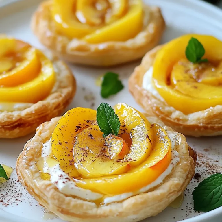 Für die Pfirsich-Cremekäse-Törtchen benötigen Sie einige wichtige Zutaten. Diese sind: - 1 Packung Blätterteig (aufgetaut) - 225 g Frischkäse, weich - 30 g Puderzucker - 1 Teelöffel Vanilleextrakt - 2 reife Pfirsiche, dünn geschnitten - 1 Esslöffel Honig - 1/2 Teelöffel Zimt - 1 Ei (zum Bestreichen) - Frische Minzblätter zur Garnitur Diese Zutaten ergeben die perfekte Basis für die Törtchen. Der Blätterteig gibt einen knusprigen Biss. Der Frischkäse sorgt für die cremige Füllung. Die Pfirsiche bringen Frische und Süße. Sie können die Törtchen leicht anpassen. Hier sind einige Ideen: - Andere Früchte: Versuchen Sie Äpfel, Birnen oder Beeren. - Nüsse: Fügen Sie gehackte Mandeln oder Walnüsse hinzu. - Gewürze: Experimentieren Sie mit Muskatnuss oder Vanillezucker. Diese Variationen machen Ihre Törtchen einzigartig. Sie können die Aromen nach Ihrem Geschmack gestalten. Die Qualität der Zutaten ist wichtig. Hier sind einige Tipps: - Frischkäse: Wählen Sie einen hochwertigen, cremigen Frischkäse. Dadurch wird die Füllung besonders lecker. - Pfirsiche: Achten Sie darauf, dass die Pfirsiche reif und saftig sind. Dies sorgt für den besten Geschmack. - Blätterteig: Verwenden Sie einen guten Blätterteig. Dieser sollte leicht und luftig sein. Gute Zutaten machen einen großen Unterschied. Sie tragen dazu bei, dass Ihre Pfirsich-Cremekäse-Törtchen köstlich und ansprechend werden. {{ingredient_image_2}} Zuerst heizen Sie den Ofen auf 200°C vor. Nehmen Sie die Packung Blätterteig und lassen Sie sie auftauen. Rollen Sie den Teig auf einer leicht bemehlten Fläche aus. Machen Sie ihn glatt und etwas dünner. Jetzt stechen Sie mit einem Ausstecher oder einer runden Form Kreise von etwa 10 cm Durchmesser aus. Legen Sie die Teigkreise auf ein Backblech mit Backpapier. Stechen Sie mit einer Gabel kleine Löcher in die Mitte jedes Kreises. Achten Sie darauf, einen Rand von 1,5 cm frei zu lassen. In einer Rührschüssel geben Sie den weichen Frischkäse. Rühren Sie ihn glatt. Fügen Sie dann den Puderzucker und den Vanilleextrakt hinzu. Mischen Sie alles gut, bis die Mischung cremig ist. Diese Mischung wird die Grundlage für Ihre Törtchen. Verteilen Sie die Frischkäsemischung gleichmäßig auf jedem Teigkreis. Lassen Sie den Rand frei, damit der Teig beim Backen aufgehen kann. Legen Sie dann die dünn geschnittenen Pfirsiche gleichmäßig darüber. In einer kleinen Schüssel vermengen Sie den Honig und den Zimt. Träufeln Sie diese Mischung über die Pfirsiche. Schlagen Sie das Ei in einer kleinen Schüssel auf. Bestreichen Sie die Ränder des Teigs mit der Ei-Mischung. Dies gibt den Törtchen eine schöne goldbraune Farbe beim Backen. Backen Sie die Törtchen 15-18 Minuten im Ofen. Sie sind fertig, wenn der Teig aufgegangen und goldbraun ist. Lassen Sie sie kurz abkühlen und garnieren Sie sie mit frischen Minzblättern. Ein häufiger Fehler ist, den Blätterteig nicht genug auszurollen. Rollen Sie ihn dünn, damit die Törtchen schön knusprig sind. Achten Sie darauf, die Ränder der Teigkreise nicht zu beschichten. Wenn Sie den Rand verdecken, geht der Teig nicht auf. Vergessen Sie nicht, Löcher in die Mitte zu stechen. Sonst könnten die Törtchen beim Backen aufblähen. Für die perfekte Füllung mischen Sie den Frischkäse gut. Er sollte glatt und cremig sein. Der Puderzucker hilft, die Mischung süß zu machen, ohne sie zu schwer zu machen. Wenn die Mischung zu dick ist, fügen Sie einen Spritzer Milch hinzu. Das sorgt für eine samtige Konsistenz. Die Pfirsiche sollten reif, aber fest sein. So behalten sie beim Backen ihre Form. Die Präsentation macht viel aus. Garnieren Sie die Törtchen mit frischen Minzblättern. Das sieht nicht nur hübsch aus, sondern bringt auch einen frischen Geschmack. Servieren Sie die Törtchen warm oder bei Raumtemperatur. Sie passen gut zu einer Tasse Tee oder Kaffee. Ein wenig Puderzucker oben drauf macht die Törtchen noch ansprechender. Pro Tipps Blätterteig vorbereiten: Stellen Sie sicher, dass der Blätterteig vollständig aufgetaut ist, bevor Sie ihn ausrollen, um ein gleichmäßiges Backen zu gewährleisten. Frischkäse-Temperatur: Lassen Sie den Frischkäse vor der Verwendung auf Raumtemperatur kommen, damit er sich leicht und gleichmäßig mit den anderen Zutaten vermengen lässt. Pfirsiche schneiden: Verwenden Sie reife, aber feste Pfirsiche, damit sie beim Backen nicht zerfallen und ihre Form behalten. Garnitur hinzufügen: Für zusätzlichen Geschmack können Sie die Minzblätter kurz vor dem Servieren leicht zerreißen, um deren Aroma zu intensivieren. {{image_4}} Wenn Sie Pfirsiche nicht mögen oder sie nicht zur Hand haben, probieren Sie andere Früchte. Äpfel, Birnen oder sogar Beeren sind tolle Optionen. Diese Früchte bringen ihren eigenen Geschmack und passen gut zur Cremekäsefüllung. Schneiden Sie sie einfach in dünne Scheiben, genau wie die Pfirsiche. Sie können auch eine Mischung aus verschiedenen Früchten verwenden. So wird jedes Törtchen einzigartig und köstlich. Für eine glutenfreie Variante können Sie glutenfreien Blätterteig verwenden. Viele Marken bieten diesen an. Achten Sie darauf, die Zutatenliste zu lesen, um sicherzustellen, dass er wirklich glutenfrei ist. Alternativ können Sie eine Mischung aus Mandeln und Kokosmehl für den Boden verwenden. Diese Mischung gibt dem Törtchen eine nussige Note, die sehr gut zu den anderen Aromen passt. Um den Törtchen mehr Tiefe zu verleihen, können Sie zusätzliche Geschmäcker hinzufügen. Zum Beispiel einen Hauch von Zitrone oder Limette in die Frischkäsefüllung. Das sorgt für einen frischen, spritzigen Geschmack. Auch eine Prise Muskatnuss kann den Törtchen eine besondere Note geben. Experimentieren Sie mit verschiedenen Kräutern oder Gewürzen, um Ihren eigenen Stil zu finden. Das macht das Kochen noch spannender! Die Pfirsich-Cremekäse-Törtchen sind am besten frisch. Wenn du sie aufbewahren musst, lege sie in einen luftdichten Behälter. Das schützt sie vor Luft und Feuchtigkeit. Stelle sicher, dass die Törtchen nicht übereinanderliegen. So bleibt die Füllung intakt und der Teig knusprig. Wenn du die Törtchen länger aufbewahren möchtest, friere sie ein. Lass sie zuerst vollständig abkühlen. Lege sie dann in einen gefrierfesten Behälter. Du kannst auch Backpapier zwischen die Törtchen legen. Das verhindert, dass sie zusammenkleben. Zum Auftauen legst du die Törtchen einfach in den Kühlschrank. So bleiben sie frisch und lecker. Im Kühlschrank halten die Törtchen etwa 2 bis 3 Tage. Achte darauf, dass sie gut verpackt sind. Nach ein paar Tagen kann der Teig weich werden. Wenn du einen knusprigen Biss willst, erwärme die Törtchen kurz im Ofen. So wird der Teig wieder schön knusprig. Du kannst die Törtchen bis zu zwei Tage im Voraus zubereiten. Bereite die Törtchen einfach vor, aber backe sie noch nicht. Lagere sie im Kühlschrank, bis du bereit bist, sie zu backen. So bleiben sie frisch und lecker. Wenn du sie backen möchtest, heize den Ofen vor und backe sie für etwa 15 bis 18 Minuten. Ja, du kannst frischen Frischkäse verwenden. Achte darauf, dass der Frischkäse weich und gut verrührt ist. Das sorgt für eine cremige Textur. Frischer Frischkäse hat einen tollen Geschmack und macht die Törtchen noch besser. Um die Törtchen aufzuwärmen, lege sie auf ein Backblech. Heize den Ofen auf 180°C vor. Backe die Törtchen für etwa 5 bis 8 Minuten. So werden sie wieder warm und knusprig. Du kannst auch die Mikrowelle nutzen, aber sie werden nicht so knusprig. Diese Anleitung zur Zubereitung von Pfirsich-Cremekäse-Törtchen deckt alles ab. Wir haben die wichtigen Zutaten, die Zubereitung und hilfreiche Tipps behandelt. Denke daran, frische Zutaten zu wählen und häufige Fehler zu vermeiden. Variiere die Aromen, um neue Geschmäcker zu entdecken. Mit den richtigen Lager- und Aufbewahrungshinweisen bleiben die Törtchen lange frisch. Nutze die FAQs für weitere Klarheit. Mit diesen Tipps kannst du leckere Törtchen genießen, die jeden beeindrucken. Viel Spaß beim Backen!