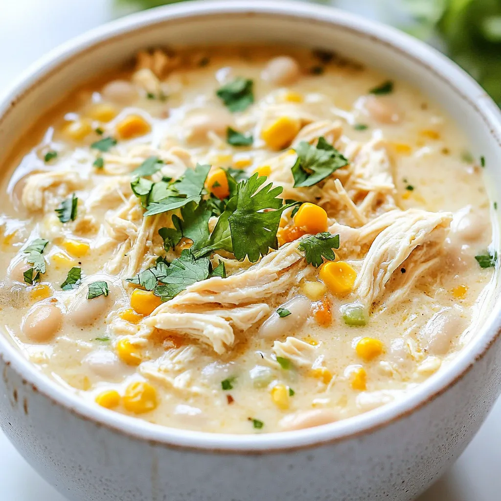 Für dieses leckere Gericht brauchen wir einige Hauptzutaten. Diese machen das Chili cremig und schmackhaft. Hier sind die wichtigsten Zutaten: - 450 g Hühnerbrustfilets, ohne Haut und Knochen - 2 Dosen (je 425 g) weiße Bohnen, abgetropft und gespült - 1 Dose (425 g) Mais, abgetropft - 1 Dose (115 g) gewürfelte grüne Chilis - 1 kleine Zwiebel, gewürfelt - 2 Knoblauchzehen, fein gehackt - 475 ml Hühnerbrühe - 225 g Frischkäse, weichgemacht Diese Zutaten sorgen für eine tolle Basis in deinem Crockpot. Die Würze macht das Chili besonders. Hier sind die Gewürze, die du hinzufügen solltest: - 1 Teelöffel gemahlener Kreuzkümmel - 1 Teelöffel Chilipulver - 1/2 Teelöffel Salz - 1/2 Teelöffel schwarzer Pfeffer Die Hühnerbrühe bringt alles zusammen und sorgt für einen guten Geschmack. Sie ist der Schlüssel zum perfekten Chili. Um das Chili zu garnieren, kannst du einige Toppings hinzufügen. Diese machen das Essen noch besser: - Geriebener Käse - Avocadoscheiben - Limettenspalten - 1/4 Tasse frischer Koriander, gehackt (zur Dekoration) Diese Toppings bringen Farbe und Frische auf den Tisch. Sie sind ganz nach deinem Geschmack. Experimentiere und finde deine Favoriten! {{ingredient_image_2}} Lege die Hühnerbrustfilets gleichmäßig in den Crockpot. Achte darauf, dass sie gut verteilt sind. Dies hilft beim gleichmäßigen Garen. Das Huhn bleibt saftig und zart in der Brühe. Jetzt füge die weißen Bohnen hinzu. Verwende Cannellini oder große Nordbohnen. Danach kommt der abgetropfte Mais. Die gewürfelten grünen Chilis sorgen für einen tollen Geschmack. Füge auch die gewürfelte Zwiebel und den gehackten Knoblauch hinzu. Diese Schichten machen das Chili bunt und schmackhaft. Streue den gemahlenen Kreuzkümmel, das Chilipulver, Salz und schwarzen Pfeffer gleichmäßig über die Zutaten. Diese Gewürze geben dem Gericht Tiefe. Gieße die Hühnerbrühe über alles. Achte darauf, dass alles gut bedeckt ist, um ein trockenes Chili zu vermeiden. Setze den Deckel auf den Crockpot. Koche das Chili auf niedriger Stufe für 6-7 Stunden. Alternativ kannst du es auf hoher Stufe für 3-4 Stunden kochen. Das Huhn sollte zart und gut durchgegart sein. So bekommst du die beste Konsistenz. Etwa 30 Minuten vor dem Servieren nimm die Hühnerbrustfilets heraus. Zerkleinere das Hähnchen mit zwei Gabeln. Gib das zerkleinerte Hähnchen wieder in den Topf. Schneide den weichen Frischkäse in kleine Würfel. Füge ihn hinzu und rühre gut um. Der Frischkäse macht das Chili cremig. Löffle das weiße Hühner-Chili in Schalen. Garniere es mit frischem Koriander. Du kannst auch geriebenen Käse, Avocadoscheiben oder Limettenspalten hinzufügen. Diese Toppings machen das Gericht noch leckerer. Um die besten Tex-Mex-Aromen zu erzielen, nutze frische Zutaten. Frischer Koriander bringt einen tollen Geschmack. Auch die Gewürze sind wichtig. Kreuzkümmel und Chilipulver sind ein Muss. Sie verleihen dem Chili eine tiefe, aromatische Note. Experimentiere mit der Menge, um den Geschmack zu verbessern. Füge Limettensaft hinzu, um die Aromen aufzufrischen. Ein häufiger Fehler ist, das Hühnchen nicht richtig vorzubereiten. Achte darauf, die Hühnerbrustfilets gleichmäßig zu schichten. Verteile die Bohnen und das Gemüse gleichmäßig. So garen sie besser und gleichmäßiger. Ein weiterer Fehler ist, die Brühe nicht ausreichend zu verwenden. Achte darauf, dass alle Zutaten gut bedeckt sind. Das verhindert, dass das Chili zu trocken wird. Du kannst dieses Rezept leicht anpassen. Wenn du es schärfer magst, füge mehr Chilipulver hinzu. Für eine cremigere Konsistenz, verwende mehr Frischkäse. Du kannst auch andere Bohnen ausprobieren, wenn du magst. Schwarze Bohnen oder Pintobohnen passen gut zu diesem Rezept. Wenn du Gemüse liebst, füge Paprika oder Zucchini hinzu. Pro Tipps Hühnchen Marinieren: Mariniere die Hühnerbrustfilets vor dem Kochen für zusätzlichen Geschmack. Eine einfache Marinade aus Limettensaft, Olivenöl und Gewürzen funktioniert hervorragend. Variationen von Bohnen: Experimentiere mit verschiedenen Bohnensorten, um unterschiedliche Geschmäcker und Texturen zu erzielen. Schwarze Bohnen oder Pintobohnen können eine interessante Abwechslung bieten. Zusätzliche Gewürze: Füge einen Hauch von geräuchertem Paprika oder Cayennepfeffer hinzu, um dem Chili eine zusätzliche Schärfe und Tiefe zu verleihen. Resteverwertung: Dieses Chili eignet sich hervorragend als Restgericht. Du kannst es in Tortillas einwickeln oder als Füllung für Nachos verwenden. {{image_4}} Wenn du auf Fleisch verzichten möchtest, gibt es tolle Optionen für vegetarische Varianten. Statt Hühnerbrust kannst du Kichererbsen oder Tofu verwenden. Diese Zutaten geben dir Proteine und einen tollen Geschmack. Die restlichen Zutaten bleiben gleich. Die weißen Bohnen und der Mais sorgen für eine cremige Basis. Du kannst sogar mehr Gemüse wie Paprika oder Zucchini hinzufügen, um das Gericht aufzupeppen. Für die, die es scharf mögen, gibt es einfache Tricks. Füge mehr gewürfelte grüne Chilis hinzu oder verwende frische Jalapeños. Du kannst auch etwas scharfen Paprika dazugeben. Diese Zutaten geben deinem Chili einen extra Kick. Achte darauf, den Schärfegrad nach deinem Geschmack anzupassen. Ein Spritzer Limettensaft am Ende bringt die Aromen noch mehr zur Geltung. Saisonale Zutaten können dein Chili besonders machen. Im Herbst kannst du Kürbiswürfel hinzufügen. Im Sommer sind frische Tomaten eine tolle Ergänzung. Diese Zutaten bringen frische Aromen und Texturen in das Gericht. Außerdem sind sie oft günstiger und gesünder. Probiere auch frische Kräuter wie Basilikum oder Thymian für ein neues Geschmackserlebnis. Wenn du Chili übrig hast, lass es zuerst abkühlen. Dann fülle es in einen luftdichten Behälter. Du kannst es im Kühlschrank bis zu 4 Tage aufbewahren. Achte darauf, dass der Behälter gut verschlossen ist, um Gerüche zu vermeiden. Um dein Chili einzufrieren, teile es in Portionen auf. Nutze gefrierfeste Behälter oder Beutel. So bleibt das Chili bis zu 3 Monate frisch. Zum Auftauen lege das Chili einfach über Nacht in den Kühlschrank. Du kannst es auch in der Mikrowelle auftauen, wenn du es eilig hast. Um das Chili wieder zu erwärmen, benutze einen Topf auf mittlerer Hitze. Rühre das Chili gut um, damit es gleichmäßig warm wird. Du kannst auch einen Crockpot verwenden. Stelle ihn auf niedrige Hitze und erwärme das Chili langsam. So bleibt der Geschmack frisch und lecker. Ja, du kannst andere Fleischsorten verwenden. Zum Beispiel, Putenbrust ist eine gute Wahl. Auch Hähnchenschenkel geben einen guten Geschmack. Du kannst sogar Rindfleisch oder Schweinefleisch probieren. Achte darauf, die Kochzeiten anzupassen. Bei Rindfleisch braucht es länger, um zart zu werden. Um das Rezept zu verkleinern, reduziere einfach die Zutaten. Verwende etwa 225 g Hühnerbrust und die Hälfte der Bohnen. Du kannst die Brühe auch halbieren. Achte darauf, die Gewürze ebenfalls anzupassen. So bleibt der Geschmack stark und lecker. Ja, dieses Rezept ist von Natur aus glutenfrei. Die Zutaten wie Hühnerbrust, Bohnen und Gemüse enthalten kein Gluten. Achte jedoch darauf, dass die Brühe glutenfrei ist. Einige Marken enthalten Gluten. Lies die Etiketten immer sorgfältig. Die Konsistenz des Chilis lässt sich leicht anpassen. Wenn dein Chili zu dick ist, füge mehr Hühnerbrühe hinzu. Rühre gut um, um alles zu vermischen. Ist es zu dünn, kannst du etwas mehr Frischkäse hinzufügen. Das macht das Chili auch cremiger. Um eine leckere Crockpot Weiße Hühner-Chili zuzubereiten, sind frische Zutaten wichtig. Wir haben die Zutaten, das Rezept und hilfreiche Tipps besprochen. Du kannst das Gericht nach deinem Geschmack anpassen, sogar vegan zubereiten. Denke daran, Reste gut zu lagern oder einzufrieren. Experimentiere mit den Variationen, die wir erwähnt haben. Kochen soll Spaß machen und einfach sein! Genieße deine Chili und teile sie mit Freunden und Familie.