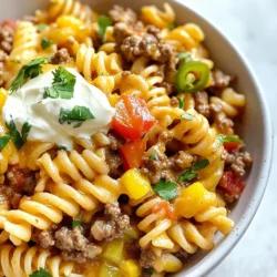 - 450 g Rinderhackfleisch oder Putenhack - 1 Zwiebel, gewürfelt - 3 Knoblauchzehen, fein gehackt - 1 Paprika, grob gehackt - 200 g Rotini-Pasta - 1 Dose (425 g) schwarze Bohnen, abgetropft und abgespült - 1 Dose (425 g) gewürfelte Tomaten mit grünen Chilischoten - 500 ml Hühnerbrühe Die Hauptzutaten sind der Schlüssel zu einem leckeren One Pot Taco Pasta. Das Hackfleisch gibt den herzhaften Geschmack. Die Zwiebel, der Knoblauch und die Paprika bringen Aroma und Frische. Die Rotini-Pasta nimmt die Sauce gut auf. Die schwarzen Bohnen fügen eine schöne Textur hinzu. Die gewürfelten Tomaten bringen Frische und ein wenig Schärfe. Hühnerbrühe sorgt für eine reichhaltige Basis. - 1 Esslöffel Taco-Gewürz - 150 g Mais (gefroren oder frisch) - 100 g geriebener Käse (Cheddar oder mexikanische Mischung) - Frischer Koriander, zur Garnierung - Optionale Toppings: Sauerrahm, in Scheiben geschnittene Jalapeños, gewürfelte Avocado Die Gewürze sind wichtig für den Taco-Geschmack. Taco-Gewürz bringt das typische Aroma. Der Mais gibt Süße und Farbe. Der geriebene Käse macht alles cremig und lecker. Frischer Koriander ist perfekt, um das Gericht zu garnieren. Die optionalen Toppings wie Sauerrahm und Jalapeños geben zusätzliche Frische und Schärfe. {{ingredient_image_2}} 1. Zuerst erhitze ich einen großen Topf bei mittlerer Hitze. 2. Ich gebe das Hackfleisch hinein. Rind oder Pute funktionieren gut. 3. Ich brate das Fleisch für etwa fünf bis sieben Minuten an. 4. Wenn es durchgegart ist, gieße ich das überschüssige Fett ab. 5. Jetzt schneide ich die Zwiebel in kleine Würfel. 6. Ich hacke den Knoblauch fein und schneide die Paprika grob. 7. Diese Zutaten sind bereit, um in den Topf zu kommen. 1. Ich gebe die Zwiebel, den Knoblauch und die Paprika in den Topf. 2. Ich brate das Gemüse für drei bis vier Minuten, bis es weich ist. 3. Jetzt füge ich die schwarzen Bohnen und die gewürfelten Tomaten hinzu. 4. Ich gieße die Hühnerbrühe und das Taco-Gewürz hinein. 5. Alles gut vermischen und zum Kochen bringen. 6. Dann kommt die Rotini-Pasta dazu. 7. Ich reduziere die Hitze und decke den Topf ab. 8. Jetzt lasse ich das Ganze zehn bis zwölf Minuten köcheln. 9. Ich rühre gelegentlich um, bis die Pasta zart ist. 10. Danach füge ich den Mais und die Hälfte des Käses hinzu. 11. Ich rühre alles gut um, bis der Käse schmilzt. 12. Zum Schluss würze ich mit Salz und Pfeffer. 13. Ich streue den restlichen Käse oben drauf und decke den Topf wieder ab. 14. Nach ein paar Minuten ist der Käse schön geschmolzen. 15. Ich lockere die Pasta mit einer Gabel und garniere mit frischem Koriander. Um die perfekte Pasta-Konsistenz zu erreichen, achte auf die Kochzeit. Die Rotini-Pasta braucht etwa 10 bis 12 Minuten. Achte darauf, dass die Flüssigkeit im Topf gut aufnimmt. Das macht die Pasta schön zart. Rühre gelegentlich um. So verhinderst du, dass die Pasta am Boden kleben bleibt. Frisch gehackter Koriander bringt einen tollen Geschmack. Füge ihn am Ende hinzu, um die Aromen zu verstärken. Du kannst auch die Gewürze anpassen. Wenn du es schärfer magst, gib mehr Taco-Gewürz dazu. Für einen milderen Genuss, reduziere die Menge. So wird das Gericht genau nach deinem Geschmack. Pro Tipps Fleischwahl: Verwenden Sie mageres Rinderhack oder Putenhack, um den Fettgehalt zu reduzieren und das Gericht gesünder zu gestalten. Gemüsevariationen: Fügen Sie zusätzliches Gemüse wie Zucchini oder Spinat hinzu, um das Gericht noch nährstoffreicher und bunter zu machen. Würze anpassen: Passen Sie die Menge des Taco-Gewürzes nach Ihrem Geschmack an und fügen Sie eventuell etwas Chilipulver hinzu, wenn Sie es schärfer mögen. Käsevariation: Experimentieren Sie mit verschiedenen Käsesorten wie Gouda oder Pepper Jack für einen einzigartigen Geschmack. {{image_4}} Du kannst das Rinderhackfleisch einfach durch Hühnchen oder vegetarisches Hack ersetzen. Hühnchen passt gut, wenn du eine leichtere Variante möchtest. Es gibt viele tolle vegetarische Alternativen auf dem Markt. Das gibt dir die Freiheit, verschiedene Geschmäcker zu entdecken. Wenn du Hühnchen verwendest, achte darauf, es gut zu würzen. Vegetarisches Hack hat oft einen eigenen Geschmack. So wird dein Gericht noch leckerer. Die Gewürze sind der Schlüssel zu einem tollen Geschmack. Du kannst milde oder scharfe Taco-Gewürze verwenden. Wenn du es scharf magst, nimm mehr Gewürz. Für ein sanfteres Gericht, wähle die milde Variante. Du kannst auch frische Kräuter hinzufügen, um den Geschmack zu verbessern. Frischer Koriander bringt eine schöne Frische. Experimentiere mit den Gewürzen, bis du deine perfekte Mischung gefunden hast. Um die Reste von One Pot Taco Pasta frisch zu halten, benutze geeignete Behälter. Ich empfehle luftdichte Behälter oder Glasbehälter. Diese verhindern, dass die Pasta austrocknet oder Gerüche aufnimmt. Teile die Pasta in Portionen auf, um sie leichter wiederzuverwenden. Lass die Mischung vorher abkühlen, bevor du sie lagerst. So bleibt die Qualität besser erhalten. Wenn du die Reste wieder erwärmen möchtest, gibt es einfache Methoden. Du kannst die Pasta in der Mikrowelle aufwärmen. Stelle sie in eine mikrowellengeeignete Schüssel und decke sie ab. Erhitze sie in kurzen Intervallen und rühre zwischendurch um. Alternativ kannst du die Pasta in einem Topf auf dem Herd erwärmen. Füge etwas Hühnerbrühe oder Wasser hinzu, um die Pasta feucht zu halten. Erhitze sie bei mittlerer Hitze und rühre regelmäßig. So wird die Pasta gleichmäßig warm und bleibt lecker. Die One Pot Taco Pasta hält sich gut. Du kannst sie im Kühlschrank bis zu 4 Tage aufbewahren. Achte darauf, sie in einem luftdichten Behälter zu lagern. Wenn du sie länger aufbewahren möchtest, friere die Pasta ein. Im Gefrierschrank bleibt sie bis zu 3 Monate frisch. Stelle sicher, dass du die Pasta gut verpackst, um Gefrierbrand zu vermeiden. Ja, du kannst die Pasta im Voraus zubereiten. Koche sie einfach nach dem Rezept und lasse sie abkühlen. Danach kannst du sie in einem luftdichten Behälter im Kühlschrank lagern. Um die Aromen zu intensiveren, lasse sie am besten über Nacht ziehen. Wenn du bereit bist, sie zu essen, erwärme sie in einem Topf oder in der Mikrowelle. Du kannst auch etwas Brühe hinzufügen, um die Konsistenz zu verbessern. Die One Pot Taco Pasta schmeckt toll mit vielen Beilagen. Hier sind ein paar Vorschläge: - Salat: Ein einfacher grüner Salat passt gut. - Nachos: Serviere knusprige Nachos als Snack. - Guacamole: Cremige Guacamole ist eine tolle Ergänzung. - Sauerrahm: Ein Klecks Sauerrahm macht alles besser. - Getränke: Ein kaltes Getränk wie Wasser oder Limonade ergänzt das Gericht perfekt. Diese Optionen bringen Abwechslung und zusätzliche Aromen zu deinem Essen! Die One Pot Taco Pasta ist einfach und lecker. Wir haben die besten Zutaten genutzt, darunter Hackfleisch, Gemüse, Pasta und köstliche Gewürze. Die Schritte zur Zubereitung sind klar, sodass du schnell starten kannst. Denke daran, deine Pasta-Haltung zu überwachen und die Gewürze nach deinem Geschmack anzupassen. Variiere die Proteine und lagere Reste richtig für später. Mit diesen Tipps machst du das Gericht perfekt. Genieße es und teile es mit Freunden oder Familie!