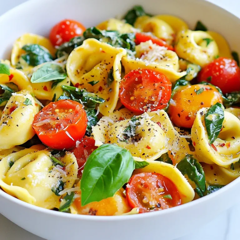 Für die Knoblauch Parmesan Tortellini Pfanne brauchst du einige wichtige Zutaten. Hier sind sie: - 1 (250 g) Packung Käse-Tortellini (frisch oder gefroren) - 3 Esslöffel Olivenöl - 4 Knoblauchzehen, fein gehackt - 1 Tasse Kirschtomaten, halbiert - 3 Tassen Babyspinat - ½ Tasse geriebener Parmesan - Salz und Pfeffer nach Geschmack Diese Zutaten machen die Pfanne einfach und schmackhaft. Die Tortellini sind der Hauptbestandteil. Sie bringen den leckeren Käsegeschmack. Du kannst das Gericht mit ein paar zusätzlichen Zutaten aufpeppen: - 1 Teelöffel rote Pfefferflocken (für etwas Schärfe) - Frische Basilikumblätter zur Garnitur Die roten Pfefferflocken bringen einen kleinen Kick. Frisches Basilikum sieht nicht nur gut aus, sondern schmeckt auch frisch und aromatisch. Um das Gericht perfekt zu machen, füge Salz und Pfeffer nach Geschmack hinzu. Diese Gewürze sind wichtig. Sie heben den Geschmack der anderen Zutaten hervor. Denke daran, dass frische Kräuter viel Aroma geben. Nimm dir die Zeit, um sie hinzuzufügen. Das macht einen großen Unterschied. {{ingredient_image_2}} Zuerst kochen Sie die Tortellini. Nehmen Sie einen großen Topf und fügen Sie salziges Wasser hinzu. Bringen Sie das Wasser zum Kochen und geben Sie die Tortellini hinein. Kochen Sie sie, bis sie al dente sind, was etwa 3 bis 5 Minuten dauert. Danach lassen Sie die Tortellini abtropfen und stellen sie beiseite. So sind sie bereit für die nächste Stufe. Erhitzen Sie in einer großen Pfanne 3 Esslöffel Olivenöl bei mittlerer Hitze. Fügen Sie 4 fein gehackte Knoblauchzehen hinzu. Braten Sie den Knoblauch etwa 1 Minute lang an. Achten Sie darauf, dass er nicht anbrennt, sonst wird er bitter. Geben Sie dann 1 Tasse halbierte Kirschtomaten in die Pfanne. Kochen Sie diese für 3 bis 4 Minuten, bis sie weich sind und fast zerfallen. Jetzt ist es Zeit für den Babyspinat. Fügen Sie 3 Tassen Babyspinat in die Pfanne hinzu. Rühren Sie alles gut um und garen Sie den Spinat für etwa 2 Minuten. Der Spinat wird zusammenfallen und das Gericht schön bunt machen. Geben Sie nun die gekochten Tortellini in die Pfanne. Mischen Sie alles gut durch, damit die Tortellini die Aromen aufnehmen. Streuen Sie ½ Tasse geriebenen Parmesan über die Mischung. Rühren Sie weiter, bis der Käse schmilzt und die Tortellini umhüllt. Fügen Sie nach Geschmack rote Pfefferflocken, Salz und Pfeffer hinzu. Genießen Sie den köstlichen Duft, der die Küche erfüllt! Um die Knoblauch Parmesan Tortellini Pfanne perfekt zuzubereiten, achte auf folgende Punkte: - Tortellini al dente: Koche die Tortellini nur bis sie al dente sind. So bleiben sie fest und gut im Biss. - Frischer Knoblauch: Verwende frischen Knoblauch. Er hat mehr Geschmack als getrockneter. - Hohe Hitze: Stelle sicher, dass die Pfanne heiß ist, wenn du den Knoblauch anbrätst. So entfaltet er sein volles Aroma. - Schnelles Arbeiten: Sei schnell beim Anbraten. Der Knoblauch kann schnell verbrennen. Hier sind einige häufige Fehler und wie du sie vermeidest: - Knoblauch anbrennen: Lass den Knoblauch nicht zu lange in der Pfanne. Er sollte leicht goldbraun sein. - Spinat überkochen: Füge den Spinat erst am Ende hinzu. So bleibt er frisch und grün. - Zu viel Salz: Sei vorsichtig mit dem Salz. Der Parmesan bringt bereits viel Geschmack mit. Hier sind einige Variationen, die du ausprobieren kannst: - Gemüse hinzufügen: Füge Zucchini oder Paprika für mehr Farbe und Nährstoffe hinzu. - Fleisch hinzufügen: Gebratene Hähnchenbrust oder Speck passen gut zu diesem Gericht. - Käsevariationen: Mische verschiedene Käsesorten wie Mozzarella oder Feta für einen neuen Geschmack. Pro Tipps Frische Zutaten verwenden: Verwenden Sie frische Kirschtomaten und Babyspinat für den besten Geschmack und die beste Textur. Knoblauch nicht verbrennen: Achten Sie darauf, den Knoblauch nur kurz anzubraten, um seinen Geschmack zu bewahren und ein Anbrennen zu vermeiden. Parmesan gut einarbeiten: Rühren Sie den Parmesan gründlich unter die Tortellini, damit er gleichmäßig schmilzt und sich gut verteilt. Variationen ausprobieren: Fügen Sie zusätzliches Gemüse wie Zucchini oder Paprika hinzu, um das Gericht abwechslungsreicher zu gestalten. {{image_4}} Um die Tortellini Pfanne schön zu präsentieren, verwenden Sie tiefe Teller. Legen Sie eine großzügige Portion der Tortellini in die Mitte des Tellers. Fügen Sie einen Spritzer frisches Olivenöl hinzu, um den Geschmack zu heben. Streuen Sie einige frische Parmesanraspel über die Tortellini. Garnieren Sie das Gericht mit frischen Basilikumblättern. Diese verleihen nicht nur Farbe, sondern auch einen tollen Geschmack. Diese Tortellini Pfanne schmeckt hervorragend mit verschiedenen Beilagen. Hier sind einige tolle Optionen: - Knackiger grüner Salat: Ein einfacher Salat mit Rucola und Kirschtomaten passt perfekt. - Brot: Servieren Sie frisches Baguette oder Focaccia, um die Sauce aufzusaugen. - Gemüse: Gebratene Zucchini oder Paprika sind leckere und gesunde Begleiter. Für das perfekte Trinkerlebnis wählen Sie einen leichten Wein. Ein frischer Weißwein wie Pinot Grigio passt gut zu den Aromen. Alternativ können Sie auch prickelndes Wasser mit Zitrone servieren. Das gibt einen schönen Kontrast zur reichhaltigen Tortellini Pfanne. Wenn du Reste von der Knoblauch Parmesan Tortellini Pfanne hast, lagere sie gut. Lass das Gericht zuerst abkühlen. Dann gib die Tortellini in einen luftdichten Behälter. Du kannst sie im Kühlschrank für bis zu drei Tage aufbewahren. Wenn du sicher gehen willst, dass sie frisch bleiben, verwende einen Behälter mit einem guten Verschluss. Beim Aufwärmen ist es wichtig, die Tortellini nicht zu überkochen. Erhitze sie in einer Pfanne bei mittlerer Hitze. Füge ein wenig Olivenöl oder Wasser hinzu, um ein Anbrennen zu vermeiden. Rühre die Tortellini regelmäßig um. So bleiben sie gleichmäßig warm und lecker. Im Kühlschrank halten die Reste bis zu drei Tage. Du kannst die Tortellini auch einfrieren. Stelle sicher, dass sie gut verpackt sind. Im Gefrierfach bleiben sie etwa zwei Monate frisch. Zum Auftauen lege sie einfach über Nacht in den Kühlschrank. So bleiben Geschmack und Textur erhalten. Die Zubereitung der Knoblauch Parmesan Tortellini Pfanne dauert etwa 20 Minuten. Zuerst kochen Sie die Tortellini in Salzwasser, was ungefähr 5-7 Minuten dauert. Danach braten Sie den Knoblauch und die Tomaten in einer Pfanne. Insgesamt ist es ein schnelles und einfaches Gericht. Ja, Sie können die Tortellini im Voraus zubereiten. Kochen Sie die Tortellini und lassen Sie sie abkühlen. Bewahren Sie sie dann in einem luftdichten Behälter im Kühlschrank auf. Sie können die Tortellini später in der Pfanne mit anderen Zutaten vermengen und erwärmen. Wenn Sie keine Tortellini haben, gibt es viele Alternativen. Sie können andere gefüllte Teigwaren wie Ravioli verwenden. Auch ungefüllte Pasta wie Penne oder Fusilli sind eine gute Wahl. Diese Alternativen nehmen die Aromen gut auf und sind einfach zuzubereiten. Die Knoblauch Parmesan Tortellini Pfanne ist einfach zuzubereiten und voller Geschmack. Wir haben die Hauptzutaten und einige zusätzliche geschmackliche Optionen besprochen. Die Schritt-für-Schritt-Anleitung macht das Kochen leicht und spaßig. Tipps helfen, häufige Fehler zu vermeiden. Außerdem gibt es Vorschläge für die perfekte Servierung und Aufbewahrung. Genieß die Tortellini Pfanne und experimentiere mit deinen eigenen Ideen. Viel Spaß beim Kochen!