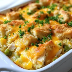 Für diesen einfachen Hühner-Stuffing-Auflauf brauchst du einige Hauptzutaten: - 2 Tassen gekochtes Hähnchen, zerrupft - 1 Tasse Hühnerbrühe - 1 Packung (170 g) Stuffing-Mix (Kräuter-Geschmack) - 1 Dose (300 g) Hühnersahnesuppe - 1 Tasse gefrorenes Mischgemüse (Erbsen, Karotten, Mais) - 1/2 Tasse geriebener Cheddar-Käse - 1/4 Tasse Milch - 1 Teelöffel Knoblauchpulver - 1 Teelöffel Zwiebelpulver - Salz und Pfeffer nach Geschmack Diese Zutaten sind einfach zu finden und machen das Rezept schnell und lecker. Um den besten Geschmack zu erzielen, achte auf die Qualität der Zutaten. Verwende frisches Hähnchen, wenn möglich. Das gibt mehr Geschmack. Gute Hühnerbrühe macht einen großen Unterschied. Du kannst auch einen hochwertigen Stuffing-Mix wählen. Kräuter-Geschmack passt perfekt. Für ein noch besseres Aroma füge frische Kräuter hinzu, wenn du magst. Wenn du etwas Abwechslung willst, probiere diese Alternativen: - Verwende Pute statt Hähnchen für eine andere Geschmacksrichtung. - Ersetze das gefrorene Gemüse durch frisches Gemüse wie Brokkoli oder Paprika. - Nutze verschiedene Käsesorten wie Gouda oder Mozzarella für neuen Geschmack. - Füge Nüsse oder getrocknete Früchte hinzu, um mehr Textur zu bieten. Diese Alternativen machen den Auflauf interessant und passen zu deinem Geschmack. {{ingredient_image_2}} Heize deinen Ofen auf 175 °C vor. Dies ist wichtig, um den Auflauf gleichmäßig zu garen. Nimm eine große Rührschüssel und bereite die Zutaten vor. Du brauchst gekochtes Hähnchen, Hühnersahnesuppe, Hühnerbrühe und Milch. Stelle sicher, dass alles bereit ist, bevor du anfängst. In der großen Rührschüssel vermische die Hühnersahnesuppe, Hühnerbrühe und Milch. Rühre, bis die Mischung glatt ist. Dann füge das zerrupfte Hähnchen und das gefrorene Mischgemüse hinzu. Streue Knoblauchpulver, Zwiebelpulver, Salz und Pfeffer dazu. Rühre alles gut durch, damit die Zutaten gleichmäßig verteilt sind. Jetzt kommt der Stuffing-Mix dazu. Füge ihn nach und nach hinzu, bis alles gut vermischt ist. Die Mischung sollte feucht, aber nicht zu nass sein. Gib die Mischung in eine gefettete Auflaufform. Verteile sie gleichmäßig. Streue den geriebenen Cheddar-Käse oben drauf. Decke die Form mit Aluminiumfolie ab und schiebe sie in den Ofen. Backe den Auflauf 25 Minuten lang. Nimm dann die Folie ab und backe für weitere 10 bis 15 Minuten. Der Käse sollte sprudelnd und goldbraun sein. Lass den Auflauf vor dem Servieren etwa 5 Minuten ruhen. So wird er fester und lässt sich besser schneiden. Für einen perfekten Auflauf achte darauf, die Mischung gut zu vermengen. Die Hühnersahnesuppe und die Hühnerbrühe sorgen für die nötige Feuchtigkeit. Der Stuffing-Mix sollte gleichmäßig untergerührt werden. Wenn die Mischung zu trocken ist, füge etwas mehr Hühnerbrühe hinzu. Ist sie zu nass, nutze mehr Stuffing-Mix. Die Konsistenz sollte feucht, aber nicht matschig sein. Die Präsentation zählt! Serviere den Auflauf warm auf einem schönen Teller. Eine frische Petersilie als Garnitur verleiht Farbe. Du kannst auch einen Spritzer Zitronensaft hinzufügen. Dies bringt Frische und hebt die Aromen hervor. Kombiniere den Auflauf mit einem knackigen Salat. Ein bunter Beilagensalat macht das Gericht noch ansprechender. Ein häufiger Fehler ist, den Auflauf zu lange zu backen. Achte darauf, die Folie rechtzeitig abzunehmen. So bleibt der Käse schön goldbraun. Ein anderer Fehler ist, den Auflauf nicht ruhen zu lassen. Lass ihn nach dem Backen etwa 5 Minuten stehen. Dies hilft, die Konsistenz zu stabilisieren. Überprüfe auch das Würzen. Zu wenig Salz oder Pfeffer kann den Geschmack trüben. Pro Tipps Frisch zubereitetes Hähnchen: Verwenden Sie frisches Hähnchen für mehr Geschmack und eine bessere Textur. Gekochtes Hähnchen kann auch verwendet werden, aber frisch zubereitetes hat einen intensiveren Geschmack. Variieren Sie das Gemüse: Fühlen Sie sich frei, das gefrorene Mischgemüse zu variieren. Brokkoli, Paprika oder Zucchini können ebenfalls köstlich sein und zusätzliche Nährstoffe bieten. Cheddar-Käse nach Wahl: Experimentieren Sie mit verschiedenen Käsesorten wie Gouda oder Mozzarella, um Ihrem Auflauf eine besondere Note zu verleihen. Ruhen lassen: Lassen Sie den Auflauf nach dem Backen etwa 5 Minuten ruhen, damit er sich setzen kann. Dies erleichtert das Servieren und verbessert die Textur. {{image_4}} Wenn du eine vegetarische Version des Hühner-Stuffing-Auflaufs machen möchtest, ist das ganz einfach! Statt Hähnchen kannst du gekochte Linsen oder Kichererbsen verwenden. Diese sind proteinreich und sehr sättigend. Du kannst auch Tofu nutzen, um eine tolle Textur zu bekommen. Denke daran, die Gemüsebrühe anstelle der Hühnerbrühe zu verwenden, um den Geschmack zu verbessern. Der Auflauf ist sehr anpassbar. Du kannst zum Beispiel frisches Gemüse wie Spinat, Brokkoli oder Paprika hinzufügen. Diese bringen Farbe und Nährstoffe. Wenn du mehr Proteine willst, probiere schwarze Bohnen oder Quinoa. Diese Zutaten machen den Auflauf noch schmackhafter und gesünder. Achte darauf, dass die zusätzlichen Zutaten gut gewaschen und klein geschnitten sind, damit sie gleichmäßig garen. Käse ist ein wichtiger Teil dieses Gerichts. Du kannst Cheddar verwenden, aber auch andere Sorten probieren. Gouda, Mozzarella oder sogar Feta geben dem Auflauf einen neuen Geschmack. Wenn du es würziger magst, nutze etwas scharfen Käse oder eine Mischung aus verschiedenen Käsesorten. Diese Variationen machen deinen Auflauf einzigartig und spannend! Um Ihren Hühner-Stuffing-Auflauf frisch zu halten, lassen Sie ihn zuerst abkühlen. Füllen Sie den Auflauf dann in einen luftdichten Behälter. Sie können ihn auch in Alufolie wickeln. Lagern Sie den Auflauf im Kühlschrank. So bleibt er bis zu drei Tage genießbar. Wenn Sie mehr Portionen machen, können Sie den Auflauf einfrieren. Schneiden Sie ihn in einzelne Stücke für einfacheres Auftauen. Wickeln Sie jedes Stück in Frischhaltefolie und dann in Alufolie. So bleibt die Frische erhalten. Um ihn wieder aufzuwärmen, tauen Sie ihn über Nacht im Kühlschrank auf. Heizen Sie den Ofen auf 175 °C vor. Backen Sie den Auflauf für etwa 25 Minuten, bis er heiß ist. Im Kühlschrank hält der Auflauf bis zu drei Tage. Im Gefrierfach bleibt er bis zu drei Monate frisch. Achten Sie darauf, ihn gut zu verpacken. So vermeiden Sie Gefrierbrand und den Verlust von Geschmack. Bei richtiger Lagerung bleibt Ihr Hühner-Stuffing-Auflauf lecker und bereit zum Genießen. Die Zubereitung des Hühner-Stuffing-Auflaufs dauert insgesamt 40 Minuten. Davon sind 10 Minuten für die Vorbereitung und 30 Minuten für das Backen im Ofen. Es ist eine schnelle und einfache Mahlzeit, die du in kurzer Zeit zubereiten kannst. Ja, du kannst frisches Gemüse anstelle von gefrorenem Gemüse verwenden. Frisches Gemüse hat oft einen besseren Geschmack und eine schönere Textur. Achte darauf, es klein zu schneiden, damit es gleichmäßig gart. Du kannst zum Beispiel Karotten, Erbsen oder Paprika verwenden. Um den Auflauf vor dem Servieren aufzuwärmen, heize deinen Ofen auf 175 °C (350 °F) vor. Decke den Auflauf mit Aluminiumfolie ab, damit er nicht austrocknet. Backe ihn 15 bis 20 Minuten lang, bis er durchgehend warm ist. Alternativ kannst du ihn auch in der Mikrowelle aufwärmen, aber die Ofenmethode sorgt für die beste Textur. Zusammengefasst gibt es viele Möglichkeiten, einen köstlichen Hühner-Stuffing-Auflauf zuzubereiten. Wir haben die wichtigsten Zutaten, die Zubereitungsschritte und nützliche Tipps besprochen. Variationen, wie vegetarische Optionen und neue Geschmäcker durch Käse, bieten kreative Möglichkeiten. Denken Sie auch an die richtige Lagerung und das Aufwärmen von Resten. Experimentieren Sie gerne mit neuen Ideen und finden Sie Ihren eigenen Favoriten. Genießen Sie jeden Bissen Ihres herzhaften Auflaufs.