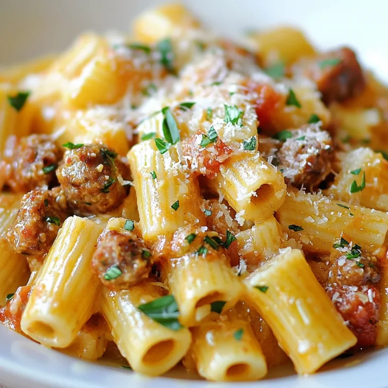 - 340 g Rigatoni-Pasta - 450 g italienische Wurst (Haut entfernt) - 1 Dose (400 g) passierte Tomaten Rigatoni ist eine dicke Pasta mit Rillen. Diese Struktur hält die Sauce gut. Sie ist perfekt für herzhafte Gerichte. Ich liebe es, sie mit italienischer Wurst zu kombinieren. Diese Wurst hat einen tollen Geschmack und macht die Sauce reichhaltig. Passierte Tomaten sind wichtig. Sie geben der Sauce die Basis. - 1 Teelöffel getrockneter Oregano - 1 Teelöffel getrocknetes Basilikum - 1/2 Teelöffel rote Pfefferflocken (nach Belieben anpassen) - Salz und Pfeffer nach Geschmack Oregano und Basilikum sind klassische italienische Kräuter. Sie bringen viel Geschmack in die Sauce. Rote Pfefferflocken geben einen kleinen Kick. Salz und Pfeffer helfen, alles zu würzen. Diese Gewürze sind einfach, aber sehr wichtig. - 50 g geriebener Parmesan - Frische Basilikumblätter zur Dekoration - Olivenöl zum Braten Parmesan ist ein Muss! Er macht die Pasta cremig und lecker. Frische Basilikumblätter sorgen für Farbe. Sie bringen auch einen frischen Geschmack. Ein Spritzer Olivenöl beim Servieren hebt die Aromen hervor. Es macht das Gericht noch besser! {{ingredient_image_2}} - Fülle einen großen Topf mit Wasser. - Bringe das Wasser zum Kochen. - Füge eine Prise Salz hinzu, um die Pasta zu würzen. - Gib die Rigatoni hinein und koche sie nach Packungsanweisung, bis sie al dente sind. - Behalte eine Tasse Nudelwasser, bevor du die Pasta abgießt. - Erhitze einen Schuss Olivenöl in einer großen Pfanne. - Füge die italienische Wurst ohne Haut hinzu. - Brate die Wurst bei mittlerer Hitze, bis sie krümelig und goldbraun ist. - Verwende einen Holzlöffel, um die Wurst gut zu zerkleinern. - Gib die gewürfelte Zwiebel in die Pfanne. - Brate sie 3-4 Minuten, bis sie weich und glasig wird. - Füge den gehackten Knoblauch hinzu und brate ihn eine weitere Minute. - Gieße die passierten Tomaten und die Sahne in die Pfanne. - Rühre die getrockneten Gewürze wie Oregano und Basilikum ein. - Lass die Sauce 5-10 Minuten bei niedriger Hitze köcheln, bis sie eindickt. - Gib die abgetropften Rigatoni zur Sauce in die Pfanne. - Mische alles gut durch, damit die Pasta die Sauce aufnimmt. - Füge nach Bedarf etwas vom Nudelwasser hinzu, um die Sauce cremiger zu machen. - Kochen Sie die Rigatoni in einem großen Topf mit gesalzenem Wasser. - Halten Sie sich an die Packungsanweisung für die Kochzeit. - Probieren Sie die Pasta kurz vor dem Abgießen. - Die Pasta sollte bissfest, also „al dente“ sein. - Diese Konsistenz hilft, die Sauce besser zu halten. - Um den Geschmack zu verstärken, verwenden Sie frische Kräuter, wenn möglich. - Fügen Sie auch einen Spritzer Zitronensaft hinzu. - Beliebte zusätzliche Gewürze sind Thymian oder Rosmarin. - Diese Aromen passen gut zur italienischen Wurst und Tomaten. - Servieren Sie die Rigatoni in tiefen Tellern für eine schöne Präsentation. - Streuen Sie frische Basilikumblätter darüber. - Ein Spritzer Olivenöl macht das Gericht noch schmackhafter. - Für eine besondere Note können Sie extra Parmesan hinzufügen. - Variationen sind eine Mischung aus verschiedenen Käsesorten oder geröstetem Gemüse. Pro Tipps Pasta al dente kochen: Achten Sie darauf, die Rigatoni nur bis zum Biss zu kochen. Dies sorgt für die perfekte Textur und verhindert, dass die Pasta in der Sauce zu weich wird. Wurst gut anbraten: Braten Sie die italienische Wurst bei mittlerer Hitze an, bis sie schön braun ist. Dadurch wird der Geschmack intensiver und die Wurst erhält eine köstliche Kruste. Sahne nicht überhitzen: Fügen Sie die Sahne erst hinzu, wenn die anderen Zutaten gut vermischt sind, und kochen Sie die Sauce bei niedriger Hitze. So bleibt die Sahne cremig und klumpt nicht. Frische Kräuter verwenden: Für den besten Geschmack sollten Sie frische Basilikumblätter zur Dekoration und als letzten Schliff verwenden. Sie geben der Pasta ein frisches Aroma. {{image_4}} - Ersatz für die italienische Wurst: Verwende Sojawurst oder Linsen. Diese Optionen sind lecker und füllend. - Alternative Zutaten: Nutze geröstete Paprika oder Zucchini. Sie bringen viel Geschmack und Farbe. - Verwendung von glutenfreien Rigatoni: Glutenfreie Nudeln sind leicht erhältlich. Achte darauf, dass sie aus Mais oder Reis sind. - Anpassungen der Rezeptur: Kontrolliere die Sauce auf glutenhaltige Zutaten. Verwende zum Beispiel glutenfreie Brühe. - Gemüse wie Spinat oder Pilze: Füge frischen Spinat oder Champignons hinzu. Sie machen das Gericht nahrhafter und schmackhafter. - Käsevarianten: Probiere Mozzarella oder Feta. Diese Käse geben der Pasta eine neue Note und Textur. Um die Reste deiner italienischen Wurst Rigatoni gut zu lagern, folge diesen Tipps: - Lass die Pasta auf Raumtemperatur abkühlen. - Fülle die Reste in einen luftdichten Behälter. - Stelle sicher, dass der Behälter sauber und trocken ist. - Lagere die Reste im Kühlschrank für bis zu drei Tage. Wenn du mehr für später aufbewahren möchtest, kannst du die Sauce einfrieren. Hier sind einige Schritte: - Lass die Sauce vollständig abkühlen. - Verwende gefriergeeignete Behälter oder Beutel. - Teile die Sauce in Portionen für einfaches Auftauen. - Die Sauce hält sich bis zu drei Monate im Gefrierfach. Wenn es Zeit ist, die Reste zu genießen, erwärme sie richtig: - Erhitze die Pasta und Sauce in einem Topf bei niedriger Hitze. - Rühre oft, um ein Anbrennen zu vermeiden. - Füge bei Bedarf etwas Wasser oder Sahne hinzu, um die Konsistenz zu verbessern. - Du kannst die Reste auch in der Mikrowelle aufwärmen, aber achte darauf, sie ab und zu umzurühren. Die gesamte Zubereitungszeit für italienische Wurst Rigatoni beträgt etwa 30 Minuten. Die Vorbereitungszeit dauert etwa 15 Minuten. Für die Kochzeit benötigen Sie etwa 15 Minuten. Diese Zeit reicht aus, um die Pasta zu kochen und die Sauce zuzubereiten. Ja, Sie können die Wurst ersetzen. Vegetarische oder vegane Würste sind tolle Alternativen. Sie können auch Hähnchen oder Pute verwenden, wenn Sie etwas Leichteres möchten. Für eine würzige Note probieren Sie Chorizo oder eine andere scharfe Wurst. Experimentieren Sie mit verschiedenen Geschmäckern, um Ihr Gericht anzupassen. Zu Rigatoni mit Wurst passen viele Beilagen und Getränke. Ein frischer grüner Salat ergänzt das Gericht gut. Auch ein einfaches Baguette ist ideal, um die Sauce aufzutunken. Für Getränke empfehle ich einen leichten Rotwein oder Sprudelwasser mit Zitrone. So schaffen Sie eine perfekte Mahlzeit! Diese Anleitung gibt Ihnen alles, was Sie für leckere Rigatoni mit Wurst brauchen. Sie lernen die Hauptzutaten kennen und wie Sie diese perfekt kombinieren. Tipps und Variationen erweitern Ihr Repertoire. Ob vegetarisch oder glutenfrei, es gibt viele Möglichkeiten, das Gericht anzupassen. Lagern Sie Reste richtig, um die Frische zu bewahren. Probieren Sie die verschiedenen Zubereitungsmethoden, damit Ihr Essen immer toll schmeckt. Genießen Sie Ihre Zeit in der Küche und lassen Sie Ihrer Kreativität freien Lauf!