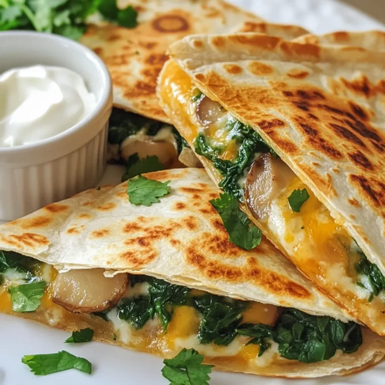 Für eine leckere Spinach Mushroom Quesadilla brauchen Sie: - 2 Tassen frischer Spinat, grob gehackt - 1 Tasse Champignons, in Scheiben geschnitten (Button oder Cremini) - 1 Esslöffel Olivenöl - 4 Mehl-Tortillas (Durchmesser 20 cm) - 1 Tasse geriebener Mozzarella-Käse (oder eine Mischung Ihrer Wahl) Diese Zutaten bieten eine tolle Basis für den vollen Geschmack. Der Spinat und die Champignons bringen Frische und Textur. Mozzarella sorgt für die perfekte Schmelzqualität. Um den Geschmack zu heben, nutzen Sie: - 1 Teelöffel Knoblauchpulver - 1 Teelöffel Zwiebelpulver - 1 Teelöffel Kreuzkümmel - Salz und Pfeffer nach Geschmack Diese Gewürze bringen Tiefe und eine leichte Würze. Sie sind einfach, aber entscheidend für das Gesamtbild der Quesadilla. Ich empfehle, die Quesadilla nach dem Garen in Keile zu schneiden. Servieren Sie sie mit: - 1/2 Tasse saure Sahne (zum Dippen) - Frischem Koriander, gehackt (zum Garnieren) - Limettenvierteln für einen Frischekick Die Garnitur macht das Gericht noch ansprechender. Die saure Sahne und der Koriander ergänzen die Aromen perfekt. {{ingredient_image_2}} Um die Füllung für die Quesadilla zuzubereiten, benötigst du frischen Spinat und Champignons. 1. Erhitze einen Esslöffel Olivenöl in einer großen Pfanne. 2. Füge die geschnittenen Champignons hinzu und brate sie 3-4 Minuten. 3. Wenn die Champignons weich sind, gib den grob gehackten Spinat dazu. 4. Sauté die Mischung für weitere 2-3 Minuten, bis der Spinat verwelkt. 5. Würze die Mischung mit Knoblauchpulver, Zwiebelpulver, Kreuzkümmel, Salz und Pfeffer. 6. Mische alles gut und nimm die Pfanne vom Herd. Jetzt kommen wir zum spannenden Teil, der Zubereitung der Quesadilla. 1. Heize eine separate Pfanne bei mittlerer Hitze vor. 2. Nimm eine Tortilla und streue eine Portion geriebenen Käse auf die eine Hälfte. 3. Belege den Käse mit der Spinat-Champignon-Füllung. 4. Toppe die Füllung wieder mit etwas Käse. Klappe die Tortilla halb zu. 5. Lege die Quesadilla vorsichtig in die heiße Pfanne. 6. Brate sie 2-3 Minuten auf jeder Seite, bis sie goldbraun ist. 7. Wiederhole diesen Vorgang mit den restlichen Tortillas. Um die Quesadilla perfekt zu braten, beachte diese Tipps: - Benutze genug Öl, damit die Tortilla nicht kleben bleibt. - Halte die Hitze mittlerer, damit die Tortilla gleichmäßig bräunt. - Lass die Quesadilla nach dem Garen eine Minute ruhen, bevor du sie schneidest. - Garniere die Quesadillas mit frischem Koriander und serviere saure Sahne dazu. Mit diesen einfachen Schritten gelingt dir eine köstliche Spinach Mushroom Quesadilla! Vermeiden Sie, die Quesadilla zu lange zu braten. Wenn die Tortilla zu dunkel wird, kann sie hart werden. Achten Sie darauf, die Füllung nicht zu überfüllen. Wenn Sie das tun, wird es schwer, die Quesadilla zu schließen. Stellen Sie sicher, dass der Käse gut schmilzt, bevor Sie die Quesadilla wenden. Ein guter Tipp ist, die Pfanne gut vorzuheizen, damit die Quesadilla gleichmäßig gart. Fühlen Sie sich frei, die Füllung anzupassen. Fügen Sie Paprika oder Zwiebeln hinzu, um mehr Geschmack zu erzielen. Sie können auch schwarze Bohnen oder Avocado einschließen, um die Quesadilla reichhaltiger zu machen. Für einen scharfen Kick probieren Sie Jalapeños oder eine scharfe Salsa. Diese Zutaten bringen mehr Vielfalt und Farbe in Ihr Gericht. Mozzarella ist eine tolle Wahl, aber Sie können auch andere Käsesorten verwenden. Cheddar oder Gouda geben einen kräftigen Geschmack. Für eine vegane Option nutzen Sie pflanzlichen Käse oder eine Mischung aus Nüssen. Feta-Käse sorgt für eine salzige Note und passt gut zu Spinat. Experimentieren Sie mit verschiedenen Käsesorten, um Ihren Favoriten zu finden. Pro Tipps Frische Zutaten: Verwenden Sie frischen Spinat und frische Champignons für den besten Geschmack und Nährstoffgehalt. Käsewahl: Experimentieren Sie mit verschiedenen Käsesorten wie Cheddar oder Gouda für abwechslungsreiche Geschmäcker. Würzen: Passen Sie die Gewürze nach Ihrem Geschmack an, indem Sie z.B. etwas Chili-Pulver für eine scharfe Note hinzufügen. Beilagen: Servieren Sie die Quesadillas mit frischen Avocadoscheiben oder einer Salsa für zusätzlichen Geschmack. {{image_4}} Für eine leckere vegetarische Quesadilla können Sie verschiedene Gemüsesorten verwenden. Zucchini, Paprika oder Brokkoli passen gut. Diese Zutaten bringen Farbe und Geschmack. Experimentieren Sie mit verschiedenen Kombinationen, um Ihre Lieblingsfüllung zu finden. Falls Sie mehr Proteine möchten, können Sie Hähnchen, Tofu oder schwarze Bohnen hinzufügen. Diese Zutaten machen die Quesadilla sättigender. Hähnchen braten Sie einfach mit dem Gemüse an. Tofu können Sie würfeln und ebenfalls anbraten. Schwarze Bohnen fügen Sie einfach der Mischung hinzu. Wenn Sie Gluten vermeiden, wählen Sie glutenfreie Tortillas. Diese sind in vielen Supermärkten erhältlich. Sie können auch Salatblätter verwenden, um eine Low-Carb-Version zu machen. Wickeln Sie die Füllung einfach in die Blätter. Das schmeckt frisch und leicht! Lassen Sie die Quesadillas zuerst abkühlen. Wickeln Sie sie dann in Frischhaltefolie oder Aluminiumfolie. Sie können auch eine luftdichte Box nutzen. So bleiben sie frisch und lecker. Bewahren Sie die Quesadillas im Kühlschrank auf. Sie sind dort bis zu drei Tage haltbar. Um die Quesadillas wieder warm zu machen, nutzen Sie eine Pfanne. Erhitzen Sie sie bei mittlerer Hitze. Braten Sie die Quesadillas 2-3 Minuten auf jeder Seite. So werden sie knusprig und der Käse schmilzt gut. Alternativ können Sie auch einen Toaster verwenden. Achten Sie darauf, dass die Quesadillas nicht verbrennen. Im Kühlschrank halten die Quesadillas bis zu drei Tage. Wenn Sie sie länger aufbewahren möchten, frieren Sie sie ein. Wickeln Sie sie gut ein, um Frostschäden zu vermeiden. Im Gefrierschrank bleiben sie bis zu drei Monate frisch. Zum Auftauen legen Sie sie einfach in den Kühlschrank. So bleiben sie weich und lecker. Eine Spinach Mushroom Quesadilla hat etwa 300 Kalorien pro Portion. Diese Zahl kann variieren, je nach Käse und Tortilla. Wenn Sie weniger Käse verwenden, sinken die Kalorien. Auch die Wahl der Tortilla spielt eine Rolle. Vollkorn-Tortillas sind oft gesünder. Ja, Sie können gefrorenen Spinat verwenden. Achten Sie darauf, ihn gut abzutropfen. Gefrorener Spinat hat oft einen intensiveren Geschmack, kann aber auch mehr Wasser enthalten. Das Wasser kann die Quesadilla matschig machen, wenn Sie nicht vorsichtig sind. Zu Quesadillas passen viele Beilagen. Hier sind einige Ideen: - Guacamole - Salsa - Saure Sahne - Frischer Koriander - Limettenviertel Diese Beilagen bringen zusätzliche Frische und Geschmack. Sie machen jede Quesadilla noch besser. Zusammengefasst, wir haben die wichtigsten Zutaten und die Zubereitung von Quesadillas behandelt. Ich habe Tipps gegeben, um Fehler zu vermeiden, und Variationen vorgestellt, die jeden Geschmack treffen. Beachten Sie auch die Lagerungsinformationen, um Reste gut aufzubewahren. Quesadillas sind einfach und vielseitig. Experimentieren Sie mit verschiedenen Zutaten und genießen Sie jede Biss mit Freude. Kochen kann Spaß machen und lecker sein!