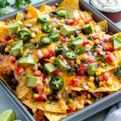 Die Hauptzutaten für Sheet Pan Nachos sind einfach und lecker. Sie benötigen: - 1 Tüte Tortilla-Chips (ca. 340 g) - 1 Tasse geriebener Cheddar-Käse - 1 Tasse geriebener Monterey Jack-Käse - 1 Dose (425 g) schwarze Bohnen, abgetropft und abgespült - 1 Tasse Maiskörner (gefroren oder aus der Dose) - 1 Jalapeño-Paprika, in Scheiben geschnitten - 1 reife Avocado, gewürfelt - 1 mittelgroße Tomate, gewürfelt - ¼ Tasse rote Zwiebel, fein gehackt - ¼ Tasse frischer Koriander, gehackt - 1 Limette, in Spalten geschnitten - Sauerrahm oder griechischer Joghurt zum Servieren - Salsa zum Dippen - Salz und Pfeffer nach Geschmack Diese Zutaten bieten eine tolle Basis für Ihre Nachos. Käse ist der Star der Nachos. Cheddar und Monterey Jack bringen einen tollen Geschmack. Sie können auch andere Käsesorten verwenden. Probieren Sie zum Beispiel: - Gouda für einen rauchigen Geschmack - Feta für einen salzigen Kick - Pepper Jack für etwas Schärfe Die Auswahl des Käses kann den Geschmack stark verändern. Experimentieren Sie und finden Sie Ihre Lieblingskombination! Es gibt viele tolle Toppings, die Sie hinzufügen können. Mehr Vielfalt macht die Nachos noch besser. Hier sind einige Ideen: - Frische Jalapeños für mehr Schärfe - Oliven für einen salzigen Biss - Paprika für mehr Farbe und Crunch - Guacamole für Cremigkeit - Frischer Limettensaft für einen spritzigen Geschmack Mit diesen optionalen Toppings können Sie die Nachos an Ihre Vorlieben anpassen. Seien Sie kreativ! {{ingredient_image_2}} Zuerst müssen wir die Zutaten bereitstellen. Hier ist, was Sie brauchen: - 1 Tüte Tortilla-Chips (ca. 340 g) - 1 Tasse geriebener Cheddar-Käse - 1 Tasse geriebener Monterey Jack-Käse - 1 Dose (425 g) schwarze Bohnen, abgetropft und abgespült - 1 Tasse Maiskörner (gefroren oder aus der Dose) - 1 Jalapeño-Paprika, in Scheiben geschnitten - 1 reife Avocado, gewürfelt - 1 mittelgroße Tomate, gewürfelt - ¼ Tasse rote Zwiebel, fein gehackt - ¼ Tasse frischer Koriander, gehackt - 1 Limette, in Spalten geschnitten - Sauerrahm oder griechischer Joghurt zum Servieren - Salsa zum Dippen - Salz und Pfeffer nach Geschmack Jetzt ist es wichtig, alles gut vorzubereiten. Waschen Sie das Gemüse und schneiden Sie es. So sind Sie bereit und sparen Zeit. Heizen Sie den Ofen auf 200 °C vor. Nehmen Sie ein großes Blech und verteilen Sie die Tortilla-Chips gleichmäßig darauf. Streuen Sie dann die beiden Käsesorten über die Chips. Achten Sie darauf, dass jeder Chip mit Käse bedeckt ist. Nun fügen Sie die abgetropften schwarzen Bohnen und die Maiskörner hinzu. Verteilen Sie die Jalapeños gleichmäßig. Backen Sie die Nachos für ca. 10-15 Minuten. Der Käse sollte schön geschmolzen und sprudelnd sein. Nehmen Sie das Blech aus dem Ofen und lassen Sie die Nachos kurz abkühlen. Jetzt können Sie die gewürfelte Avocado, die Tomate, die Zwiebel und den Koriander gleichmäßig darauf geben. Würzen Sie die Nachos nach Ihrem Geschmack mit Salz und Pfeffer. Um sie schön zu präsentieren, legen Sie die Nachos auf einen großen Servierteller. Garnieren Sie sie mit Limettenspalten und frischem Koriander. Servieren Sie dazu Sauerrahm oder griechischen Joghurt und Salsa. Genießen Sie diese leckeren Nachos sofort! Für die besten Sheet Pan Nachos verwenden Sie frische Zutaten. Die Kombination aus Cheddar- und Monterey Jack-Käse bringt tollen Geschmack. Fügen Sie schwarze Bohnen und Mais hinzu, um mehr Textur zu geben. Jalapeños geben einen scharfen Kick, während Avocado und Koriander für Frische sorgen. Tomaten und rote Zwiebeln machen das Gericht bunt und lecker. Wenn Sie nach einer vegetarischen Option suchen, sind diese Nachos perfekt. Alle Zutaten sind pflanzlich und köstlich. Für glutenfreie Nachos wählen Sie Tortilla-Chips ohne Gluten. Achten Sie auf die Verpackung, um sicherzustellen, dass sie glutenfrei sind. Ein häufiger Fehler ist es, zu viel Käse zu verwenden. Dies kann die Nachos schwer und matschig machen. Streuen Sie den Käse gleichmäßig, um eine bessere Verteilung zu erreichen. Backen Sie die Nachos nicht zu lange. Wenn der Käse schmilzt und sprudelt, sind sie fertig. Lassen Sie die Nachos nach dem Backen kurz abkühlen. So bleiben sie knusprig. Pro Tipps Käsewahl: Verwenden Sie eine Kombination aus verschiedenen Käsesorten wie Gouda oder Pepper Jack für einen zusätzlichen Geschmackskick. Schärfe anpassen: Wenn Sie es weniger scharf mögen, entfernen Sie die Kerne der Jalapeños oder verwenden Sie milde Paprika. Frische Zutaten: Fügen Sie frische Zutaten wie Paprika oder Oliven hinzu, um die Nachos noch bunter und schmackhafter zu machen. Beilagen variieren: Stellen Sie verschiedene Dips wie Guacamole oder Queso zur Verfügung, um den Nachos eine persönliche Note zu verleihen. {{image_4}} Für mexikanische Style Nachos brauchen Sie frische Zutaten. Starten Sie mit Tortilla-Chips. Das Basisrezept bleibt gleich. Fügen Sie jedoch schwarze Oliven und frische Jalapeños hinzu. Ein Spritzer Limettensaft bringt Frische. Sie können auch Guacamole auf die Nachos geben. Das macht sie noch besser. Grillfans werden BBQ-Nachos lieben. Ersetzen Sie die Bohnen durch gegrilltes Hähnchen oder Rindfleisch. Fügen Sie BBQ-Sauce hinzu, bevor Sie die Nachos backen. Der süß-rauchige Geschmack passt perfekt. Toppen Sie die Nachos mit geräuchertem Käse. Servieren Sie sie mit einer extra Portion BBQ-Sauce zum Dippen. Vegane Nachos sind einfach zu machen. Nutzen Sie Tortilla-Chips ohne tierische Produkte. Ersetzen Sie den Käse durch vegane Käsealternativen. Verwenden Sie schwarze Bohnen, Mais und frische Salsa. Für zusätzliche Cremigkeit probieren Sie eine Avocado-Creme. So machen Sie leckere vegane Nachos, die jedem schmecken. Nachdem Sie Ihre leckeren Nachos genossen haben, sollten Sie sie richtig lagern. Lassen Sie die Nachos zuerst abkühlen. Legen Sie sie dann in einen luftdichten Behälter. Dies hält die Nachos frisch. Wenn Sie nach dem Aufwärmen wieder knusprige Nachos wollen, nutzen Sie den Ofen. Heizen Sie ihn auf 180 °C vor. Legen Sie die Nachos auf ein Backblech und backen Sie sie für 5 bis 10 Minuten. So werden sie wieder knusprig. Die Haltbarkeit der Zutaten hängt von verschiedenen Faktoren ab. Tortilla-Chips bleiben bis zu einem Monat frisch, wenn sie gut verpackt sind. Käse hält im Kühlschrank etwa eine Woche. Bohnen und Mais sind meist bis zu einer Woche haltbar, wenn sie geöffnet sind. Avocados und Tomaten sollten am besten frisch verwendet werden, da sie schnell verderben. Wenn Sie also nach einer Party Reste haben, essen Sie sie bald. Um matschige Nachos zu vermeiden, gibt es einige einfache Tipps. Verwenden Sie die Tortilla-Chips als Basis. Achten Sie darauf, die feuchten Zutaten wie Bohnen oder Salsa gleichmäßig zu verteilen. Fügen Sie die frischen Zutaten wie Avocado erst nach dem Backen hinzu. Dies hält die Chips knusprig. Wenn Sie die Nachos servieren, geben Sie die Dips in kleine Schalen, statt sie direkt auf die Nachos zu geben. So bleiben sie lecker und knackig! Die Zubereitung von Sheet Pan Nachos dauert etwa 25 Minuten. Du brauchst 10 Minuten für die Vorbereitung und 15 Minuten zum Backen. Es ist schnell und einfach, perfekt für einen Snack oder eine Party. Ja, du kannst Nachos im Voraus zubereiten. Bereite die Basis mit Chips und Käse vor. Lagere sie im Kühlschrank. Backe sie dann frisch, wenn du bereit bist zu servieren. So bleiben sie knusprig und lecker. Für die perfekten Dips empfehle ich Sauerrahm oder griechischen Joghurt. Salsa passt auch gut. Guacamole ist eine tolle Wahl, wenn du Avocado magst. Du kannst auch scharfe Saucen oder Käse-Dips ausprobieren. Sheet Pan Nachos sind einfach und lecker. Wir haben die Hauptzutaten und Käsevariationen sowie optionale Toppings besprochen. Die Schritt-für-Schritt-Anleitung führt dich durch die Zubereitung und das Backen. Tipps und Tricks helfen dir, häufige Fehler zu vermeiden und die Nachos nach deinen Wünschen anzupassen. Unsere Variationen bieten dir mehr Ideen, während die Lagerungshinweise nützlich sind, um Reste frisch zu halten. Mit diesen Informationen sind deine nächsten Nachos ein Hit. Viel Spaß beim Ausprobieren!