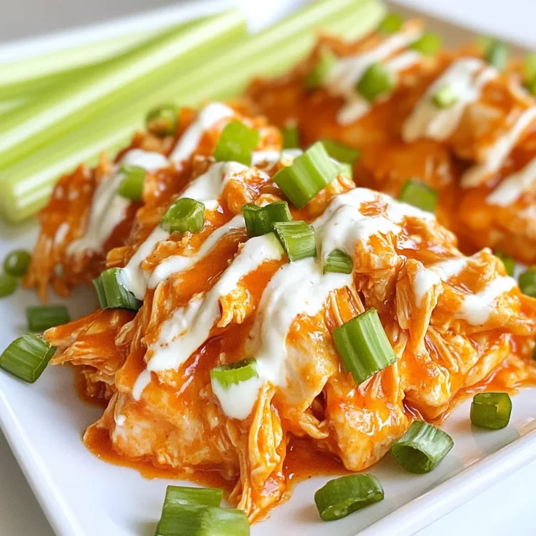 Um das beste Buffalo Chicken zu machen, brauchst du folgende Hauptzutaten: - 900 g Hähnchenbrustfilets, ohne Knochen und Haut - 240 ml Buffalo-Sauce (mild oder scharf, je nach Vorliebe) - 120 ml Hühnerbrühe Diese Zutaten bilden die Basis für ein saftiges und schmackhaftes Gericht. Das Hähnchen wird zart und nimmt den vollen Geschmack auf. Die richtigen Gewürze machen das Gericht besonders lecker. Hier sind die Gewürze, die du benötigst: - 1 Esslöffel Knoblauchpulver - 1 Esslöffel Zwiebelpulver - 1 Teelöffel geräuchertes Paprikapulver - 1 Teelöffel Salz - 1/2 Teelöffel schwarzer Pfeffer Diese Gewürze geben dem Hähnchen einen tollen Geschmack und einen leichten Kick. Buffalo Chicken schmeckt am besten mit einigen passenden Beilagen. Hier sind meine Tipps: - 60 ml Ranch-Dressing (zum Servieren) - Frischer Schnittlauch, gehackt (zum Garnieren) - Selleriestangen (zum Servieren) Das Ranch-Dressing ist cremig und passt perfekt zu dem würzigen Hähnchen. Selleriestangen bieten einen tollen, knusprigen Kontrast. Serviere alles in einer großen Schüssel und genieße! {{ingredient_image_2}} Lege die Hähnchenbrustfilets auf den Boden des Slow Cookers. Achte darauf, dass sie gleichmäßig verteilt sind. So wird das Hähnchen gleichmäßig gegart. Es ist wichtig, die Haut und Knochen zu entfernen. Das sorgt für eine zarte Textur und einen besseren Geschmack. In einer mittelgroßen Schüssel mische die Buffalo-Sauce, Hühnerbrühe, Knoblauchpulver, Zwiebelpulver, geräuchertes Paprikapulver, Salz und schwarzen Pfeffer. Rühre gut um, bis alles gut vermischt ist. Diese Soße gibt deinem Hähnchen den würzigen Kick, den es braucht. Gieße die Soßenmischung gleichmäßig über das Hähnchen. Setze den Deckel auf den Slow Cooker. Koche das Hähnchen auf niedriger Stufe für 6-8 Stunden oder auf hoher Stufe für 3-4 Stunden. Das Fleisch sollte zart sein und sich leicht zerpflücken lassen. Nach dem Kochen kannst du das Hähnchen mit zwei Gabeln im Slow Cooker zerkleinern. So vermischt sich das Fleisch gut mit der Soße. Serviere es direkt mit Ranch-Dressing und frischem Schnittlauch. Stelle auch Selleriestangen bereit, um einen frischen Crunch hinzuzufügen. Die Kochzeit ist wichtig für zartes Hähnchen. Ich empfehle, das Hähnchen auf niedriger Stufe für 6-8 Stunden zu garen. Auf hoher Stufe reicht 3-4 Stunden. Das Fleisch wird so saftig und zart. Prüfe, ob das Hähnchen leicht zerpflückt werden kann. Wenn ja, ist es perfekt. Die Schärfe der Buffalo-Sauce kann leicht angepasst werden. Nutze milde Buffalo-Sauce für einen sanften Geschmack. Für mehr Kick, wähle die scharfe Variante. Du kannst auch etwas scharfen Paprika oder Cayennepfeffer hinzufügen. Beginne mit einer kleinen Menge und taste dich langsam vor. So findest du die perfekte Schärfe. Buffalo Chicken passt gut zu vielen Beilagen. Selleriestangen sind klassisch und bieten Crunch. Auch Karottensticks sind eine gute Wahl. Dazu passt ein frisches Salatbett oder Kartoffelsalat. Um das Gericht abzurunden, serviere Ranch-Dressing. Es bringt einen tollen Geschmack und ist eine beliebte Kombination. Pro Tipps Hähnchen marinieren: Lass das Hähnchen mindestens eine Stunde in der Buffalo-Sauce marinieren, bevor du es in den Slow Cooker gibst, um den Geschmack zu intensivieren. Richtige Konsistenz: Falls die Sauce zu dünn erscheint, kannst du sie während des Kochens mit etwas Maisstärke andicken, um eine cremigere Textur zu erhalten. Variationen ausprobieren: Experimentiere mit verschiedenen Geschmacksrichtungen von Buffalo-Sauce oder füge zusätzliche Gewürze wie Cayennepfeffer für mehr Schärfe hinzu. Resteverwertung: Verwende Reste für Sandwiches oder Wraps, um ein köstliches Mittagessen zu kreieren, das die Aromen des Abendessens aufgreift. {{image_4}} Du kannst deine Buffalo-Sauce anpassen. Wenn du es milder magst, probiere eine BBQ-Sauce. Füge Honig oder Senf hinzu, um die Süße zu steigern. Für einen rauchigen Geschmack benutze Chipotle-Sauce oder rauchiges Paprikapulver. Experimentiere mit verschiedenen Gewürzen wie Cajun-Gewürz oder italienischen Kräutern. Um das Rezept gesünder zu machen, verwende Hähnchenbrust ohne Haut. Reduziere die Buffalo-Sauce auf 180 ml und mische sie mit griechischem Joghurt. Das gibt dir einen cremigen Geschmack mit weniger Kalorien. Ersetze das Ranch-Dressing durch ein leichtes Joghurtdressing. So bleibt das Gericht frisch und leicht. Buffalo Chicken schmeckt großartig mit verschiedenen Beilagen. Serviere es auf einem Salat mit frischem Gemüse. Du kannst auch Wraps machen, indem du das Hähnchen in Tortillas wickelst. Für ein herzhaftes Gericht kombiniere es mit Reis oder Quinoa. Das gibt dir eine gute Basis, die die Schärfe ausgleicht. Um die Reste deines Buffalo Chicken aufzubewahren, lasse das Hähnchen zuerst auf Raumtemperatur abkühlen. Fülle es dann in einen luftdichten Behälter. Stelle sicher, dass der Behälter gut verschlossen ist. So bleibt das Hähnchen frisch und lecker. Du kannst es 3 bis 4 Tage im Kühlschrank lagern. Wenn du das Buffalo Chicken länger aufbewahren möchtest, friere es ein. Fülle das Hähnchen in einen gefriergeeigneten Behälter oder in Gefrierbeutel. Achte darauf, so viel Luft wie möglich zu entfernen. So bleibt das Hähnchen bis zu 3 Monate frisch. Um es wieder aufzuwärmen, lasse es über Nacht im Kühlschrank auftauen. Du kannst es dann in der Mikrowelle oder im Ofen erhitzen. Im Kühlschrank hält sich das Buffalo Chicken 3 bis 4 Tage. Wenn du unsicher bist, überprüfe das Hähnchen auf Anzeichen von Verderb. Schimmel oder ein unangenehmer Geruch sind klare Zeichen, dass es nicht mehr gut ist. Es ist immer besser, auf Nummer sicher zu gehen! Das Hähnchen sollte im Slow Cooker für 6-8 Stunden auf niedriger Stufe garen. Wenn du es schneller machen willst, kannst du die hohe Stufe verwenden und das Hähnchen für 3-4 Stunden kochen. Du erkennst, dass das Hähnchen fertig ist, wenn es zart ist und sich leicht zerpflücken lässt. Ja, gefrorenes Hähnchen kann im Slow Cooker verwendet werden. Es dauert jedoch länger, um zu garen. Wenn du gefrorenes Hähnchen verwendest, plane etwa 1-2 zusätzliche Stunden ein. Stelle sicher, dass die Innentemperatur des Hähnchens mindestens 74 Grad Celsius erreicht, um sicher zu sein. Ranch-Dressing ist der klassische Dip für Buffalo Chicken. Du kannst auch Blauschimmelkäse-Dressing verwenden, um den scharfen Geschmack auszugleichen. Selleriestangen sind eine tolle Ergänzung, um die Schärfe zu mildern und für einen knusprigen Biss zu sorgen. In diesem Artikel haben wir die wichtigsten Zutaten für Buffalo Chicken behandelt. Wir haben auch die Zubereitung im Slow Cooker erklärt und hilfreiche Tipps gegeben. Variationen sowie Lagerinformationen sind ebenfalls wichtig, damit dein Gericht gelingt. Denke daran, die Schärfe nach deinem Geschmack anzupassen. Mit den richtigen Beilagen wird dein Buffalo Chicken zum Hit. Experimentiere mit neuen Soßen und genieße leckere Ergebnisse. Bleib kreativ und finde deine perfekte Mischung!