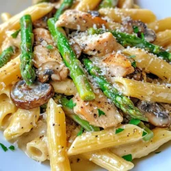 - 225 g Penne-Pasta - 2 Hähnchenbrustfilets, in Streifen geschnitten - 1 Tasse Spargel, gewaschen und in 2,5 cm lange Stücke geschnitten - 1 Tasse Champignons, in Scheiben geschnitten Die Hauptzutaten für das Pilz-Spargel-Hühnchen-Penne sind einfach zu finden und lecker. Die Penne-Pasta gibt dem Gericht eine tolle Textur. Hähnchenbrust liefert Protein und macht das Gericht sättigend. Spargel und Champignons bringen frische und Geschmack. Diese Zutaten machen das Rezept besonders. - 3 Knoblauchzehen, fein gehackt - 120 ml Schlagsahne - 120 ml Hühnerbrühe - 1 Esslöffel Olivenöl - 1 Teelöffel getrocknete italienische Kräuter (oder eine Mischung aus Oregano, Basilikum und Thymian) - Salz und Pfeffer nach Geschmack - Frische Petersilie, gehackt (zur Garnitur) - Geriebener Parmesan (zum Servieren) Zusätzlich brauchen wir Knoblauch, um das Gericht zu würzen. Schlagsahne und Hühnerbrühe sorgen für eine cremige Soße. Olivenöl hilft beim Anbraten, und die italienischen Kräuter bringen Aromen. Salz und Pfeffer passen alles perfekt an. Zum Garnieren nutzen wir frische Petersilie und Parmesan. Diese Zutaten machen das Gericht noch besser. {{ingredient_image_2}} Kochen Sie die Penne-Pasta in einem großen Topf. Füllen Sie den Topf mit gesalzenem Wasser. Bringen Sie das Wasser zum Kochen. Geben Sie die Pasta hinein und rühren Sie um. Kochen Sie die Pasta nach der Verpackungsanweisung. Für die beste Konsistenz sollten Sie die Pasta al dente kochen. Das bedeutet, sie sollte innen noch einen kleinen Biss haben. Nach dem Kochen gießen Sie die Pasta ab und stellen sie beiseite. Erhitzen Sie Olivenöl in einer großen Pfanne. Stellen Sie die Hitze auf mittel. Fügen Sie die Hähnchenstreifen hinzu, wenn das Öl heiß ist. Würzen Sie das Fleisch mit Salz, Pfeffer und der Hälfte der italienischen Kräuter. Braten Sie das Hähnchen 5 bis 7 Minuten an. Warten Sie, bis es goldbraun ist und durchgegart. Nehmen Sie das Hähnchen aus der Pfanne und legen Sie es beiseite. In der gleichen Pfanne fügen Sie den gehackten Knoblauch hinzu. Braten Sie ihn 1 Minute an, bis er duftet. Danach geben Sie die geschnittenen Champignons und Spargelstücke dazu. Kochen Sie das Gemüse 4 bis 5 Minuten lang, bis es zart ist. Geben Sie das Hähnchen zurück in die Pfanne. Fügen Sie die Hühnerbrühe und die Schlagsahne hinzu. Rühren Sie gut um und bringen Sie alles zum Simmern. Lassen Sie die Soße 3 bis 4 Minuten köcheln, damit sie leicht eindickt. Jetzt geben Sie die gekochte Penne in die Pfanne. Mischen Sie alles gut, bis die Pasta gleichmäßig mit der Soße bedeckt ist. Prüfen Sie die Temperatur. Das Gericht sollte heiß sein, aber nicht kochen. Nehmen Sie die Pfanne vom Herd und richten Sie das Pilz-Spargel-Hühnchen-Penne auf Tellern an. Garnieren Sie das Gericht mit frischer Petersilie und geriebenem Parmesan für einen tollen Look. - Mit verschiedenen Gemüsesorten experimentieren: Du kannst dieses Gericht leicht anpassen. Ersetze Spargel mit Brokkoli oder Paprika. Auch Zucchini oder Karotten passen gut. Experimentiere mit deinen Lieblingsgemüsen. - Fleischalternativen anbieten: Für eine vegetarische Option, nutze Tofu oder Seitan. Diese Zutaten nehmen die Soße gut auf und sind nahrhaft. - Häufige Fehler und deren Lösungen: Ein häufiger Fehler ist, die Pasta zu lange zu kochen. Achte darauf, sie al dente zu garen. So bleibt die Textur ideal. Wenn das Hühnchen zu trocken ist, lasse es nicht zu lange in der Pfanne. - Tipps zum rechtzeitigen Servieren: Bereite alle Zutaten vorher vor. So bist du schneller fertig. Serviere das Gericht sofort nach dem Kochen. Kaltes Essen schmeckt nicht gut und sieht unappetitlich aus. - Gewürze variieren: Probiere, andere Gewürze hinzuzufügen. Paprika oder Chili bringen Schärfe. Frische Kräuter wie Basilikum oder Petersilie geben neuen Geschmack. - Sichere Geschmackskombinationen: Kombiniere die italienischen Kräuter mit Zitrone. Der frische Geschmack ergänzt die Soße gut. Auch ein Spritzer Balsamico kann das Gericht aufpeppen. Pro Tipps Frische Kräuter verwenden: Verwenden Sie frische italienische Kräuter anstelle von getrockneten, um den Geschmack des Gerichts zu intensivieren. Variieren Sie das Gemüse: Fügen Sie zusätzliches Gemüse hinzu, wie z.B. Babyspinat oder Zucchini, um mehr Farbe und Nährstoffe zu integrieren. Die richtige Pasta-Konsistenz: Kochen Sie die Pasta al dente, damit sie beim Vermengen mit der Soße nicht matschig wird. Soße anpassen: Schmecken Sie die Soße vor dem Servieren ab und fügen Sie nach Bedarf mehr Salz, Pfeffer oder Zitronensaft hinzu, um den Geschmack zu heben. {{image_4}} Wenn du das Gericht vegetarisch machen möchtest, gibt es tolle Optionen. Du kannst Blumenkohl oder Brokkoli anstelle von Hähnchen verwenden. Diese Gemüse geben dem Gericht einen guten Biss und viel Geschmack. Tofu ist auch eine hervorragende Wahl. Er nimmt die Aromen gut auf. Seitan ist eine weitere Möglichkeit. Er hat eine fleischähnliche Textur und schmeckt lecker in der Soße. Käse macht viel aus in diesem Gericht. Parmesan hat einen starken Geschmack, der gut passt. Du kannst aber auch andere Käsesorten nutzen. Mozzarella macht das Gericht cremig. Für eine vegane Option kannst du Nusskäse oder Hefeflocken verwenden. Diese Alternativen sorgen ebenfalls für einen tollen Geschmack in der Soße. Pasta ist flexibel! Du kannst andere Formen wie Farfalle oder Fusilli verwenden. Diese Formen halten die Soße gut fest. Wenn du glutenfrei bist, gibt es viele Alternativen. Reis- oder Linsennudeln sind gute Optionen. Sie halten die Textur und sind lecker in diesem Gericht. Um die Reste von unserem Pilz-Spargel-Hühnchen-Penne gut zu lagern, folge diesen Tipps: - Im Kühlschrank aufbewahren: Lasse das Gericht zuerst auf Raumtemperatur abkühlen. Fülle es dann in einen luftdichten Behälter. So bleibt es frisch. Im Kühlschrank hält es sich bis zu drei Tage. - Tipps zum Einfrieren: Wenn du mehr Reste hast, kannst du sie einfrieren. Verwende gefriergeeignete Behälter oder Beutel. So bleibt der Geschmack erhalten. Das Gericht kann bis zu drei Monate gefroren werden. Wenn du das Gericht wieder aufwärmst, gibt es zwei gute Optionen: - Mikrowelle oder Pfanne?: Du kannst die Reste in der Mikrowelle aufwärmen. Stelle die Mikrowelle auf mittlere Hitze und decke das Gericht ab. Alternativ kannst du es in einer Pfanne erhitzen. Füge ein wenig Wasser oder Brühe hinzu, um die Soße feucht zu halten. - So bleibt der Geschmack erhalten: Achte darauf, das Gericht langsam zu erwärmen. So bleibt der Geschmack besser erhalten. Rühre das Essen regelmäßig um, damit es gleichmäßig warm wird. Du kannst Pilz-Spargel-Hühnchen-Penne bis zu drei Tage im Kühlschrank aufbewahren. Achte darauf, das Gericht in einem luftdichten Behälter zu lagern. Wenn du es länger aufbewahren möchtest, friere die Portionen ein. In einem gefrierfesten Behälter bleibt das Gericht bis zu drei Monate frisch. Ja, du kannst die Pasta im Voraus kochen. Koche die Penne und lasse sie abkühlen. Bewahre sie dann in einem luftdichten Behälter im Kühlschrank auf. Du kannst die fertige Pasta bis zu zwei Tage im Voraus zubereiten. Das Einfrieren der gekochten Pasta ist nicht empfehlenswert, da sie matschig werden kann. Zu Pilz-Spargel-Hühnchen-Penne passen frischer grüner Salat oder geröstetes Brot hervorragend. Diese Beilagen ergänzen das Gericht gut. Für Getränke empfehle ich einen leichten Weißwein, zum Beispiel Pinot Grigio. Mineralwasser mit Zitrone ist auch eine erfrischende Wahl. Ja, du kannst das Rezept anpassen. Für eine glutenfreie Option verwende glutenfreie Pasta. Wenn du Milchprodukte meiden möchtest, ersetze die Schlagsahne durch Kokosmilch oder eine pflanzliche Sahne. Das Rezept bleibt lecker und anpassbar für verschiedene Bedürfnisse. In diesem Artikel haben wir die Zutaten, die Schritt-für-Schritt-Anleitung und wertvolle Tipps für dein Pilz-Spargel-Hühnchen-Penne-Rezept behandelt. Du hast die Hauptzutaten kennengelernt und hilfreiche Kochmethoden entdeckt. Denke daran, die Variationen auszuprobieren, um das Gericht ganz nach deinem Geschmack zu gestalten. Reste sind leicht zu lagern und zu erwärmen. So bleibt der Genuss lange bestehen. Viel Freude beim Kochen und Experimentieren!