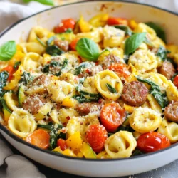 Um diese leckere Ein-Pfannen-Tortellini-Wurst-Pfanne zu machen, brauchst du die folgenden Zutaten: - 450 g süße italienische Wurst, aus der Haut entfernt - 340 g Käse-Tortellini (frisch oder gefroren) - 1 Esslöffel Olivenöl - 3 Knoblauchzehen, fein gehackt - 1 rote Paprika, gewürfelt - 1 Zucchini, gewürfelt - 1 Tasse Kirschtomaten, halbiert - 1 Tasse Blattspinat, grob gehackt - 1 Teelöffel italienische Kräuter - 1/2 Teelöffel rote Chiliflocken (optional) - Salz und Pfeffer nach Geschmack - Frische Basilikumblätter zur Garnitur - Geriebener Parmesan zum Servieren Für die Zubereitung benötigst du: - Eine große Pfanne - Einen Pfannenwender - Ein Schneidebrett - Ein scharfes Messer - Messlöffel und Tassen - Eine Schüssel für die Zutaten Wähle frische Zutaten für den besten Geschmack. Achte darauf, dass die Wurst von guter Qualität ist. Süße italienische Wurst bringt viel Aroma. Bei den Tortellini kannst du frische wählen, sie sind zarter. Kirschtomaten sollten reif und saftig sein. Die Paprika und Zucchini sollten knackig und farbenfroh sein. Frischer Spinat gibt deinem Gericht eine schöne Farbe und Nährstoffe. {{ingredient_image_2}} Erhitze zuerst das Olivenöl in einer großen Pfanne bei mittlerer Hitze. Nimm die süße italienische Wurst und entferne die Haut. Gib die Wurst in die Pfanne und zerbrich sie mit einem Pfannenwender. Brate die Wurst für etwa 5-7 Minuten. Sie sollte durchgegart und schön braun sein. Achte darauf, dass sie gleichmäßig brät, damit der Geschmack gut verteilt ist. Sobald die Wurst fertig ist, füge die gehackten Knoblauchzehen hinzu. Brate sie für eine Minute, bis sie aromatisch sind. Jetzt ist es Zeit, die gewürfelte rote Paprika und Zucchini hinzuzufügen. Koche die Mischung weitere 3-4 Minuten. Das Gemüse sollte leicht weich werden, aber noch etwas Biss haben. Danach kommen die Kirschtomaten und der Blattspinat dazu. Füge die italienischen Kräuter, Chiliflocken sowie Salz und Pfeffer hinzu. Koche alles für 2-3 Minuten. Der Spinat wird zusammenfallen und die Tomaten leicht aufplatzen. Jetzt ist es Zeit für die Tortellini! Gib sie vorsichtig in die Pfanne. Wenn nötig, füge etwa 60 ml Wasser hinzu, um die Tortellini zu erhitzen. Frische Tortellini benötigen ca. 5-6 Minuten, gefrorene sollten nach der Verpackung gekocht werden. Prüfe, ob die Tortellini gar sind. Nimm die Pfanne vom Herd und schmecke die Mischung ab. Füge nach Belieben mehr Salz und Pfeffer hinzu. Serviere das Gericht heiß. Garniere es mit frischen Basilikumblättern und einem Klecks geriebenem Parmesan. Das macht es besonders lecker! Die Garzeit für Tortellini ist wichtig. Frische Tortellini braucht circa 5-6 Minuten. Wenn du gefrorene verwendest, schau auf die Verpackung. Oft sind sie etwas länger in der Kochzeit. Achte darauf, dass du sie nicht zu lange kochst. Sie können matschig werden, wenn sie überkochen. Um das Gericht noch besser zu machen, kannst du frische Kräuter nutzen. Basilikum und Oregano bringen viel Aroma. Ich empfehle, die Kräuter am Ende hinzuzufügen. So bleiben die Aromen frisch. Ein Spritzer Zitronensaft kann auch helfen, den Geschmack zu heben. Überkochen kann schnell passieren. Achte darauf, die Hitze nicht zu hoch zu stellen. Rühre die Mischung regelmäßig um. So bleibt alles gleichmäßig warm und lecker. Wenn du einen Deckel verwendest, lasse etwas Platz. Das hilft, den Dampf entweichen zu lassen und Überkochen zu vermeiden. Pro Tipps Wurst anbraten: Brate die Wurst gut an, damit sie eine schöne Kruste bekommt und intensiv im Geschmack ist. Frisches Gemüse: Verwende frisches Gemüse, um die Aromen zu intensivieren und die Textur zu verbessern. Wasser hinzufügen: Wenn du frische Tortellini verwendest, füge etwas Wasser hinzu, um sicherzustellen, dass sie gleichmäßig garen. Parmesan variieren: Experimentiere mit verschiedenen Käsesorten wie Pecorino oder Grana Padano für einen anderen Geschmack. {{image_4}} Du kannst die Wurst leicht weglassen. Ersetze sie durch gebratene Pilze oder Kichererbsen. Diese Optionen bringen viel Geschmack. Verwende die gleichen Schritte wie im Rezept. Die Textur bleibt angenehm. Du wirst eine leckere vegetarische Pfanne genießen. Das Gemüse in dieser Pfanne ist flexibel. Probiere Brokkoli, grüne Bohnen oder Karotten. Diese Gemüsesorten bringen Farbe und Nährstoffe. Du kannst auch gefrorenes Gemüse verwenden. Achte darauf, die Garzeit anzupassen. So bleibt alles knackig und frisch. Serviere die Tortellini-Wurst-Pfanne mit frischem Brot. Ein einfacher grüner Salat ergänzt das Gericht perfekt. Du kannst auch Knoblauchbrot dazu reichen. Es gibt viele Möglichkeiten, um es noch besser zu machen. Denk daran, frische Kräuter als Garnitur zu nutzen. Basilikum oder Petersilie verleihen Geschmack und Frische. Nach dem Kochen ist es wichtig, das Gericht richtig zu lagern. Lass die Pfanne auf Raumtemperatur abkühlen, bevor du es in den Kühlschrank stellst. Nutze einen luftdichten Behälter, um die Frische zu bewahren. So bleibt der Geschmack und die Textur der Zutaten gut. Zum Aufwärmen erhitze die Ein-Pfannen-Tortellini-Wurst-Pfanne in einer Pfanne auf mittlerer Hitze. Füge einen Spritzer Olivenöl hinzu, um ein Ankleben zu verhindern. Rühre regelmäßig um, damit alles gleichmäßig warm wird. Alternativ kannst du die Mischung in der Mikrowelle aufwärmen. Stelle die Mikrowelle auf mittlere Leistung und erwärme das Gericht in kurzen Intervallen. Im Kühlschrank hält sich das Gericht etwa 3 bis 4 Tage. Für eine längere Lagerung kannst du die Pfanne einfrieren. In einem gefrierfesten Behälter bleibt die Tortellini-Wurst-Pfanne bis zu 3 Monate frisch. Achte darauf, sie gut zu verpacken, um Gefrierbrand zu vermeiden. Die Zubereitung der Ein-Pfannen-Tortellini-Wurst-Pfanne dauert etwa 30 Minuten. Die Vorbereitungszeit beträgt 10 Minuten. Das Kochen selbst nimmt dann rund 20 Minuten in Anspruch. In dieser Zeit brate ich die Wurst, das Gemüse und die Tortellini. Du wirst sehen, wie schnell du ein leckeres Gericht zaubern kannst! Ja, du kannst gefrorene Tortellini verwenden. Diese sind eine praktische Option, wenn du frische Tortellini nicht zur Hand hast. Achte darauf, die Kochzeit laut Verpackung zu befolgen. Oft dauert es etwas länger als bei frischen. Wenn du sie hinzufügst, gib einfach etwas Wasser in die Pfanne, um sie gleichmäßig zu erhitzen. Zu dieser Pfanne passen viele Beilagen gut. Hier sind ein paar Ideen: - Ein frischer grüner Salat - Knuspriges Brot oder Focaccia - Gegrilltes Gemüse - Einfaches Pesto zum Dippen Diese Beilagen ergänzen das Gericht toll und machen das Essen noch besser. Die Ein-Pfannen-Tortellini-Wurst-Pfanne ist einfach und lecker. Wir haben die Hauptzutaten, die nötigen Utensilien und die besten Tipps besprochen. Die Schritt-für-Schritt-Anleitung hilft dir, das Gericht schnell zuzubereiten. Denk daran, die Garzeiten sowie die richtigen Gewürze zu beachten. Variationen bieten dir Optionen für jeden Geschmack. Lagerung und Aufwärmen sind ebenfalls wichtig, um Reste richtig nutzen zu können. Probiere es aus und kreiere dein eigenes, köstliches Gericht!