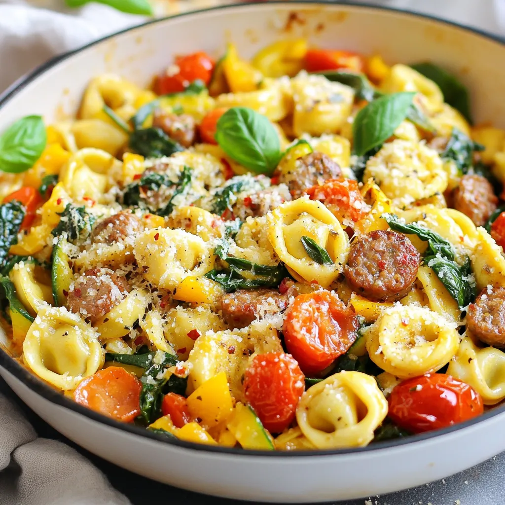 Um diese leckere Ein-Pfannen-Tortellini-Wurst-Pfanne zu machen, brauchst du die folgenden Zutaten: - 450 g süße italienische Wurst, aus der Haut entfernt - 340 g Käse-Tortellini (frisch oder gefroren) - 1 Esslöffel Olivenöl - 3 Knoblauchzehen, fein gehackt - 1 rote Paprika, gewürfelt - 1 Zucchini, gewürfelt - 1 Tasse Kirschtomaten, halbiert - 1 Tasse Blattspinat, grob gehackt - 1 Teelöffel italienische Kräuter - 1/2 Teelöffel rote Chiliflocken (optional) - Salz und Pfeffer nach Geschmack - Frische Basilikumblätter zur Garnitur - Geriebener Parmesan zum Servieren Für die Zubereitung benötigst du: - Eine große Pfanne - Einen Pfannenwender - Ein Schneidebrett - Ein scharfes Messer - Messlöffel und Tassen - Eine Schüssel für die Zutaten Wähle frische Zutaten für den besten Geschmack. Achte darauf, dass die Wurst von guter Qualität ist. Süße italienische Wurst bringt viel Aroma. Bei den Tortellini kannst du frische wählen, sie sind zarter. Kirschtomaten sollten reif und saftig sein. Die Paprika und Zucchini sollten knackig und farbenfroh sein. Frischer Spinat gibt deinem Gericht eine schöne Farbe und Nährstoffe. {{ingredient_image_2}} Erhitze zuerst das Olivenöl in einer großen Pfanne bei mittlerer Hitze. Nimm die süße italienische Wurst und entferne die Haut. Gib die Wurst in die Pfanne und zerbrich sie mit einem Pfannenwender. Brate die Wurst für etwa 5-7 Minuten. Sie sollte durchgegart und schön braun sein. Achte darauf, dass sie gleichmäßig brät, damit der Geschmack gut verteilt ist. Sobald die Wurst fertig ist, füge die gehackten Knoblauchzehen hinzu. Brate sie für eine Minute, bis sie aromatisch sind. Jetzt ist es Zeit, die gewürfelte rote Paprika und Zucchini hinzuzufügen. Koche die Mischung weitere 3-4 Minuten. Das Gemüse sollte leicht weich werden, aber noch etwas Biss haben. Danach kommen die Kirschtomaten und der Blattspinat dazu. Füge die italienischen Kräuter, Chiliflocken sowie Salz und Pfeffer hinzu. Koche alles für 2-3 Minuten. Der Spinat wird zusammenfallen und die Tomaten leicht aufplatzen. Jetzt ist es Zeit für die Tortellini! Gib sie vorsichtig in die Pfanne. Wenn nötig, füge etwa 60 ml Wasser hinzu, um die Tortellini zu erhitzen. Frische Tortellini benötigen ca. 5-6 Minuten, gefrorene sollten nach der Verpackung gekocht werden. Prüfe, ob die Tortellini gar sind. Nimm die Pfanne vom Herd und schmecke die Mischung ab. Füge nach Belieben mehr Salz und Pfeffer hinzu. Serviere das Gericht heiß. Garniere es mit frischen Basilikumblättern und einem Klecks geriebenem Parmesan. Das macht es besonders lecker! Die Garzeit für Tortellini ist wichtig. Frische Tortellini braucht circa 5-6 Minuten. Wenn du gefrorene verwendest, schau auf die Verpackung. Oft sind sie etwas länger in der Kochzeit. Achte darauf, dass du sie nicht zu lange kochst. Sie können matschig werden, wenn sie überkochen. Um das Gericht noch besser zu machen, kannst du frische Kräuter nutzen. Basilikum und Oregano bringen viel Aroma. Ich empfehle, die Kräuter am Ende hinzuzufügen. So bleiben die Aromen frisch. Ein Spritzer Zitronensaft kann auch helfen, den Geschmack zu heben. Überkochen kann schnell passieren. Achte darauf, die Hitze nicht zu hoch zu stellen. Rühre die Mischung regelmäßig um. So bleibt alles gleichmäßig warm und lecker. Wenn du einen Deckel verwendest, lasse etwas Platz. Das hilft, den Dampf entweichen zu lassen und Überkochen zu vermeiden. Pro Tipps Wurst anbraten: Brate die Wurst gut an, damit sie eine schöne Kruste bekommt und intensiv im Geschmack ist. Frisches Gemüse: Verwende frisches Gemüse, um die Aromen zu intensivieren und die Textur zu verbessern. Wasser hinzufügen: Wenn du frische Tortellini verwendest, füge etwas Wasser hinzu, um sicherzustellen, dass sie gleichmäßig garen. Parmesan variieren: Experimentiere mit verschiedenen Käsesorten wie Pecorino oder Grana Padano für einen anderen Geschmack. {{image_4}} Du kannst die Wurst leicht weglassen. Ersetze sie durch gebratene Pilze oder Kichererbsen. Diese Optionen bringen viel Geschmack. Verwende die gleichen Schritte wie im Rezept. Die Textur bleibt angenehm. Du wirst eine leckere vegetarische Pfanne genießen. Das Gemüse in dieser Pfanne ist flexibel. Probiere Brokkoli, grüne Bohnen oder Karotten. Diese Gemüsesorten bringen Farbe und Nährstoffe. Du kannst auch gefrorenes Gemüse verwenden. Achte darauf, die Garzeit anzupassen. So bleibt alles knackig und frisch. Serviere die Tortellini-Wurst-Pfanne mit frischem Brot. Ein einfacher grüner Salat ergänzt das Gericht perfekt. Du kannst auch Knoblauchbrot dazu reichen. Es gibt viele Möglichkeiten, um es noch besser zu machen. Denk daran, frische Kräuter als Garnitur zu nutzen. Basilikum oder Petersilie verleihen Geschmack und Frische. Nach dem Kochen ist es wichtig, das Gericht richtig zu lagern. Lass die Pfanne auf Raumtemperatur abkühlen, bevor du es in den Kühlschrank stellst. Nutze einen luftdichten Behälter, um die Frische zu bewahren. So bleibt der Geschmack und die Textur der Zutaten gut. Zum Aufwärmen erhitze die Ein-Pfannen-Tortellini-Wurst-Pfanne in einer Pfanne auf mittlerer Hitze. Füge einen Spritzer Olivenöl hinzu, um ein Ankleben zu verhindern. Rühre regelmäßig um, damit alles gleichmäßig warm wird. Alternativ kannst du die Mischung in der Mikrowelle aufwärmen. Stelle die Mikrowelle auf mittlere Leistung und erwärme das Gericht in kurzen Intervallen. Im Kühlschrank hält sich das Gericht etwa 3 bis 4 Tage. Für eine längere Lagerung kannst du die Pfanne einfrieren. In einem gefrierfesten Behälter bleibt die Tortellini-Wurst-Pfanne bis zu 3 Monate frisch. Achte darauf, sie gut zu verpacken, um Gefrierbrand zu vermeiden. Die Zubereitung der Ein-Pfannen-Tortellini-Wurst-Pfanne dauert etwa 30 Minuten. Die Vorbereitungszeit beträgt 10 Minuten. Das Kochen selbst nimmt dann rund 20 Minuten in Anspruch. In dieser Zeit brate ich die Wurst, das Gemüse und die Tortellini. Du wirst sehen, wie schnell du ein leckeres Gericht zaubern kannst! Ja, du kannst gefrorene Tortellini verwenden. Diese sind eine praktische Option, wenn du frische Tortellini nicht zur Hand hast. Achte darauf, die Kochzeit laut Verpackung zu befolgen. Oft dauert es etwas länger als bei frischen. Wenn du sie hinzufügst, gib einfach etwas Wasser in die Pfanne, um sie gleichmäßig zu erhitzen. Zu dieser Pfanne passen viele Beilagen gut. Hier sind ein paar Ideen: - Ein frischer grüner Salat - Knuspriges Brot oder Focaccia - Gegrilltes Gemüse - Einfaches Pesto zum Dippen Diese Beilagen ergänzen das Gericht toll und machen das Essen noch besser. Die Ein-Pfannen-Tortellini-Wurst-Pfanne ist einfach und lecker. Wir haben die Hauptzutaten, die nötigen Utensilien und die besten Tipps besprochen. Die Schritt-für-Schritt-Anleitung hilft dir, das Gericht schnell zuzubereiten. Denk daran, die Garzeiten sowie die richtigen Gewürze zu beachten. Variationen bieten dir Optionen für jeden Geschmack. Lagerung und Aufwärmen sind ebenfalls wichtig, um Reste richtig nutzen zu können. Probiere es aus und kreiere dein eigenes, köstliches Gericht!