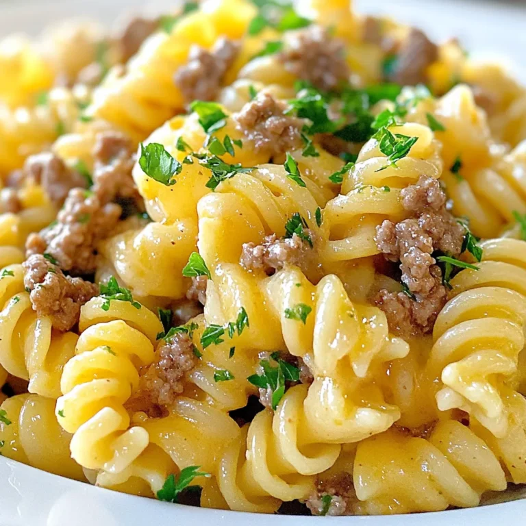 - Pasta: 225g Fusilli oder Penne - Rindfleisch: 450g Hackfleisch - Gemüse: 4 Knoblauchzehen, 1 Zwiebel Die Hauptzutaten sind einfach und lecker. Du kannst Fusilli oder Penne verwenden. Diese Pastaformen halten die Sauce gut. Das Hackfleisch gibt der Pasta Geschmack und Fülle. Knoblauch und Zwiebel sorgen für ein tolles Aroma. - Flüssigkeiten: 240ml Rinderbrühe, 240ml Schlagsahne - Gewürze: 1 Teelöffel italienische Gewürzmischung, Salz, Pfeffer - Garnierung: Frische Petersilie, 100g Parmesan Für die Sauce brauchst du Rinderbrühe und Schlagsahne. Diese machen die Sauce cremig und reichhaltig. Die italienische Gewürzmischung bringt tolle Aromen. Mit Salz und Pfeffer kannst du den Geschmack anpassen. Frische Petersilie gibt Farbe und einen frischen Geschmack. Parmesan macht alles noch besser. {{ingredient_image_2}} Um die Pasta richtig zu kochen, bringe einen großen Topf mit viel Salzwasser zum Kochen. Füge die 225g Fusilli oder Penne hinzu. Koche die Pasta nach den Anweisungen auf der Verpackung, bis sie al dente ist. Das dauert meist etwa 8-10 Minuten. Vergiss nicht, 120ml von dem Pastawasser aufzuheben, bevor du die Pasta abgießt. Dieses Wasser hilft später, die Sauce zu binden. Für das Rindfleisch erhitze 3 Esslöffel Olivenöl in einer großen Pfanne. Stelle die Hitze auf mittel bis hoch ein. Gib die 450g Hackfleisch in die Pfanne. Brate das Fleisch, bis es durchgegart und braun ist. Zerkleinere es mit einem Holzlöffel, um gleichmäßige Stücke zu erhalten. Wenn das Rindfleisch fertig ist, kannst du überschüssiges Fett abgießen, um die Sauce nicht zu fettig zu machen. Jetzt kommt der aromatische Teil! Füge die fein gewürfelte Zwiebel und die 4 fein gehackten Knoblauchzehen in die Pfanne. Brate sie etwa 3-4 Minuten lang, bis die Zwiebel glasig wird und der Knoblauch gut riecht. Danach gieße 240ml Rinderbrühe in die Pfanne und bringe alles zum Köcheln. Lass es für 2-3 Minuten köcheln. Reduziere nun die Hitze und rühre 240ml Schlagsahne unter, bis alles gut vermischt ist. Diese Mischung wird die Basis für deine cremige Sauce. Um die Sauce perfekt zu machen, ist Pastawasser der Schlüssel. Das stärkehaltige Wasser hilft, die Sauce zu binden. Halte 120 ml des Pastawassers bereit, bevor du die Pasta abgießt. Füge es nach Bedarf zur Sauce hinzu. Für eine cremige Sauce nutze frische Schlagsahne. Sie sorgt für eine angenehme Konsistenz. Lass die Sauce nicht zu lange köcheln, um die Cremigkeit zu bewahren. Rühre stetig, damit sie gleichmäßig bleibt. Um das Rindfleisch zart zu halten, brate es bei mittlerer bis hoher Hitze. So erhält es eine schöne braune Kruste. Zerkleinere das Fleisch mit einem Holzlöffel. Dies hilft, es gleichmäßig zu garen. Achte auf das Timing. Das Rindfleisch braucht etwa sieben bis zehn Minuten. Überprüfe die Farbe, um sicherzustellen, dass es gut durchgegart ist. Wenn du zu viel Fett hast, gieße es vorsichtig ab. Für eine ansprechende Servieroption nutze große, flache Teller. Platziere die Pasta in der Mitte. Verwende frische Petersilie für einen Farbtupfer und frische Aromen. Kreative Garnierungen sind einfach. Streue geriebenen Parmesan obenauf oder verwende frische Kräuter. So sieht dein Gericht nicht nur gut aus, sondern schmeckt auch besser. Pro Tipps Die perfekte Pasta: Kochen Sie die Pasta immer al dente, damit sie die Sauce besser aufnimmt und nicht matschig wird. Würzen Sie das Fleisch: Fügen Sie dem Hackfleisch bereits beim Anbraten Salz und Pfeffer hinzu, um den Geschmack zu intensivieren. Frische Kräuter für Aroma: Verwenden Sie frische Petersilie oder andere Kräuter zur Garnierung, um dem Gericht mehr Frische und Farbe zu verleihen. Reste kreativ verwenden: Falls Sie Reste haben, können Sie die Pasta in einer Auflaufform backen, um ein neues, leckeres Gericht zu kreieren. {{image_4}} Für eine vegetarische Version der cremigen Knoblauch-Rindfleisch-Pasta kannst du Hackfleisch ersetzen. Hier sind einige Alternativen: - Linsen: Gekochte grüne oder braune Linsen geben eine gute Textur. - Pilze: Gehackte Champignons bringen einen herzhaften Geschmack. - Tofu: Zerbröselter, gebratener Tofu passt gut zu dieser Pasta. Wenn du eine vegane Option suchst, wähle pflanzliche Produkte: - Veganes Hackfleisch: Es gibt viele Marken, die guten Geschmack bieten. - Nüsse und Samen: Gehackte Walnüsse oder Sonnenblumenkerne können zusätzlichen Crunch geben. Um deinen Gerichten mehr Geschmack zu verleihen, füge diese Zutaten hinzu: - Gemüse: Spinat, Brokkoli oder Zucchini bringen Frische und Farbe. - Gewürze: Eine Prise Paprika oder Cayennepfeffer kann die Sauce aufpeppen. - Käsevarianten: Probiere Feta oder Gorgonzola für einen anderen Käsegeschmack. Diese Zutaten machen dein Gericht noch bunter und geschmackvoller. Experimentiere mit verschiedenen Pastaformen für neue Texturen: - Tagliatelle: Diese flachen Nudeln halten die Sauce gut. - Farfalle: Diese Schmetterlingsnudeln sind ein Spaß für Kinder. Wenn du glutenfreie Optionen benötigst, gibt es ebenfalls viele Alternativen: - Reisnudeln: Sie sind leicht und schmecken gut mit der Sauce. - Zucchininudeln: Zucchini kann eine gesunde, kohlenhydratarme Wahl sein. Diese Variationen helfen dir, neue Geschmäcker zu entdecken und deine Pasta zu personalisieren. Um die cremige Knoblauch-Rindfleisch-Pasta richtig zu lagern, folge diesen Schritten: - Lass die Pasta zuerst auf Raumtemperatur abkühlen. - Fülle die Reste in einen luftdichten Behälter. - Bewahre die Pasta im Kühlschrank auf. Sie bleibt dort bis zu drei Tage frisch. Wenn du die Pasta länger aufbewahren willst, kannst du sie auch einfrieren: - Teile die Pasta in Portionen auf. - Fülle jede Portion in einen gefrierfesten Behälter oder einen Gefrierbeutel. - Achte darauf, so viel Luft wie möglich zu entfernen. - Im Gefrierfach hält die Pasta bis zu drei Monate. Um die Pasta ohne Qualitätsverlust aufzuwärmen, nutze diese Methoden: - Mikrowelle: Gib die Pasta in eine mikrowellengeeignete Schüssel. Füge einen Esslöffel Wasser hinzu. Decke die Schüssel ab und erwärme sie in Intervallen von 30 Sekunden. Rühre zwischendurch um. - Herd: Erhitze die Pasta in einer Pfanne bei mittlerer Hitze. Füge etwas Wasser oder Brühe hinzu, um die Sauce zu lockern. Rühre gut um. Um die Sauce wieder cremig zu machen, gibt es einige einfache Tipps: - Füge einen Schuss Schlagsahne hinzu, wenn die Pasta warm wird. - Nutze das aufgehobene Pastawasser. Das hilft, die Konsistenz zu verbessern. Damit bleibt deine cremige Knoblauch-Rindfleisch-Pasta lecker und frisch, auch nach dem ersten Essen. Die Zubereitung dauert insgesamt 30 Minuten. Du benötigst 10 Minuten für die Vorbereitung. Die restlichen 20 Minuten sind für das Kochen und Anbraten. Diese Zeit ist perfekt für ein schnelles Abendessen. Ja, du kannst die Sauce im Voraus zubereiten. Koche die Sauce und lasse sie abkühlen. Bewahre sie in einem luftdichten Behälter im Kühlschrank auf. Sie bleibt dort bis zu drei Tage frisch. Wenn du sie später nutzen möchtest, erhitze sie einfach. Um den Geschmack zu intensivieren, füge frische Kräuter wie Basilikum oder Oregano hinzu. Ein Spritzer Zitronensaft kann auch helfen. Außerdem kannst du etwas Chili für eine scharfe Note einstreuen. Experimentiere mit deinen Lieblingsgewürzen, um die Sauce zu personalisieren. Diese Anleitung zeigt, wie man eine köstliche cremige Knoblauch-Rindfleisch-Pasta zubereitet. Wir haben die Hauptzutaten, deren Zubereitung und Tipps für die perfekte Konsistenz behandelt. Variationen helfen, das Rezept anzupassen. Zudem gibt es Tipps zur Lagerung und Wiedererwärmung. Denke daran, beim Kochen kreativ zu sein. Probiere verschiedene Zutaten und Methoden aus. So machst du jedes Mal ein leckeres Gericht. Das Kochen macht Spaß und bringt dir Freude!