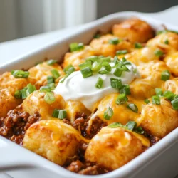 - 450 g gemahlenes Rindfleisch oder Pute - 1 Dose Chili (425 g) - 1 Packung gefrorene Tater Tots (900 g) - 100 g geriebener Cheddar-Käse - 100 g geriebener Mozzarella-Käse - Gewürze: Kreuzkümmel, Chilipulver, Salz, Pfeffer - 1 kleine Zwiebel, gewürfelt - 2 Knoblauchzehen, gehackt - 2 Frühlingszwiebeln, gehackt (zum Garnieren) - 120 ml saure Sahne (optional) Ich liebe die Einfachheit und die Vielfalt der Zutaten in diesem Gericht. Das gemahlene Rindfleisch oder die Pute ist die Basis. Es gibt dem Auflauf einen herzhaften Geschmack. Die Dose Chili bringt die nötige Würze. Sie macht das Gericht schnell und einfach. Die Tater Tots sorgen für eine knusprige Schicht oben. Sie machen den Auflauf besonders lecker und sättigend. Käse ist ein Muss! Der Cheddar und der Mozzarella schmelzen perfekt und sorgen für ein cremiges Erlebnis. Die Gewürze sind wichtig. Kreuzkümmel und Chilipulver geben Tiefe und Wärme. Salz und Pfeffer helfen, die Aromen zu verstärken. Die Zwiebel und der Knoblauch fügen eine schöne Süße und einen tollen Geschmack hinzu. Ich empfehle, alles frisch zu halten. Wenn Sie frische Zutaten verwenden, schmeckt es noch besser. Die Frühlingszwiebeln sind perfekt zum Garnieren. Sie fügen Farbe und einen frischen Biss hinzu. Die saure Sahne ist optional, aber sehr lecker. Sie bringt eine cremige Frische, die gut zu den würzigen Aromen passt. All diese Zutaten zusammen machen den Chili Cheese Tater Tot Auflauf zu einem echten Genuss. {{ingredient_image_2}} - Ofen auf 220 °C (425 °F) vorheizen - Zutaten und Küchenteile bereitlegen Zuerst heizen wir den Ofen vor. Dies sorgt dafür, dass der Auflauf gleichmäßig gart. Während der Ofen warm wird, stelle sicher, dass du alle Zutaten zur Hand hast. Das macht den Kochprozess viel einfacher. - Gemahlenes Rindfleisch oder Pute mit Zwiebel und Knoblauch anbraten - Fettreduktion und Würzen In einer großen Pfanne erhitzt du das gemahlene Fleisch. Füge die gewürfelte Zwiebel und den gehackten Knoblauch hinzu. Brate alles bei mittlerer Hitze an. Nach etwa 7-10 Minuten sollte das Fleisch schön braun und die Zwiebel glasig sein. Achte darauf, überschüssiges Fett abzulassen. Dann gib das Chili, Kreuzkümmel, Chilipulver, Salz und Pfeffer hinzu. Lass es für 5 Minuten köcheln. So entfalten sich die Aromen und das Gericht wird noch besser. - Chili-Fleisch-Mischung in die Auflaufform geben - Tater Tots und Käse hinzufügen - Backen und abkühlen lassen Jetzt kommt der spaßige Teil! Gib die Chili-Fleisch-Mischung gleichmäßig in die Auflaufform. Verteile die gefrorenen Tater Tots gleichmäßig auf der Mischung. Das sorgt für eine knusprige Schicht. Dann streue den geriebenen Cheddar- und Mozzarella-Käse oben drauf. Backe das Ganze im Ofen für 25-30 Minuten. Wenn der Käse blubbert und die Tater Tots goldbraun sind, ist dein Auflauf fertig. Lass ihn vor dem Servieren 5 Minuten abkühlen, damit er sich setzen kann. Ich empfehle, Rindfleisch durch Pute zu ersetzen. Das macht das Gericht leichter. Für eine vegetarische Option kann auch pflanzliches Hackfleisch verwendet werden. Die Gewürze sind wichtig. Passen Sie Kreuzkümmel und Chilipulver nach Ihrem Geschmack an. So bekommt der Auflauf mehr Geschmack. Die Präsentation zählt! Garnieren Sie den Auflauf mit frischen Kräutern oder mehr Käse. Das sieht toll aus und macht hungrig. Servieren Sie dazu einen Klecks saurer Sahne. Das gibt einen tollen Geschmack und macht das Gericht cremiger. Überbacken Sie den Auflauf nicht zu lange. Der Käse sollte blubbern, aber nicht verbrennen. Achten Sie darauf, dass die Tater Tots knusprig bleiben. Sie dürfen nicht matschig werden. Perfekte Konsistenz macht den Unterschied. Pro Tipps Fleischwahl: Verwenden Sie mageres Rindfleisch oder Pute, um den Auflauf leichter zu machen, ohne auf Geschmack zu verzichten. Chili-Variationen: Experimentieren Sie mit verschiedenen Chili-Sorten, um unterschiedliche Geschmäcker und Schärfegrade zu erzielen. Käsemischung: Kombinieren Sie verschiedene Käsesorten wie Pepper Jack oder Gouda für einen zusätzlichen Geschmackskick. Vorbereiten im Voraus: Bereiten Sie den Auflauf am Vortag vor und backen Sie ihn erst kurz vor dem Servieren, um Zeit zu sparen. {{image_4}} Für eine vegetarische Variante des Chili Cheese Tater Tot Auflaufs kann man pflanzliches Hackfleisch verwenden. Es gibt viele tolle Marken, die das anbieten. Ich empfehle, zusätzliches Gemüse wie Paprika oder Zucchini zu integrieren. Das bringt mehr Geschmack und macht das Gericht farbenfroher. Wenn Sie es scharf mögen, fügen Sie extra Chilipulver oder frische jalapeños hinzu. Diese kleinen grünen Chili sind lecker und geben dem Auflauf einen Kick. Außerdem können Sie würzige Käsevarianten ausprobieren. Zum Beispiel, probieren Sie Pepper Jack oder einen scharfen Cheddar. Dieser Auflauf passt gut zu verschiedenen Beilagen. Servieren Sie ihn mit frischem Salat oder knusprigen Nachos. Salsa oder Guacamole sind auch tolle Ergänzungen. Sie bringen Frische und einen weiteren Geschmack. So wird jede Portion noch besser! Nach dem Abkühlen solltest du den Auflauf in einem luftdichten Behälter aufbewahren. So bleibt er frisch und lecker. Im Kühlschrank hält er sich etwa drei bis vier Tage. Achte darauf, ihn gut abzudecken, um ein Austrocknen zu vermeiden. Um den Auflauf richtig einzufrieren, lasse ihn zuerst ganz abkühlen. Danach kannst du ihn in Portionen aufteilen. Verwende gefriergeeignete Behälter oder Beutel. So bleibt die Qualität erhalten. Zum Wiederaufwärmen, nimm den Auflauf aus dem Gefrierfach und lasse ihn über Nacht im Kühlschrank auftauen. Danach erwärmst du ihn im Ofen bei 180 °C, bis er durchgehend heiß ist. Wenn du Reste hast, kannst du den Auflauf ganz einfach aufwärmen. Er lässt sich gut für verschiedene Gerichte anpassen. Zum Beispiel kannst du ihn mit frischen Kräutern oder mehr Käse toppen. Achte dabei auf die Portionsgrößen. So bleibt alles ausgewogen und lecker. H2 - Häufige Fragen (FAQs) H3 - Wie lange dauert die Zubereitung des Chili Cheese Tater Tot Auflaufs? Die Zubereitung dauert insgesamt etwa 40 Minuten. Die Vorbereitungszeit beträgt 15 Minuten. Die Backzeit liegt zwischen 25 und 30 Minuten. So hast du schnell ein leckeres Gericht auf dem Tisch. H3 - Kann ich frische Zutaten verwenden? Ja, du kannst frische Zutaten verwenden. Frische Bohnen sind eine tolle Option. Du kannst auch frische Chilis verwenden, um mehr Geschmack zu bekommen. Achte darauf, die frischen Zutaten gut zu schneiden, damit sie gleichmäßig garen. H3 - Wie kann ich das Rezept für mehr Portionen anpassen? Um mehr Portionen zu machen, verdopple einfach die Zutaten. Benutze eine größere Auflaufform. Achte darauf, die Backzeit etwas zu verlängern. Überprüfe regelmäßig, ob der Käse gut schmilzt und die Tater Tots knusprig sind. Dieser Artikel gab dir einen Überblick über einen Chili Cheese Tater Tot Auflauf. Wir haben die Zutaten, die Schritt-für-Schritt-Anleitung und Tipps zur Perfektionierung des Rezepts behandelt. Egal, ob du eine vegetarische Version ausprobieren oder mit Gewürzen experimentieren möchtest, du kannst kreativ werden. Denke daran, die Aufbewahrungshinweise zu beachten, um Reste richtig zu lagern. Mit diesen Tipps wirst du ein leckeres Gericht zubereiten, das allen schmeckt. Viel Spaß beim Kochen!