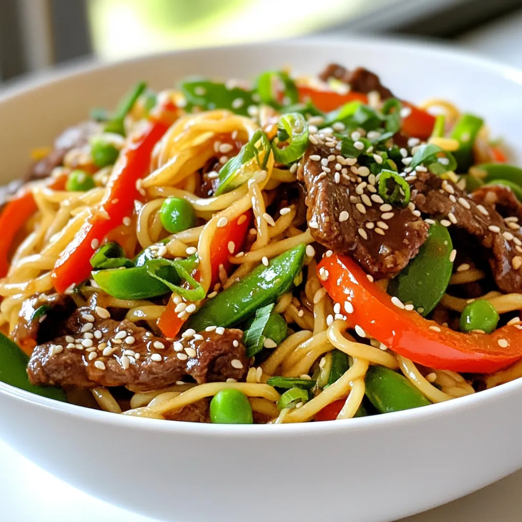 Für Hoisin Beef Noodles brauchst du: - 240 g Rinderfilet, dünn geschnitten - 280 g Reisnudeln - 2 Esslöffel Hoisin-Sauce - 1 Esslöffel Sojasauce - 1 Esslöffel Sesamöl - 2 Knoblauchzehen, gehackt - 2,5 cm frischer Ingwer, gerieben - 1 rote Paprika, in Streifen geschnitten - 150 g Zuckerschoten - 3 Frühlingszwiebeln, in Scheiben geschnitten - 1 Teelöffel Sesamsamen zum Garnieren - Frischer Koriander zur Garnitur (optional) - Salz und Pfeffer nach Geschmack Achte darauf, frisches Rinderfilet zu wählen. Es hat einen tollen Geschmack und eine zarte Textur. Die Hoisin-Sauce gibt dem Gericht seinen süßen, salzigen Kick. Verwende frische Zutaten, um den besten Geschmack zu erzielen. Frischer Ingwer und Knoblauch sind ein Muss. Sie bringen viel Aroma. Falls du kein Rinderfilet hast, kannst du Hähnchen oder Tofu verwenden. Reisnudeln können durch andere Nudeln ersetzt werden, wie z.B. Eiernudeln. Wenn du keine Hoisin-Sauce hast, kannst du eine Mischung aus Sojasauce und Honig verwenden. Achte darauf, die Mengen anzupassen, um den Geschmack auszugleichen. {{ingredient_image_2}} Zuerst bringst du einen großen Topf mit Wasser zum Kochen. Wenn das Wasser sprudelt, gib die Reisnudeln hinein. Koche sie nach Packungsanweisung bis sie al dente sind. Danach gießt du die Nudeln ab und stellst sie beiseite. Nimm eine Schüssel und lege das dünn geschnittene Rinderfilet hinein. Füge die Hoisin-Sauce, die Sojasauce, Salz und Pfeffer hinzu. Vermenge alles gut und lasse das Fleisch etwa 15 Minuten marinieren. So ziehen die Aromen in das Fleisch ein. Erhitze eine große Pfanne oder einen Wok bei mittlerer bis hoher Hitze. Gib das Sesamöl hinein. Sobald das Öl heiß ist, füge den gehackten Knoblauch und den geriebenen Ingwer hinzu. Brate sie für etwa 30 Sekunden an, bis sie duften. Dann kommt das marinierte Rindfleisch in die Pfanne. Brate es 3-4 Minuten lang unter ständigem Rühren an, bis es braun ist. Nimm das Fleisch danach aus der Pfanne und stelle es beiseite. In derselben Pfanne gibst du die geschnittene rote Paprika und die Zuckerschoten. Brate sie 2-3 Minuten lang, bis sie leuchtend und bissfest sind. Danach kommt das Rindfleisch zurück in die Pfanne. Jetzt füge die gekochten Reisnudeln hinzu. Vermenge alles vorsichtig, damit die Nudeln gut mit der Sauce überzogen sind. Rühre die geschnittenen Frühlingszwiebeln unter. Schmecke alles ab und würze nach Bedarf. Verteile die Nudeln auf Schalen. Garniere sie nach Belieben mit Sesamsamen und frischem Koriander. Jetzt sind deine Hoisin Beef Noodles bereit zum Genießen! Die Marinade ist wichtig für den Geschmack. Mische Hoisin-Sauce und Sojasauce gut. Füge etwas Salz und Pfeffer hinzu. Lass das Rindfleisch mindestens 15 Minuten marinieren. So können die Aromen richtig einziehen. Koche die Reisnudeln in sprudelndem Wasser. Achte darauf, sie al dente zu garen. Das bedeutet, sie sollten noch etwas Biss haben. Nach dem Kochen gut abgießen und beiseite stellen. So kleben sie nicht zusammen. Um die Aromen zu verbessern, kannst du frische Kräuter verwenden. Koriander oder Frühlingszwiebeln sind ideal. Auch ein Spritzer Limettensaft macht einen großen Unterschied. Experimentiere mit Gewürzen wie Chili oder Knoblauch für mehr Geschmack. Pro Tipps Rindfleisch richtig marinieren: Lassen Sie das Rindfleisch mindestens 15 Minuten marinieren, damit die Aromen gut einziehen können. Gemüse knackig halten: Braten Sie das Gemüse nur kurz an, damit es seine Farbe und Bissfestigkeit behält. Reisnudeln al dente kochen: Kochen Sie die Reisnudeln nur bis sie al dente sind, um eine matschige Konsistenz zu vermeiden. Frische Kräuter hinzufügen: Garnieren Sie das Gericht mit frischem Koriander, um einen zusätzlichen Frischekick zu geben. {{image_4}} Wenn du eine vegetarische Option wünschst, ersetze das Rindfleisch. Nutze stattdessen Tofu oder Tempeh. Diese Optionen bieten eine tolle Textur. Mariniere den Tofu in der gleichen Hoisin-Sauce. Brate ihn dann an, bis er goldbraun ist. Füge zusätzlich mehr Gemüse hinzu, wie Brokkoli oder Karotten. Du wirst den Geschmack lieben. Neben Tofu gibt es viele andere proteinreiche Optionen. Hühnchen ist eine beliebte Wahl. Du kannst auch Garnelen verwenden, die schnell gar werden. Marinieren ist wichtig, damit das Fleisch gut schmeckt. Wenn du Linsen oder Kichererbsen nimmst, achte darauf, sie gut zu würzen. Sie bringen eine andere, leckere Note. Liebt ihr es scharf? Dann füge frische Chilis hinzu. Du kannst auch Chili-Paste oder Sriracha verwenden. Diese Zutaten geben den Nudeln einen Kick. Achte darauf, die Schärfe nach deinem Geschmack anzupassen. Ein wenig kann viel bewirken. Trau dich, zu experimentieren! Wenn du Reste von deinen Hoisin Beef Noodles hast, lass sie zuerst abkühlen. Fülle sie dann in einen luftdichten Behälter. So bleiben die Aromen frisch. Du kannst die Reste bis zu drei Tage im Kühlschrank aufbewahren. Wenn du die Nudeln länger lagern möchtest, friere sie ein. Um die Reste aufzuwärmen, verwende eine Pfanne. Erhitze etwas Sesamöl und füge die Nudeln hinzu. Rühre gut um, damit sie gleichmäßig warm werden. Alternativ kannst du die Nudeln auch in der Mikrowelle erwärmen. Gib etwas Wasser dazu, damit sie nicht austrocknen. Die Hoisin Beef Noodles bleiben im Kühlschrank bis zu drei Tage gut. Achte darauf, dass der Behälter gut verschlossen ist. Wenn du ein komisches Aroma bemerkst, schmeiß sie weg. Sicherheit geht vor! Hoisin Beef Noodles sind im Kühlschrank etwa drei Tage haltbar. Achte darauf, sie in einem gut verschlossenen Behälter zu lagern. So bleiben sie frisch und lecker. Wenn du sie länger aufbewahren möchtest, friere sie ein. Im Gefrierfach halten sie bis zu drei Monate. Ja, du kannst die Nudeln im Voraus zubereiten. Koche sie al dente und spüle sie dann mit kaltem Wasser ab. Das verhindert, dass sie klebrig werden. Bewahre sie in einem luftdichten Behälter im Kühlschrank auf. Dies spart dir Zeit, wenn du das Gericht servieren möchtest. Zu Hoisin Beef Noodles passen viele Beilagen. Hier sind einige Ideen: - Frische Frühlingsrollen - Gebratener Brokkoli - Ein einfacher Gurkensalat - Gebratene Dumplings Diese Beilagen ergänzen die Aromen der Nudeln perfekt. Ja, du kannst eine glutenfreie Hoisin-Sauce kaufen. Viele Marken bieten diese Option an. Alternativ kannst du auch eine Mischung aus Erdnussbutter, Honig und Sojasauce verwenden. Diese Kombination hat einen ähnlichen süßen und herzhaften Geschmack. Um klebrige Nudeln zu vermeiden, spüle sie nach dem Kochen mit kaltem Wasser ab. Füge ein wenig Öl hinzu, um das Verkleben zu verhindern. Du kannst auch die Nudeln nicht zu lange kochen. Halte dich an die Packungsanweisung, um die perfekte Konsistenz zu erreichen. In diesem Blogbeitrag haben wir alles über Hoisin Beef Noodles behandelt. Wir haben die Zutaten aufgelistet und wichtige Hinweise gegeben. Außerdem zeigte ich dir, wie du die Nudeln perfekt kochst und das Rindfleisch marinierst. Du findest auch Tipps für die Marinade und die Zubereitung. Variationen wie vegetarische Optionen und die richtige Lagerung wurden ebenfalls besprochen. Hoffentlich hast du einige nützliche Ideen gefunden, um dieses Gericht einfach zuzubereiten. Viel Spaß beim Kochen und Experimentieren!