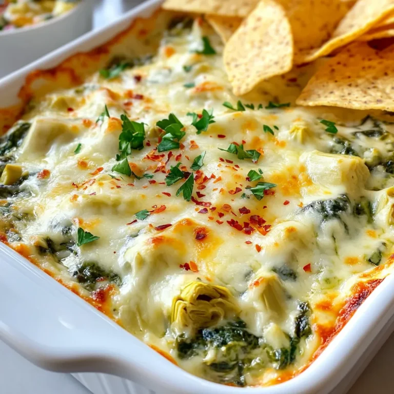 Um diesen leckeren Dip zu machen, brauchen Sie einige Hauptzutaten. Hier sind die Zutaten: - 1 Tasse frischer Spinat, grob gehackt - 1 Tasse abgetropfte und gehackte Artischockenherzen aus der Dose - 1 Tasse Frischkäse, auf Zimmertemperatur weichgearbeitet - 1 Tasse saure Sahne - 1 Tasse geriebener Mozzarella-Käse - ½ Tasse geriebener Parmesan-Käse - 2 Knoblauchzehen, fein gehackt - ½ Teelöffel Zwiebelpulver - ½ Teelöffel rote Paprika-Flocken (optional) - Salz und Pfeffer nach Geschmack Diese Zutaten geben dem Dip seinen reichen, cremigen Geschmack. Falls Sie eine Zutat nicht haben, gibt es einfache Alternativen. Zum Beispiel: - Verwenden Sie Frischkäse mit Kräutern für mehr Geschmack. - Statt Mozzarella können Sie Cheddar verwenden. Das gibt eine andere Geschmacksrichtung. - Für eine leichtere Version nutzen Sie griechischen Joghurt anstelle von saurer Sahne. Diese Alternativen machen das Rezept flexibel und spannend. Ich bevorzuge frische Zutaten, wenn es möglich ist. Frischer Spinat hat einen tollen Geschmack und eine gute Textur. Aber konservierte Artischocken sind praktisch und geschmackvoll. Wenn Sie frische Artischocken verwenden, kochen Sie sie vorher. Die Wahl zwischen frisch und konserviert hängt von Ihrer Zeit und Ihrem Geschmack ab. Beides kann lecker sein, also wählen Sie, was Ihnen am besten gefällt. {{ingredient_image_2}} Zuerst sammeln Sie alle Zutaten. Diese sind entscheidend für den Dip. Sie brauchen: - 1 Tasse frischer Spinat, grob gehackt - 1 Tasse abgetropfte und gehackte Artischockenherzen aus der Dose - 1 Tasse Frischkäse, auf Zimmertemperatur weichgearbeitet - 1 Tasse saure Sahne - 1 Tasse geriebener Mozzarella-Käse - ½ Tasse geriebener Parmesan-Käse - 2 Knoblauchzehen, fein gehackt - ½ Teelöffel Zwiebelpulver - ½ Teelöffel rote Paprika-Flocken (optional) - Salz und Pfeffer nach Geschmack Stellen Sie sicher, dass die Zutaten frisch sind. Das macht einen großen Unterschied im Geschmack. Beginnen Sie, indem Sie Ihren Ofen auf 175°C vorheizen. In einer mittelgroßen Rührschüssel geben Sie den weichgearbeiteten Frischkäse und die saure Sahne. Fügen Sie die fein gehackten Knoblauchzehen hinzu. Vermengen Sie alles gut mit einer Gabel oder einem Handmixer. Rühren Sie, bis die Mischung glatt ist. Jetzt fügen Sie die gehackten Artischocken und den Spinat hinzu. Geben Sie auch den geriebenen Mozzarella und Parmesan dazu. Rühren Sie alles gut um, bis alles gleichmäßig vermischt ist. Würzen Sie die Mischung mit Zwiebelpulver, optionalen Paprika-Flocken, Salz und Pfeffer. Rühren Sie erneut, um sicherzustellen, dass alle Gewürze gut verteilt sind. Nehmen Sie eine ofenfeste Auflaufform. Geben Sie die Dip-Mischung hinein und streichen Sie die Oberfläche glatt. Jetzt ist es Zeit, den Dip zu backen. Schieben Sie die Form in den vorgeheizten Ofen und backen Sie den Dip für 20 bis 25 Minuten. Der Dip sollte heiß und sprudelnd sein. Die Oberfläche wird leicht goldbraun. Nehmen Sie die Form vorsichtig aus dem Ofen. Lassen Sie den Dip kurz abkühlen. Servieren Sie ihn warm mit Tortilla-Chips, Baguettescheiben oder frischem Gemüse. Um die beste Konsistenz zu erreichen, ist es wichtig, den Frischkäse gut zu arbeiten. Lass ihn vorher auf Zimmertemperatur kommen. So bleibt der Dip schön cremig. Wenn du die Mischung rührst, achte darauf, alle Zutaten gut zu vermengen. Der Spinat und die Artischocken dürfen nicht klumpig bleiben. Wenn du einen weicheren Dip magst, füge etwas mehr saure Sahne hinzu. Ein häufiger Fehler ist, den Dip zu lange zu backen. Achte darauf, dass er nicht austrocknet. Wenn der Dip zu dick ist, kann das an zu viel Käse liegen. Verwende die angegebenen Mengen und rühre gut um. Ein weiterer Fehler ist, die Gewürze zu vergessen. Diese geben dem Dip seinen Geschmack. Vergiss nicht, Salz und Pfeffer nach Bedarf anzupassen. Bereite den Dip am besten in einer ofenfesten Form vor. Du kannst ihn auch im Voraus zubereiten und im Kühlschrank lagern. Vor dem Servieren einfach aufwärmen. Serviere den Dip mit Tortilla-Chips, Baguettescheiben oder Gemüsesticks. Eine Garnitur mit Paprika-Flocken und frischer Petersilie macht den Dip noch schöner. So wird jede Portion zum Hingucker! Pro Tipps Frisch halten: Verwenden Sie frischen Spinat anstelle von gefrorenem, um den besten Geschmack und die beste Textur zu erzielen. Gewürze anpassen: Experimentieren Sie mit verschiedenen Gewürzen wie Knoblauchpulver oder italienischen Kräutern, um dem Dip eine persönliche Note zu verleihen. Vorsicht beim Backen: Behalten Sie den Dip im Auge, während er im Ofen ist, da die Backzeiten je nach Ofen variieren können. Vorbereitung im Voraus: Sie können den Dip im Voraus zubereiten und ihn vor dem Servieren einfach aufwärmen. {{image_4}} Wenn Sie eine vegane Version des Dips möchten, gibt es einfache Alternativen. Ersetzen Sie den Frischkäse durch veganen Frischkäse. Für die saure Sahne nehmen Sie einfach eine pflanzliche Variante. Verwenden Sie auch veganen Käse. Achten Sie darauf, dass alle Zutaten pflanzlich sind. Diese Änderungen machen den Dip lecker und vegan. Um dem Dip mehr Geschmack zu geben, können Sie zusätzliche Zutaten hinzufügen. Fügen Sie zum Beispiel gewürfelte Jalapeños hinzu, um eine scharfe Note zu bekommen. Auch gebratene Zwiebeln oder Paprika passen gut. Für einen rauchigen Geschmack können Sie geräucherte Paprika verwenden. Experimentieren Sie mit verschiedenen Kräutern wie Oregano oder Basilikum. Diese Zutaten machen den Dip noch interessanter. Wie serviert man den Dip am besten? Heiß servieren, das ist wichtig. Tortilla-Chips sind eine tolle Wahl. Sie können auch frisches Gemüse wie Karotten oder Sellerie anbieten. Baguettescheiben sind ebenfalls ideal. Garnieren Sie den Dip mit frischer Petersilie oder etwas geriebenem Käse. Das sieht nicht nur gut aus, sondern macht ihn auch schmackhafter. Wenn Sie Käse-Spinat-Artischocken-Dip übrig haben, können Sie ihn einfach aufbewahren. Lassen Sie den Dip zuerst abkühlen. Füllen Sie ihn dann in einen luftdichten Behälter. Bewahren Sie ihn im Kühlschrank auf. Er bleibt dort für etwa drei bis fünf Tage frisch. Achten Sie darauf, dass der Behälter gut verschlossen ist. So bleibt der Geschmack erhalten. Sie können den Dip auch einfrieren, wenn Sie ihn länger aufbewahren möchten. Teilen Sie den Dip in Portionen auf. Nutzen Sie gefrierfeste Behälter oder Beutel. Der Dip hält sich im Gefrierfach bis zu drei Monate. Zum Auftauen legen Sie ihn einfach in den Kühlschrank. Lassen Sie ihn dort über Nacht auftauen. Um den Dip wieder warm zu machen, gibt es einige Tipps. Heizen Sie den Ofen auf 175°C vor. Geben Sie den Dip in eine ofenfeste Form. Decken Sie ihn mit Aluminiumfolie ab, um ein Austrocknen zu vermeiden. Backen Sie ihn für etwa 15 bis 20 Minuten. Rühren Sie den Dip zwischendurch um. Alternativ können Sie den Dip auch in der Mikrowelle erwärmen. Nutzen Sie eine niedrige Stufe, um ihn gleichmäßig zu erhitzen. So bleibt er cremig und lecker. Die Zubereitung des Dips dauert etwa 15 Minuten. Danach backen Sie ihn für 20 bis 25 Minuten. Insgesamt sind das etwa 40 Minuten bis zum Genuss. Ja, Sie können den Dip im Voraus zubereiten. Mischen Sie alle Zutaten und stellen Sie die Mischung in den Kühlschrank. Backen Sie den Dip einfach, wenn Sie bereit sind, ihn zu servieren. Zu diesem Dip passen viele Beilagen. Hier sind einige Vorschläge: - Tortilla-Chips - Baguettescheiben - Frische Gemüsesticks wie Karotten oder Sellerie - Knusprige Cracker Diese Beilagen ergänzen den Geschmack des Dips perfekt. Der Käse-Spinat-Artischocken-Dip ist einfach und lecker. Wir haben die Hauptzutaten, Alternativen und die Wahl zwischen frischen oder konservierten Zutaten betrachtet. Die Schritt-für-Schritt-Anleitung zeigt, wie man den Dip zubereitet und backt. Zudem geben wir Tipps für die perfekte Konsistenz und häufige Fehler. Variationen, wie vegane Alternativen und würzige Versionen, bieten neue Geschmackserlebnisse. Schließlich gibt es nützliche Hinweise zur Lagerung und häufige Fragen, die viele stellen. Nutze die Tipps und genieße deinen Dip in vollen Zügen!