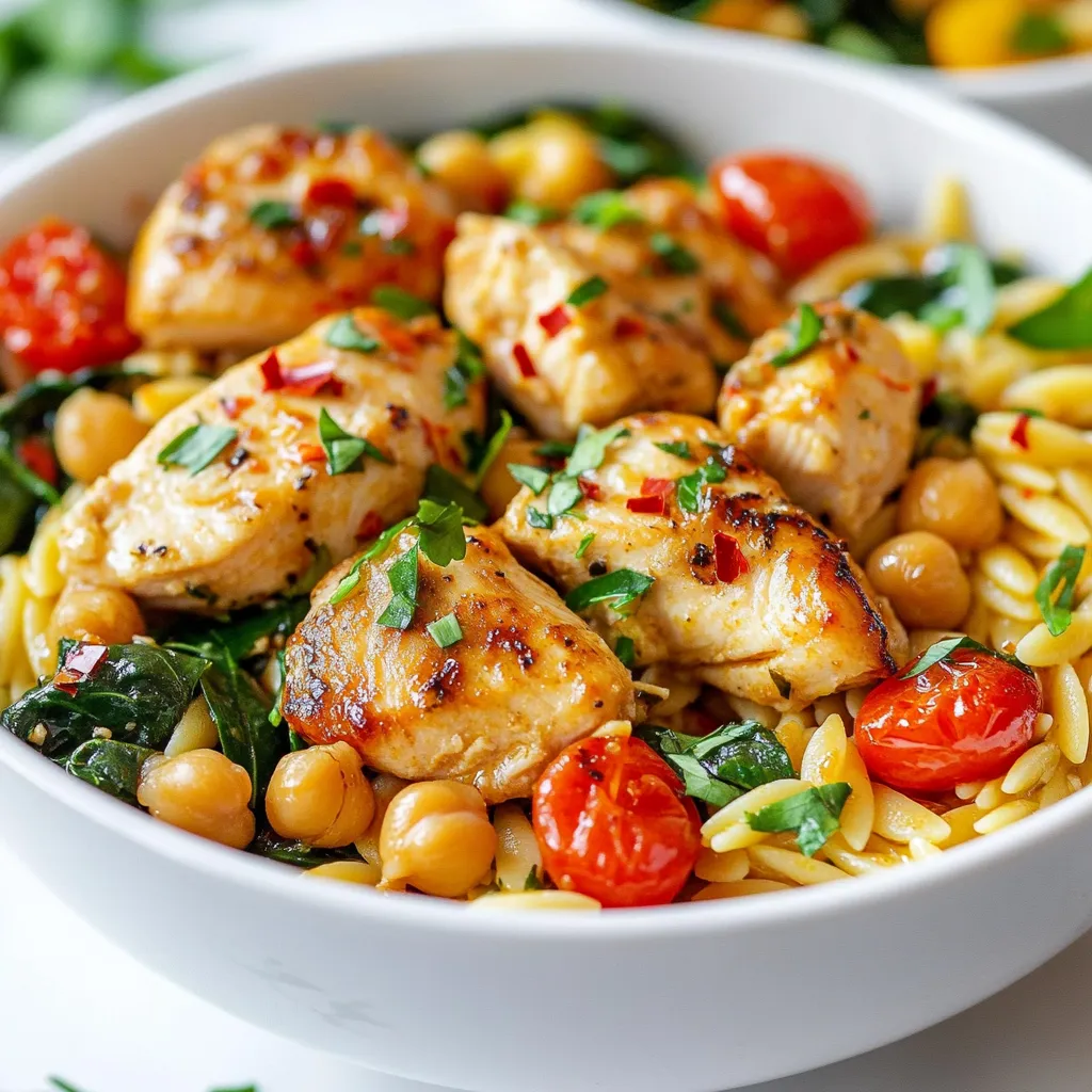 Für dieses Rezept benötigen Sie einige einfache Zutaten. Hier ist die Liste: - 2 Tassen Orzo-Nudeln - 450 g Hähnchenbrustfilet, gewürfelt - 1 Tasse frischer Spinat, grob gehackt - 1 Tasse Kirschtomaten, halbiert - 1 Tasse gekochte Kichererbsen (aus der Dose oder frisch gekocht) - 4 Tassen Hühnerbrühe - 2 Esslöffel Olivenöl - 1 Teelöffel Knoblauchpulver - 1 Teelöffel Paprika - ½ Teelöffel schwarzer Pfeffer - ¼ Teelöffel rote Pfefferflocken (optional) - Salz nach Geschmack - Frische Petersilie, gehackt (zum Garnieren) Hähnchenbrust ist der Hauptbestandteil in diesem Gericht. Sie ist mager und reich an Proteinen. 100 g Hähnchenbrust enthält etwa 31 g Protein. Das hilft, Ihre Muskeln zu stärken und macht Sie länger satt. Kichererbsen sind auch eine großartige Proteinquelle. Sie bieten zusätzlich Ballaststoffe, was gut für die Verdauung ist. Die Gewürze in diesem Rezept machen das Gericht besonders lecker. Knoblauchpulver sorgt für einen tollen Geschmack. Es hat auch gesundheitliche Vorteile, wie die Unterstützung des Immunsystems. Paprika fügt eine leichte Süße hinzu und enthält Antioxidantien. Schwarzer Pfeffer bringt etwas Schärfe, während rote Pfefferflocken (optional) für zusätzlichen Kick sorgen. Diese Gewürze machen das Gericht nicht nur schmackhaft, sondern auch gesund. {{ingredient_image_2}} Um das Hähnchen vorzubereiten, nehme ich zuerst die Hähnchenbrustfilets und würfle sie in kleine Stücke. Das macht das Kochen gleichmäßiger. Ich erhitze dann Olivenöl in einem großen Topf bei mittlerer Hitze. Wenn das Öl heiß ist, gebe ich die Hähnchenstücke hinein. Ich würze sie mit Knoblauchpulver, Paprika, schwarzem Pfeffer und etwas Salz. Nach etwa 5 bis 7 Minuten ist das Hähnchen goldbraun und durchgegart. Achte darauf, regelmäßig umzurühren, damit es nicht anbrennt. Jetzt ist es Zeit für die Orzo-Nudeln. Ich gebe sie direkt zu dem Hähnchen in den Topf. Es ist wichtig, die Orzo-Nudeln gut mit dem Hähnchen zu vermengen. Ich röste sie etwa 2 Minuten lang, während ich häufig umrühre. Das Rösten gibt der Orzo einen leckeren, nussigen Geschmack. Dieses kleine Extra macht den Unterschied! Jetzt kommt die Brühe. Ich gieße die Hühnerbrühe in den Topf und bringe alles zum Kochen. Sobald es kocht, reduziere ich die Hitze und decke den Topf ab. Ich lasse die Mischung etwa 10 Minuten köcheln. In dieser Zeit saugt die Orzo die meiste Flüssigkeit auf. Nach 10 Minuten füge ich die Kirschtomaten, den Spinat und die gekochten Kichererbsen hinzu. Ich rühre alles gut um und koche es weitere 2 bis 3 Minuten. So wird der Spinat schön weich und das Gericht wird bunt und nahrhaft. Ein häufiger Fehler ist, das Hähnchen zu lange zu braten. Achte darauf, es goldbraun und saftig zu halten. Verwende eine große Pfanne, damit das Hähnchen gleichmäßig gart. Wenn du die Orzo-Nudeln hinzufügst, rühre oft um. So kleben sie nicht zusammen. Koche die Orzo-Nudeln direkt im Topf mit der Brühe. Dies gibt den Nudeln mehr Geschmack. Du kannst auch die Hitze reduzieren und den Topf abdecken. So bleibt die Feuchtigkeit im Topf. Lass das Gericht nach dem Kochen kurz ruhen. Dadurch können sich die Aromen besser entfalten. Füge frische Kräuter wie Basilikum oder Thymian hinzu. Sie geben dem Gericht eine frische Note. Du kannst auch verschiedene Gemüsearten probieren. Zucchini oder Paprika passen gut zu diesem Rezept. Ein Spritzer Zitronensaft bringt zusätzliche Frische und Geschmack. Pro Tipps Hähnchen marinieren: Marinieren Sie das Hähnchen mindestens 30 Minuten vorher in Olivenöl, Zitrone und Gewürzen für zusätzlichen Geschmack. Orzo richtig kochen: Achten Sie darauf, die Orzo nicht zu lange zu kochen, um eine matschige Konsistenz zu vermeiden. Sie sollte al dente sein. Gemüse frisch halten: Fügen Sie Spinat und Kirschtomaten erst kurz vor dem Servieren hinzu, um ihre Frische und Farbe zu bewahren. Garnierung variieren: Experimentieren Sie mit verschiedenen Kräutern wie Basilikum oder Thymian für eine zusätzliche Geschmacksnote und ansprechende Präsentation. {{image_4}} Für eine vegane Variante tauschen Sie das Hähnchen gegen Tofu oder Tempeh aus. Schneiden Sie den Tofu in Würfel und braten Sie ihn in Olivenöl an. Fügen Sie dann die Orzo-Nudeln und die Brühe hinzu. Anstelle von Hühnerbrühe verwenden Sie Gemüsebrühe. Kichererbsen bleiben, um den Proteingehalt hoch zu halten. Frischer Spinat und Kirschtomaten bringen Farbe und Vitamine. Um das Gericht glutenfrei zu machen, wählen Sie glutenfreie Orzo-Nudeln. Viele Marken bieten gute Alternativen aus Reis oder Mais an. Die restlichen Zutaten bleiben gleich. Achten Sie darauf, dass die Hühnerbrühe glutenfrei ist. So können Sie die gleiche köstliche Erfahrung genießen. Möchten Sie noch mehr Protein? Fügen Sie Linsen oder Quinoa hinzu. Diese Zutaten sind reich an Nährstoffen und sehr lecker. Sie können auch mehr Kichererbsen verwenden. Wenn Sie Eier mögen, probieren Sie ein pochiertes Ei oben auf dem Gericht. Das gibt Ihnen eine zusätzliche Proteinquelle und eine schöne Textur. Die Reste von deinem Hähnchen-Orzo kannst du leicht aufbewahren. Fülle sie in einen luftdichten Behälter. So bleiben sie frisch. Im Kühlschrank halten sie etwa 3 bis 4 Tage. Achte darauf, dass die Mischung gut abgekühlt ist, bevor du sie lagerst. So vermeidest du Kondenswasser und schimmelige Reste. Das Einfrieren ist eine gute Option, wenn du mehr Portionen hast. Teile die Hähnchen-Orzo in Portionen auf. Lege sie in gefriergeeignete Behälter oder Beutel. Achte darauf, die Luft herauszudrücken, um Frostbrand zu vermeiden. Im Gefrierfach bleibt das Gericht bis zu 3 Monate haltbar. Wenn du wieder Appetit hast, taue die Portionen im Kühlschrank über Nacht auf. Um die Reste aufzuwärmen, gibt es verschiedene Methoden. Du kannst die Mischung in einem Topf bei mittlerer Hitze erwärmen. Füge ein wenig Hühnerbrühe oder Wasser hinzu, um die Nudeln wieder weich zu machen. Alternativ kannst du die Reste auch in der Mikrowelle aufwärmen. Decke die Schüssel ab, damit die Feuchtigkeit bleibt. Erwärme sie in Intervallen von 1-2 Minuten, bis sie heiß sind. So schmeckt dein Hähnchen-Orzo wie frisch zubereitet! Der Proteingehalt in Hähnchen-Orzo ist hoch. Hähnchenbrust enthält viel Protein. In einem Rezept mit 450 g Hähnchenbrust sind etwa 90 g Protein enthalten. Die Kichererbsen fügen weitere 15 g hinzu. Insgesamt liefert eine Portion etwa 26 g Protein. Das macht dieses Gericht optimal für den Muskelaufbau und die Gesundheit. Ja, gefrorenes Gemüse ist eine gute Wahl. Es spart Zeit und ist oft frisch gefroren. Du kannst gefrorenen Spinat oder Erbsen nutzen. Diese Gemüse fügen Farbe und Nährstoffe hinzu. Achte darauf, sie am Ende der Kochzeit hinzuzufügen. So bleiben sie knackig und lecker. Zu Hähnchen-Orzo passen verschiedene Beilagen. Ein einfacher grüner Salat ergänzt das Gericht gut. Du kannst auch geröstetes Gemüse oder ein Baguette servieren. Diese Beilagen bringen zusätzliche Aromen. Sie machen das Essen noch besser. Dieser Blogbeitrag bietet Ihnen eine klare Übersicht über wichtige Zutaten und deren Nutzen. Sie haben eine Schritt-für-Schritt-Anleitung zum Zubereiten von Hähnchen-Orzo gelernt. Ich teile auch Tipps, um Fehler zu vermeiden, sowie Variationen für spezifische Diäten. Zudem erfahren Sie, wie Sie das Gericht richtig lagern und aufwärmen. Insgesamt bietet dieser Beitrag viele nützliche Informationen für eine schmackhafte Mahlzeit. Kochen macht Spaß und ist einfach, wenn man die richtigen Schritte kennt.