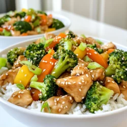 Für die Teriyaki-Hühnchen-Schüsseln brauchen wir: - 2 Tassen gekochter Jasminreis - 450 g Hähnchenbrustfilets, gewürfelt - 1 Tasse Brokkoliröschen - 1 Paprika, in Streifen geschnitten (rot oder gelb) - 1 Karotte, dünn geschnitten - 3 Esslöffel Teriyaki-Sauce (fertig gekauft oder selbstgemacht) - 1 Esslöffel Sesamöl - 2 Frühlingszwiebeln, gehackt - 1 Esslöffel Sesamsamen (zum Garnieren) - Salz und Pfeffer nach Geschmack Diese Zutaten ergeben eine leckere und schnelle Mahlzeit. Der Jasminreis gibt dem Gericht eine schöne Basis. Das gewürfelte Hähnchen sorgt für Protein und ist einfach zu kochen. Wenn du deine Teriyaki-Sauce selbst machen möchtest, brauchst du: - 1/2 Tasse Sojasauce - 1/4 Tasse Honig oder braunen Zucker - 1 Esslöffel Reisessig - 1 Esslöffel frischer Ingwer, gerieben - 1 Knoblauchzehe, gehackt - 1 Teelöffel Sesamöl - 1 Teelöffel Maisstärke (zum Andicken) Diese Mischung ist einfach und gibt dir volle Kontrolle über den Geschmack. Du kannst die Süße und die Gewürze ganz nach deinem Wunsch anpassen. Du kannst das Gemüse je nach Lust und Laune ändern. Hier sind einige gute Alternativen: - Zucchini, in Scheiben geschnitten - Erbsen - Spinat - Pilze, in Scheiben geschnitten - Blumenkohlröschen Das ist der tolle Teil! Du kannst je nach Saison oder Vorlieben variieren. So bleibt das Gericht immer frisch und spannend. Zuerst bereiten wir das Hähnchen vor. Nimm die gewürfelten Hähnchenbrustfilets. Würze sie großzügig mit Salz und Pfeffer. Das gibt dem Fleisch einen tollen Geschmack. Du kannst auch andere Gewürze hinzufügen, wenn du magst. Erhitze in einer großen Pfanne das Sesamöl bei mittlerer Hitze. Gebe dann die gewürzten Hähnchenstücke in die Pfanne. Brate sie 4-5 Minuten lang an, bis sie goldbraun sind. Achte darauf, dass das Hähnchen gut durchgegart ist. Es sollte schön saftig bleiben. Jetzt kommt das Gemüse! Füge Brokkoli, Paprika und Karotten in die Pfanne hinzu. Brate das Gemüse 3-4 Minuten lang an. Rühre dabei gelegentlich um. Das Gemüse sollte zart, aber knackig bleiben. So hat es die beste Textur. Jetzt ist es Zeit für die Teriyaki-Sauce. Gieße sie über das Hähnchen und das Gemüse. Vermenge alles gut. Lass es eine weitere Minute kochen, damit sich die Aromen verbinden. Das macht das Gericht besonders lecker! Jetzt richtest du die Schüsseln an. Platziere eine großzügige Portion gekochten Jasminreis in jede Schüssel. Darauf kommt die Teriyaki-Hühnchen-Gemüse-Mischung. Garniere das Ganze mit gehackten Frühlingszwiebeln und Sesamsamen. So sieht es nicht nur gut aus, sondern schmeckt auch toll! Um Hähnchen perfekt zu braten, beginne mit frischem Fleisch. Würze die gewürfelten Stücke gut mit Salz und Pfeffer. Erhitze das Sesamöl in einer großen Pfanne. Das Öl sollte heiß genug sein, damit das Hähnchen sofort brutzelt. Brate das Hähnchen 4-5 Minuten lang, bis es goldbraun ist. Nicht zu viel auf einmal braten, damit es gleichmäßig gart. Um das Gemüse knackig zu halten, achte darauf, es nicht zu lange zu braten. Füge Brokkoli, Paprika und Karotten hinzu, nachdem das Hähnchen fast gar ist. Rühre ständig, damit das Gemüse gleichmäßig gart. Nach 3-4 Minuten sollte das Gemüse zart, aber noch schön knackig sein. Verwende frisches Gemüse, um den Geschmack zu verbessern. Um die Aromen zu variieren, kannst du zusätzliche Gewürze verwenden. Knoblauch oder Ingwer passen gut zu Teriyaki. Füge einen Teelöffel frisch geriebenen Ingwer hinzu, während du das Hähnchen brätst. Ein Schuss Sojasauce kann den Umami-Geschmack verstärken. Experimentiere mit Gewürzen wie Chili oder Zitronensaft für mehr Frische. {{image_4}} Du kannst die Teriyaki-Hühnchen-Schüsseln leicht in eine vegetarische Version umwandeln. Ersetze das Hähnchen einfach durch Tofu oder Tempeh. Tofu nimmt den Geschmack der Teriyaki-Sauce gut auf. Schneide ihn in Würfel und brate ihn wie das Hähnchen. Füge zusätzliches Gemüse wie Zucchini oder Pilze hinzu. So bleibt das Gericht bunt und lecker. Wenn du Reis meiden möchtest, probiere Quinoa oder Blumenkohlreis. Quinoa hat einen nussigen Geschmack und ist reich an Proteinen. Koche sie wie Reis, und verwende sie als Basis für deine Schüssel. Blumenkohlreis ist eine tolle, kohlenhydratarme Option. Zerkleinere Blumenkohl in einer Küchenmaschine und brate ihn kurz an. Das gibt dir eine leichte, gesunde Grundlage. Die Teriyaki-Sauce ist nur die Spitze des Eisbergs. Du kannst die Saucen nach deinem Geschmack anpassen. Probiere eine süß-scharfe Chilisauce oder eine Erdnusssauce. Diese bringen neue Aromen in die Schüssel. Mische auch verschiedene Saucen, um deinen eigenen Stil zu kreieren. Lass deiner Kreativität freien Lauf und finde deinen Favoriten! Die Teriyaki-Hühnchen-Schüsseln halten sich gut im Kühlschrank. Lagere sie in einem luftdichten Behälter. So bleiben die Aromen frisch. Du kannst sie bis zu drei Tage aufbewahren. Vor dem Essen solltest du sie gut durchmischen. Wenn du Reste hast, kannst du die Schüsseln auch einfrieren. Teile sie in Portionen auf und lege sie in gefriergeeignete Behälter. Achte darauf, die Luft so gut wie möglich zu entfernen. So bleibt das Gericht bis zu drei Monate haltbar. Beim Aufwärmen ist es wichtig, die Schüsseln gleichmäßig zu erwärmen. Du kannst die Portionen in der Mikrowelle erwärmen. Stelle die Mikrowelle auf mittlere Hitze und rühre alle 30 Sekunden um. Alternativ kannst du die Schüsseln in einer Pfanne auf dem Herd erwärmen. Füge dazu etwas Wasser hinzu, um das Gericht saftig zu halten. Die Teriyaki-Hühnchen-Schüsseln sind im Kühlschrank etwa 3 bis 4 Tage haltbar. Stelle sicher, dass du sie in einem luftdichten Behälter aufbewahrst. So bleiben die Aromen frisch und der Reis weich. Wenn du sie länger aufbewahren möchtest, friere die Schüsseln ein. Das hält sie bis zu 3 Monate gut. Ja, du kannst die Teriyaki-Hühnchen-Schüsseln gut im Voraus vorbereiten. Koche das Hähnchen und das Gemüse und lagere sie getrennt vom Reis. So bleibt der Reis nicht matschig. Du kannst auch die Sauce im Voraus machen. Wenn du bereit bist zu essen, erhitze alles zusammen und serviere es frisch. Zu den Teriyaki-Hühnchen-Schüsseln passen viele Beilagen gut. Hier sind einige Ideen: - Edamame: Diese grünen Bohnen sind gesund und lecker. - Miso-Suppe: Eine warme Suppe ergänzt die Aromen. - Gurkensalat: Ein frischer Salat sorgt für einen knackigen Kontrast. - Frische Kräuter: Koriander oder Minze bringen einen frischen Kick. Teriyaki-Hühnchen-Schüsseln sind einfach und lecker. Wir haben die Zutaten, Kochschritte und Tipps besprochen. Du kannst kreative Variationen mit Gemüse und Saucen ausprobieren. Achte beim Braten auf die richtige Hitze, um das Hähnchen perfekt zu garen. Die Lagerung der Reste ist unkompliziert. Du kannst sie im Kühlschrank oder Gefrierfach aufbewahren. Mit diesen Tipps bereitest du schnell köstliche Schüsseln. Viel Spaß beim Kochen und Genießen!
