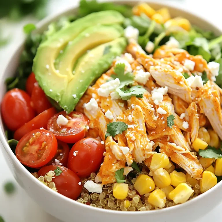 Für Buffalo Chicken Power Bowls brauchen Sie einige frische und gesunde Zutaten. Hier sind die Hauptzutaten: - 2 Tassen gekochter Quinoa - 450 g Hähnchenbrustfilets ohne Knochen und Haut - 120 ml Buffalo-Sauce (gekauft oder selbstgemacht) - 1 Esslöffel Olivenöl - 1 Teelöffel Knoblauchpulver - 1 Teelöffel Zwiebelpulver - Salz und Pfeffer nach Geschmack - 1 Tasse Cherry-Tomaten, halbiert - 1 Tasse gekochter Mais (frisch oder gefroren) - 1 Avocado, in Scheiben geschnitten - 1 Tasse gerippter Romana-Salat - 1/2 Tasse Feta-Käse, zerbröselt - Frische Koriander- oder Petersilienblätter zur Garnierung Diese Zutaten sorgen für einen tollen Geschmack und eine schöne Textur. Sie können Ihre Buffalo Chicken Power Bowl nach Ihrem Geschmack anpassen. Hier sind einige Ideen für optionale Garnierungen: - Ein Spritzer frisch gepresster Limettensaft - Ein paar Scheiben Jalapeños für mehr Schärfe - Ein Löffel griechischer Joghurt für Cremigkeit - Weitere Kräuter wie Schnittlauch oder Basilikum Diese Garnierungen bringen noch mehr Aromen in Ihre Bowl. Wenn Sie Ihre Power Bowl erweitern möchten, können Sie einige köstliche Beilagen hinzufügen. Hier sind einige empfohlene Beilagen: - Süßkartoffelpommes für einen knackigen Snack - Ein einfacher grüner Salat für mehr Frische - Vollkornbrot oder Wraps als Beilage Diese Beilagen ergänzen Ihr Gericht und machen es noch sättigender. {{ingredient_image_2}} Beginne mit dem Hähnchen. Zuerst heize deinen Ofen auf 200 °C vor. In einer großen Schüssel vermische die Hähnchenbrustfilets mit Olivenöl, Buffalo-Sauce, Knoblauchpulver, Zwiebelpulver, Salz und Pfeffer. Lass die Marinade für etwa 10 Minuten einziehen. Das gibt dem Hähnchen viel Geschmack. Lege die marinierten Hähnchenbrüste auf ein Backblech. Backe sie für 20-25 Minuten, bis sie gar sind. Die Innentemperatur sollte 75 °C erreichen. Lass das Hähnchen nach dem Backen 5 Minuten ruhen. Zerrupfe es dann mit zwei Gabeln. Während das Hähnchen im Ofen ist, kümmere dich um den Quinoa. Koche ihn nach den Anweisungen auf der Packung. Das ist einfach und schnell. Wenn der Quinoa fertig ist, lockere ihn mit einer Gabel auf. Lass ihn dann beiseite. Der Quinoa bildet die Basis für die Power Bowl. Jetzt ist es Zeit, die Bowl zusammenzustellen. Nimm eine große Schüssel und lege eine Grundlage aus dem gekochten Quinoa. Dann belege den Quinoa mit dem zerrupften Buffalo-Hähnchen. Füge die halbierten Cherry-Tomaten und den gekochten Mais hinzu. Lege die Avocadoscheiben und den Romana-Salat darauf. Zum Schluss streue den zerbröselten Feta-Käse obenauf. Garniere deine Bowl mit frischen Koriander- oder Petersilienblättern. Du kannst auch einen Schuss Buffalo-Sauce für mehr Geschmack hinzufügen. Die Marinade macht das Hähnchen lecker und saftig. Verwenden Sie Olivenöl, Buffalo-Sauce, Knoblauchpulver und Zwiebelpulver. Diese Mischung sorgt für den besten Geschmack. Lassen Sie das Hähnchen mindestens 10 Minuten marinieren. So zieht die Sauce gut in das Fleisch ein. Für mehr Geschmack können Sie auch etwas Honig hinzufügen. Das gibt eine tolle Süße. Quinoa ist ein toller Bestandteil Ihrer Bowl. Kochen Sie 2 Tassen Quinoa mit 4 Tassen Wasser. Bringen Sie das Wasser zum Kochen und lassen Sie die Quinoa dann 15 Minuten köcheln. Decken Sie den Topf ab und nehmen Sie ihn vom Herd. Lassen Sie die Quinoa 5 Minuten ruhen. Danach mit einer Gabel auflockern. So wird die Quinoa locker und fluffig. Machen Sie Ihre Bowl einzigartig! Fügen Sie verschiedene Gemüse hinzu, wie Paprika oder Gurken. Für einen extra Crunch können Sie Nüsse oder Samen verwenden. Wenn Sie es schärfer mögen, geben Sie mehr Buffalo-Sauce darüber. Experimentieren Sie mit verschiedenen Käsesorten wie Cheddar oder Gouda. So wird jede Bowl anders und spannend! Pro Tipps Hähnchen marinieren: Je länger Sie das Hähnchen marinieren, desto intensiver wird der Geschmack. Lassen Sie es idealerweise 30 Minuten oder länger stehen. Quinoa richtig kochen: Spülen Sie den Quinoa vor dem Kochen gründlich ab, um Bitterstoffe zu entfernen und einen besseren Geschmack zu erzielen. Avocado frisch halten: Um die Avocado frisch zu halten, träufeln Sie etwas Zitronensaft darüber, bevor Sie sie in die Bowl geben. Buffalo-Sauce anpassen: Experimentieren Sie mit der Schärfe der Buffalo-Sauce, indem Sie mehr oder weniger hinzufügen, je nach Vorliebe für scharfes Essen. {{image_4}} Wenn du eine vegetarische Option suchst, kannst du das Hähnchen leicht ersetzen. Verwende stattdessen gebratene Tofuwürfel oder Jackfruit. Jackfruit hat eine ähnliche Textur wie Hähnchen und nimmt den Geschmack der Buffalo-Sauce gut auf. Du kannst die Jackfruit einfach mit der Sauce marinieren und dann backen. Es gibt viele tolle Alternativen zu Hähnchen. Du kannst gegrillte Garnelen verwenden oder Rinderhackfleisch anbraten. Auch gebratene Pilze bieten einen herzhaften Geschmack. Diese Optionen sind schnell zubereitet und bringen Abwechslung in dein Gericht. Die Buffalo-Sauce ist klassisch, aber du kannst sie anpassen. Probier mal eine BBQ-Sauce für eine süßere Note. Andere Saucen wie Teriyaki oder Sriracha bringen neuen Schwung. Für die Toppings kannst du auch andere Käsesorten verwenden. Cheddar oder Ziegenkäse sind ebenfalls köstlich. Ergänze deine Bowl mit gerösteten Nüssen oder Samen für extra Crunch. Um die Buffalo Chicken Power Bowls frisch zu halten, lagere ich sie in luftdichten Behältern. Achte darauf, die Zutaten getrennt zu halten. Das verhindert, dass der Quinoa matschig wird. Feta-Käse und Avocado bewahre ich besser separat auf, um ihren Geschmack und ihre Textur zu erhalten. Im Kühlschrank halten sich die Bowls bis zu drei Tage. Achte darauf, sie gut abzudecken. Wenn du sie einfrierst, können sie bis zu drei Monate bleiben. Ich empfehle, die Bowls in Portionen einzufrieren. So kannst du sie nach Bedarf auftauen. Um die Bowls wieder aufzuwärmen, nutze eine Mikrowelle. Stelle die Mikrowelle auf mittlere Hitze und erwärme die Bowls für zwei bis drei Minuten. Rühre zwischendurch um, damit alles gleichmäßig warm wird. Du kannst auch etwas frische Buffalo-Sauce hinzufügen, um den Geschmack aufzufrischen. Wenn du Quinoa nicht magst, kannst du Reis verwenden. Brauner oder weißer Reis sind tolle Alternativen. Auch Couscous oder Hirse passen gut. Diese Optionen bieten ähnliche Texturen und Nährstoffe. Probiere auch Blumenkohlreis für eine kalorienärmere Wahl. Es ist leicht und sättigend. Ja, du kannst das Hähnchen im Voraus kochen. Bereite es einfach nach dem Rezept zu und kühle es ab. Du kannst das Hähnchen bis zu drei Tage im Kühlschrank aufbewahren. Für die beste Frische, lagere es in einem luftdichten Behälter. Vor dem Servieren einfach aufwärmen. So sparst du Zeit an hektischen Tagen. In vielen amerikanischen Restaurants und Cafés findest du Buffalo Chicken Power Bowls. Sie sind beliebt in Restaurants, die gesunde Optionen anbieten. Fast-Food-Ketten haben oft ihre eigene Version. Du kannst sie auch in Salatbars oder Buffets entdecken. Frage einfach nach "Buffalo Chicken Bowls" auf der Speisekarte. Buffalo Chicken Power Bowls sind einfach zuzubereiten und lecker. Wir haben die Hauptzutaten und optionale Beilagen besprochen. Ich habe Schritt-für-Schritt-Anleitungen gegeben, um das Hähnchen und den Quinoa perfekt zuzubereiten. Tipps zur Marinade und Personalisierung helfen Ihnen, Ihre Bowl zu verbessern. Vegetarische Alternativen und Aufbewahrungshinweise sind ebenfalls wichtig. Ich hoffe, diese Tipps machen das Kochen einfacher. Probieren Sie die vielen Variationen aus und genießen Sie Ihr Gericht!