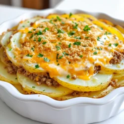 - 450 g Rinderhackfleisch - 4 große Kartoffeln (z.B. Russet), hauchdünn geschnitten - 1 mittlere Zwiebel, gewürfelt - 2 Knoblauchzehen, fein gehackt Die Hauptzutaten sind einfach und leicht zu finden. Rinderhackfleisch ist herzhaft und gibt dem Auflauf Geschmack. Kartoffeln sind die Basis und machen das Gericht sättigend. Die Zwiebel und der Knoblauch bringen Aroma und Frische. Diese Zutaten sind einfach zu verarbeiten und perfekt für jeden Koch. - 100 g geriebener Cheddar-Käse - 240 g Sauerrahm - 240 ml Milch - 1 Esslöffel Worcestershire-Sauce Cheddar-Käse macht alles besser. Er schmilzt schön und gibt einen tollen Geschmack. Sauerrahm und Milch sorgen für die Cremigkeit. Worcestershire-Sauce bringt eine besondere Tiefe ins Gericht. Diese Zutaten machen den Auflauf noch leckerer. - 1 Teelöffel Salz - ½ Teelöffel schwarzer Pfeffer - 1 Teelöffel Paprika - 100 g Semmelbrösel (optional als Topping) Gewürze sind wichtig für den Geschmack. Salz und Pfeffer sind ein Muss. Paprika gibt eine kleine Schärfe. Die Semmelbrösel sind optional, aber sie machen die Oberfläche knusprig. Ein toller Kontrast zur weichen Füllung. Heize deinen Ofen auf 175°C vor. Nimm eine 23x33 cm große Auflaufform und fette sie gut ein. Du kannst Kochspray oder Butter verwenden. So klebt der Auflauf nicht an. Erhitze eine große Pfanne bei mittlerer Hitze. Brate das Rinderhackfleisch an, bis es durchgegart und braun ist. Lass das überschüssige Fett abtropfen. Füge dann die gewürfelte Zwiebel und den gehackten Knoblauch hinzu. Brate alles zusammen für etwa 5 Minuten. Die Zwiebel sollte glasig werden. Jetzt kommt der spaßige Teil: die Schichtung! Lege die Hälfte der geschnittenen Kartoffeln gleichmäßig in die vorbereitete Auflaufform. Gieße die Hälfte der Sauerrahmmischung darüber. Danach kommt die Hälfte der Hackfleischmischung. Streue die Hälfte des geriebenen Cheddar-Käses gleichmäßig darüber. Wiederhole diesen Vorgang mit den restlichen Zutaten. Am Ende kröne das Ganze mit dem restlichen Käse. Wenn du Semmelbrösel magst, mische sie mit der geschmolzenen Butter. Streue sie gleichmäßig oben drauf für ein knuspriges Topping. Jetzt ist dein Auflauf bereit für den Ofen! - Wie man das Hackfleisch richtig brät: Erhitze deine Pfanne auf mittlere Hitze. Füge das Rinderhackfleisch hinzu und brate es gut an. Achte darauf, dass es gleichmäßig braun wird. Lass überschüssiges Fett abtropfen, bevor du die Zwiebeln und den Knoblauch hinzufügst. - Die beste Reihenfolge für die Schichtung: Beginne mit einer Schicht Kartoffeln. Gieße dann die Hälfte der Sauerrahmmischung darüber. Füge dann die Hackfleischmischung hinzu und streue den Käse darüber. Wiederhole diesen Vorgang für die zweite Schicht. - Beachtung der Garzeiten: Backe den Auflauf zunächst mit Folie für 45 Minuten. Entferne die Folie und backe weitere 15 Minuten. So wird der Käse schön goldbraun. - Verwendung von frischen Kräutern: Frische Petersilie oder Schnittlauch geben dem Auflauf einen tollen Geschmack. Füge sie am Ende hinzu, um das Gericht aufzupeppen. - Garnieren mit Petersilie: Streue frisch gehackte Petersilie über den Auflauf. Das bringt Farbe und macht das Gericht ansprechender. - Klecks Sauerrahm zum Servieren: Serviere jeden Teller mit einem Klecks Sauerrahm. Das macht das Gericht cremiger und schmeckt köstlich! {{image_4}} Für eine vegetarische Option können Sie das Rinderhackfleisch ganz einfach durch pflanzliche Alternativen ersetzen. Produkte aus Soja oder Erbsenprotein sind tolle Optionen. Sie geben einen ähnlichen Geschmack und Textur. Manche mögen auch Linsen oder schwarze Bohnen. Diese sind gesund und lecker. Käse ist der Star in diesem Auflauf. Sie können verschiedene Käsesorten verwenden, um neue Geschmäcker zu entdecken. Gouda gibt einen süßlichen Geschmack, während Mozzarella eine cremige Textur bietet. Experimentieren Sie mit Käse, um Ihr Lieblingsprofil zu finden. Fügen Sie Gemüse wie Brokkoli oder Paprika hinzu, um den Auflauf bunter und gesünder zu machen. Brokkoli bringt einen knackigen Biss und zusätzliche Nährstoffe. Paprika fügt Süße und Farbe hinzu. Diese Zutaten machen das Gericht noch schmackhafter und bunter. Der Käse-Hamburger-Kartoffelauflauf bleibt im Kühlschrank bis zu fünf Tage frisch. Lagern Sie ihn in einem luftdichten Behälter. So bleibt er saftig und schmackhaft. Um den Auflauf einzufrieren, lassen Sie ihn zuerst abkühlen. Schneiden Sie ihn dann in Portionen. Wickeln Sie jede Portion in Frischhaltefolie und legen Sie sie in einen Gefrierbeutel. So bleibt der Geschmack erhalten. Zum Wiederaufwärmen, lassen Sie die Portionen über Nacht im Kühlschrank auftauen. Die beste Methode zum Aufwärmen ist im Ofen. Heizen Sie ihn auf 175°C vor. Legen Sie den Auflauf in eine Auflaufform. Decken Sie ihn mit Aluminiumfolie ab. Backen Sie ihn für etwa 20 Minuten. Entfernen Sie die Folie für die letzten 5 Minuten, damit der Käse wieder schön schmilzt. Die Zubereitungszeit für den Käse-Hamburger-Kartoffelauflauf beträgt 20 Minuten. Die Gesamtzeit ist 1 Stunde und 10 Minuten. Diese Zeit umfasst das Backen und Abkühlen. So bleibt genug Zeit, andere Aufgaben zu erledigen. Ja, Sie können den Auflauf im Voraus zubereiten. Bereiten Sie alle Schichten vor und lagern Sie sie im Kühlschrank. Bedecken Sie die Auflaufform mit Folie. Backen Sie den Auflauf einfach, wenn Sie bereit sind zu essen. So sparen Sie Zeit an einem hektischen Tag. Verschiedene Beilagen passen gut zu diesem Gericht. Hier sind einige Vorschläge: - Frischer grüner Salat - Gedünstetes Gemüse wie Brokkoli - Knuspriges Brot oder Brötchen - Gurkensalat mit Joghurt-Dressing Diese Beilagen ergänzen den Auflauf perfekt und bieten Abwechslung auf dem Teller. Du hast gelernt, wie man einen leckeren Auflauf mit Rinderhackfleisch zubereitet. Die Zutaten wie Kartoffeln, Zwiebeln und Käse sorgen für einen großartigen Geschmack. Du kennst nun die Schritte zum Kochen und hast Tipps für eine perfekte Zubereitung erhalten. Denke auch an Variationen, um dein Gericht spannend zu halten. Dein Auflauf lässt sich einfach aufbewahren oder aufwärmen. Mit diesen Informationen wirst du deine Gäste beeindrucken und ein wunderbares Gericht servieren!