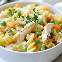 Für dieses Gericht brauchen Sie: - 225 g Pasta (z. B. Fusilli oder Penne) - 1 Esslöffel Olivenöl - 1 Zwiebel, gewürfelt - 2 Karotten, gewürfelt - 2 Stangen Sellerie, gewürfelt - 500 g gekochtes Hühnchen, zerkleinert - 150 g gefrorene Erbsen - 1 l Hühnerbrühe - 240 ml Sahne - 30 g Weizenmehl (zum Andicken) - Salz und Pfeffer nach Geschmack - Frische Petersilie zum Garnieren Diese Zutaten geben dem Gericht seinen herzhaften Geschmack. Das Hühnchen und das Gemüse sorgen für eine tolle Textur. Für die Würze verwenden wir: - 1 Teelöffel getrockneter Thymian - 1 Teelöffel Knoblauchpulver Diese Gewürze bringen Aromen, die an klassischen Hühnchen-Topf erinnern. Thymian gibt einen frischen Geschmack, während Knoblauch die Tiefe verstärkt. Die Pasta ist wichtig für die Struktur. Ich empfehle: - Fusilli oder Penne - Pasta, die gut die Sauce hält Fusilli hat eine tolle Form, die die Sauce gut aufnimmt. Penne ist ebenfalls eine gute Wahl, da sie die cremige Sauce wunderbar umschließt. Achten Sie darauf, die Pasta al dente zu kochen, damit sie beim Mischen nicht zerfällt. {{ingredient_image_2}} Zuerst bringst du einen großen Topf mit gesalzenem Wasser zum Kochen. Füge dann 225 g Pasta hinzu. Koche die Pasta gemäß den Anweisungen auf der Verpackung. Sie sollte al dente sein. Wenn sie fertig ist, gieße sie ab und stelle sie beiseite. Erhitze 1 Esslöffel Olivenöl in einem großen Topf bei mittlerer Hitze. Gib dann 1 gewürfelte Zwiebel, 2 gewürfelte Karotten und 2 gewürfelte Selleriestangen hinein. Brate das Gemüse etwa 5-7 Minuten lang an, bis es weich ist. Füge nun 500 g zerkleinertes Hühnchen und 150 g gefrorene Erbsen hinzu. Garniere alles für 2-3 Minuten, bis die Erbsen warm sind. Streue 30 g Weizenmehl gleichmäßig über die Hühnchen-Gemüse-Mischung. Rühre gut um, damit alles bedeckt ist. Röste das Mehl für eine Minute leicht an. Langsam gieße 1 l Hühnerbrühe hinein, während du ständig rührst. Füge 240 ml Sahne, 1 Teelöffel getrockneten Thymian und 1 Teelöffel Knoblauchpulver hinzu. Schmecke die Sauce mit Salz und Pfeffer ab. Lass die Mischung für 5-10 Minuten bei sanftem Köcheln eindicken. Sobald die Sauce dick ist, gib die gekochte Pasta in den Topf. Mische alles vorsichtig, bis die Pasta gleichmäßig mit der cremigen Sauce überzogen ist. Serviere die Hühnchen-Topf-Pasta in Schalen. Garniere jede Portion mit frischer Petersilie für einen farbenfrohen Akzent. Einer der häufigsten Fehler ist, die Pasta zu lange zu kochen. Sie sollte al dente sein. So bleibt sie bissfest und saugt die Sauce nicht zu schnell auf. Ein weiterer Fehler ist das Anbrennen des Gemüses. Rühren Sie regelmäßig um und achten Sie auf die Hitze. Wenn die Sauce klumpig wird, haben Sie wahrscheinlich zu viel Mehl verwendet. Streuen Sie das Mehl gleichmäßig und rühren Sie gut um. Die Sauce sollte cremig, aber nicht zu dick sein. Wenn sie zu dick wird, fügen Sie mehr Hühnerbrühe hinzu. Lassen Sie die Sauce sanft köcheln, damit sich die Aromen gut verbinden. Wenn Sie die Sahne hinzufügen, rühren Sie sie langsam unter. So wird die Sauce gleichmäßig cremig. Denken Sie daran, immer wieder zu rühren, um Klumpen zu vermeiden. Um Zeit zu sparen, bereiten Sie alle Zutaten im Voraus vor. Schneiden Sie das Gemüse und zerkleinern Sie das Hühnchen. So sind Sie bereit, sobald das Wasser kocht. Nutzen Sie einen großen Topf für die Pasta und die Sauce. Dadurch können Sie alles einfacher zusammenfügen. Wenn Sie die Reste in einer großen Schüssel mischen, sparen Sie auch beim Abwasch. Pro Tipps Pasta al dente kochen: Achten Sie darauf, die Pasta nur bis zur al dente-Konsistenz zu kochen, damit sie beim Mischen mit der Sauce nicht zu weich wird. Frisches Gemüse verwenden: Frisches Gemüse sorgt für besseren Geschmack und Textur. Wenn möglich, verwenden Sie frische Karotten und Sellerie anstelle von gefrorenem Gemüse. Für mehr Geschmack würzen: Experimentieren Sie mit zusätzlichen Kräutern oder Gewürzen wie frischem Basilikum oder Oregano, um dem Gericht eine persönliche Note zu verleihen. Resteverwertung: Dieses Gericht eignet sich hervorragend zur Resteverwertung. Fügen Sie übrig gebliebenes Gemüse oder andere Proteine hinzu, um es noch nahrhafter zu gestalten. {{image_4}} Du kannst Hühnchen ganz einfach durch Tofu oder Kichererbsen ersetzen. Tofu gibt dir eine tolle Textur. Kichererbsen sind voller Proteine. Beide Optionen passen gut zu dieser cremigen Sauce. Das Rezept ist sehr flexibel. Du kannst Zucchini, Paprika oder Brokkoli hinzufügen. Diese Gemüsesorten bringen Farbe und Geschmack. Sie sind auch sehr gesund. Probiere, frisches Gemüse der Saison zu nutzen. So bleibt dein Gericht frisch und lecker. Für eine andere Geschmacksrichtung kannst du Pute verwenden. Auch Lachs oder Garnelen passen gut dazu. Diese Optionen geben dem Gericht einen neuen Twist. Achte darauf, die Garzeit anzupassen, damit das Fleisch oder Fisch nicht trocken wird. Um die Reste deiner Hühnchen-Topf-Pasta frisch zu halten, lege sie in einen luftdichten Behälter. Stelle sicher, dass die Pasta gut abgekühlt ist, bevor du sie lagerst. Dies hilft, die Bildung von Bakterien zu verhindern. Du kannst die Reste bis zu drei Tage im Kühlschrank aufbewahren. Wenn du die Pasta wieder aufwärmst, benutze eine Pfanne oder Mikrowelle. In der Pfanne, füge einen Schuss Wasser oder Brühe hinzu. So bleibt die Pasta feucht und lecker. In der Mikrowelle, decke die Schüssel ab und erhitze sie in Intervallen von 1-2 Minuten. Rühre zwischendurch um, um eine gleichmäßige Erhitzung zu gewährleisten. Im Kühlschrank hält die Hühnchen-Topf-Pasta bis zu drei Tage. Im Gefrierschrank kannst du sie bis zu drei Monate aufbewahren. Wenn du sie einfrierst, teile die Portionen auf, um das Auftauen zu erleichtern. Achte darauf, die Pasta in gefriergeeigneten Behältern zu lagern. Ja, frische Kräuter sind eine tolle Wahl! Sie bringen mehr Geschmack und Aroma. Bei dieser Pasta empfehle ich frische Petersilie oder Thymian. Du kannst sie am Ende der Zubereitung hinzufügen. Frische Kräuter geben deinem Gericht einen tollen Farb- und Geschmacksakzent. Die Pasta braucht etwa 10 bis 12 Minuten. Achte darauf, sie al dente zu kochen. Das bedeutet, dass sie innen noch einen kleinen Biss haben sollte. Folge den Anweisungen auf der Verpackung. Vergiss nicht, das Wasser vorher gut zu salzen. So schmeckt die Pasta besser. Ja, du kannst das Gericht im Voraus machen. Koche die Pasta und bereite die Sauce vor. Lass alles abkühlen, bevor du es in den Kühlschrank stellst. Wenn du es später aufwärmst, füge etwas Brühe oder Wasser hinzu. Das hilft, die Sauce wieder cremig zu machen. So schmeckt es fast wie frisch gekocht! Zusammenfassend haben wir die Zutaten und die Schritte für Hühnchen-Topf-Pasta besprochen. Ich habe Tipps gegeben, wie man die perfekte Sauce macht und Fehler vermeidet. Es gibt viele Variationen, die du ausprobieren kannst, auch vegetarische Optionen. Denk daran, wie du die Reste richtig lagerst. Du kannst dieses Gericht im Voraus zubereiten und es leicht aufwärmen. Experimentiere mit verschiedenen Zutaten und finde dein eigenes Rezept. Viel Spaß beim Kochen!