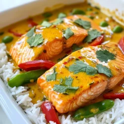 Für dein Lachs-Kokos-Curry brauchst du diese wichtigen Zutaten: - 4 hautlose Lachsfilets - 1 Dose (400ml) Kokosmilch - 2 Esslöffel rote Currypaste - 1 Esslöffel Fischsauce - 1 Esslöffel Limettensaft - 1 Teelöffel Ingwer, gerieben - 3 Knoblauchzehen, gehackt - 1 rote Paprika, in Scheiben geschnitten - 1 Tasse Zuckerschoten - 1 Esslöffel Olivenöl - Frischer Koriander zur Garnierung - Salz und Pfeffer nach Geschmack - Gekochter Jasminreis zum Servieren Diese Zutaten sorgen für einen vollen Geschmack und eine leckere Konsistenz. Die Gewürze machen das Curry besonders. Die rote Currypaste gibt Wärme und Tiefe. Sie bringt auch eine schöne Farbe in dein Gericht. Der frische Ingwer und der Knoblauch sorgen für ein tolles Aroma. Die Fischsauce fügt einen salzigen, umami-reichen Geschmack hinzu. Limettensaft bringt Frische und hilft, die Aromen zu heben. Jasminreis ist die beste Wahl. Er nimmt die Soße gut auf und ergänzt den Lachs. Du kannst auch frisches Brot anbieten. Es ist perfekt, um die restliche Soße zu genießen. Ein einfacher grüner Salat kann ebenfalls eine gute Ergänzung sein. So erhältst du eine ausgewogene Mahlzeit mit frischen Aromen. {{ingredient_image_2}} Um das Lachs-Kokos-Curry zuzubereiten, beginne mit den Zutaten. Du brauchst: - 4 hautlose Lachsfilets - 1 Dose (400ml) Kokosmilch - 2 Esslöffel rote Currypaste - 1 Esslöffel Fischsauce - 1 Esslöffel Limettensaft - 1 Teelöffel Ingwer, gerieben - 3 Knoblauchzehen, gehackt - 1 rote Paprika, in Scheiben geschnitten - 1 Tasse Zuckerschoten - 1 Esslöffel Olivenöl - Frischer Koriander zur Garnierung - Salz und Pfeffer nach Geschmack - Gekochter Jasminreis zum Servieren Sammle alles, was du brauchst. Schneide das Gemüse und hacke den Knoblauch. Das macht das Kochen einfacher. Erhitze das Olivenöl in einer großen Pfanne bei mittlerer Hitze. Füge den gehackten Knoblauch und den geriebenen Ingwer hinzu. Brate beides etwa 1 Minute lang an, bis es gut riecht. Rühre die rote Currypaste ein und lasse sie für eine weitere Minute anbraten. Das gibt dem Curry einen tollen Geschmack. Gieße die Kokosmilch in die Pfanne und rühre gut um. Lass die Mischung bei schwacher Hitze sanft köcheln. Füge die geschnittene rote Paprika und die Zuckerschoten hinzu. Koche die Mischung ca. 3-4 Minuten, bis das Gemüse leicht weich wird. Würze die Sauce mit Fischsauce und Limettensaft. Rühre gut um. Lege vorsichtig die Lachsfilets in die Pfanne, Hautseite nach unten. Löffele etwas von der Currysauce über den Lachs. Decke die Pfanne ab und lasse das Gericht 8-10 Minuten köcheln, bis der Lachs gar ist. Probiere das Curry und passe die Würze mit Salz und Pfeffer an. Serviere das Lachs-Curry auf einem Bett aus gekochtem Jasminreis. Garniere das Gericht mit frischem Koriander. Achte darauf, dass die Hitze nicht zu hoch ist. So bleibt der Lachs zart. Prüfe den Lachs nach 8 Minuten. Er sollte leicht auseinanderfallen. Wenn du frische Zutaten nutzt, schmeckt das Curry besser. Füge mehr Gemüse hinzu, wenn du magst. Das macht das Gericht bunter und gesünder. Wenn du es schärfer magst, kannst du mehr Currypaste verwenden. Der Lachs braucht etwa 8-10 Minuten, um perfekt zu garen. Die Hautseite sollte nach unten zeigen, wenn du sie in die Pfanne legst. Du erkennst, dass der Lachs fertig ist, wenn er leicht auseinanderfällt. Eine gute Methode ist, ihn mit einer Gabel zu prüfen. Wenn er sich leicht zerteilen lässt, ist er ideal. Überwache die Temperatur gut, damit der Lachs nicht trocken wird. Frische Zutaten sorgen für den besten Geschmack. Ich empfehle frischen Lachs und frisches Gemüse. Gefrorene Zutaten sind jedoch eine praktische Option. Wenn du gefrorenen Lachs verwendest, lasse ihn langsam im Kühlschrank auftauen. Das bewahrt die Textur. Bei Gemüse kannst du gefrorene Zuckerschoten nutzen, sie sind praktisch und lecker. Achte darauf, dass sie nicht zu lange kochen, damit sie knackig bleiben. Die Schärfe kannst du leicht anpassen. Nutze weniger rote Currypaste, wenn du es mild magst. Möchtest du mehr Schärfe, füge einfach mehr hinzu. Limettensaft gibt frische und Säure. Du kannst auch etwas Honig hinzufügen, wenn du eine süßere Note möchtest. Experimentiere mit frischen Kräutern wie Koriander. Sie bringen neue Aromen in dein Curry. Pro Tipps Frische Zutaten: Verwende frischen Lachs und frisches Gemüse, um den besten Geschmack in deinem Curry zu erzielen. Variationen: Du kannst auch anderes Gemüse wie Brokkoli oder Auberginen hinzufügen, um das Rezept nach deinem Geschmack anzupassen. Würze anpassen: Probiere das Curry während des Kochens und passe die Gewürze nach deinem Geschmack an, um die perfekte Balance zu finden. Servieren: Serviere das Curry mit frisch gekochtem Jasminreis für ein authentisches Erlebnis. {{image_4}} Du kannst dieses Curry leicht vegan machen. Statt Lachs kannst du Tofu verwenden. Wähle festen Tofu für die beste Textur. Schneide ihn in Würfel und brate ihn leicht an. Füge dann die anderen Zutaten hinzu, wie in der Originalrezeptur. Kokosmilch und rote Currypaste geben viel Geschmack. Du kannst das Gemüse im Curry variieren. Brokkoli, Karotten oder grüne Bohnen sind tolle Optionen. Diese Gemüsesorten bringen Farbe und Nährstoffe. Achte darauf, sie in passende Stücke zu schneiden, damit sie gleichmäßig garen. Du kannst auch Spinat oder Mangold kurz vor dem Servieren hinzufügen. So bleibt das Gemüse frisch und knackig. Für einen gesunden Reisersatz probiere Blumenkohlreis. Dieser ist leicht und enthält weniger Kohlenhydrate. Reibe Blumenkohl mit einer Küchenreibe zu kleinen Stückchen. Brate ihn dann kurz an, bis er weich ist. Du kannst auch Quinoa verwenden, wenn du eine proteinreiche Option möchtest. Beide Varianten passen gut zu diesem Curry und machen das Gericht leicht und lecker. Nach dem Kochen lasse das Lachs-Kokos-Curry auf Raumtemperatur abkühlen. Gebe es dann in einen luftdichten Behälter. So bleibt der Geschmack frisch. Im Kühlschrank ist das Curry bis zu drei Tage haltbar. Stelle sicher, dass der Behälter gut verschlossen ist. Das verhindert, dass andere Gerüche eindringen. Um das Curry aufzuwärmen, gebe es in einen Topf. Erwärme es bei mittlerer Hitze. Rühre regelmäßig, damit es gleichmäßig warm wird. Du kannst auch einen Mikrowellenbehälter verwenden. Decke das Curry ab, um Spritzer zu vermeiden. Erwärme es in kurzen Intervallen. So wird der Lachs nicht trocken. Das Lachs-Kokos-Curry hält sich im Kühlschrank drei Tage. Einfrieren ist auch möglich. Fülle das Curry in einen gefrierfesten Behälter. So bleibt es bis zu drei Monate gut. Achte darauf, etwas Platz im Behälter zu lassen. Flüssigkeiten dehnen sich beim Gefrieren aus. Vor dem Essen taut das Curry am besten über Nacht im Kühlschrank auf. Du kannst Lachs-Kokos-Curry bis zu drei Tage im Kühlschrank aufbewahren. Stelle sicher, dass du es in einem luftdichten Behälter lagerst. So bleibt der Geschmack frisch. Wenn du das Curry länger aufbewahren möchtest, kannst du es auch einfrieren. Das Curry hält sich im Gefrierfach bis zu drei Monate. Achte darauf, es gut zu verpacken, um Gefrierbrand zu vermeiden. Ja, du kannst die Currypaste selbst machen. Das gibt dem Gericht einen frischen Geschmack. Du benötigst dafür frische Zutaten wie Chili, Knoblauch, Ingwer und Gewürze. Mische sie mit etwas Öl, um eine Paste zu bilden. Experimentiere mit den Zutaten, um den Geschmack anzupassen. Wenn du Zeit sparen möchtest, ist die gekaufte Currypaste eine gute Wahl. Zu Lachs-Kokos-Curry passen viele Beilagen. Gekochter Jasminreis ist die beliebteste Wahl. Er nimmt die Soße gut auf. Auch Quinoa oder basmati Reis sind gute Optionen. Du kannst auch frisches Brot servieren, um die Soße zu genießen. Ein einfacher grüner Salat ergänzt das Gericht gut. In diesem Artikel haben wir die Hauptzutaten für Lachs-Kokos-Curry besprochen. Ich habe eine Schritt-für-Schritt-Anleitung gegeben, die dir beim Kochen hilft. Tipps für Garzeiten und Varianten zeigen dir, wie du das Gericht anpassen kannst. Auch die Lagerungshinweise sind wichtig, um die Frische zu sichern. Lachs-Kokos-Curry ist einfach zuzubereiten und lecker. Nutze die Tipps und Variationen, um dein Curry zu perfektionieren und jedes Mal zu genießen. Dieses Gericht wird sicher dein neues Lieblingsrezept!