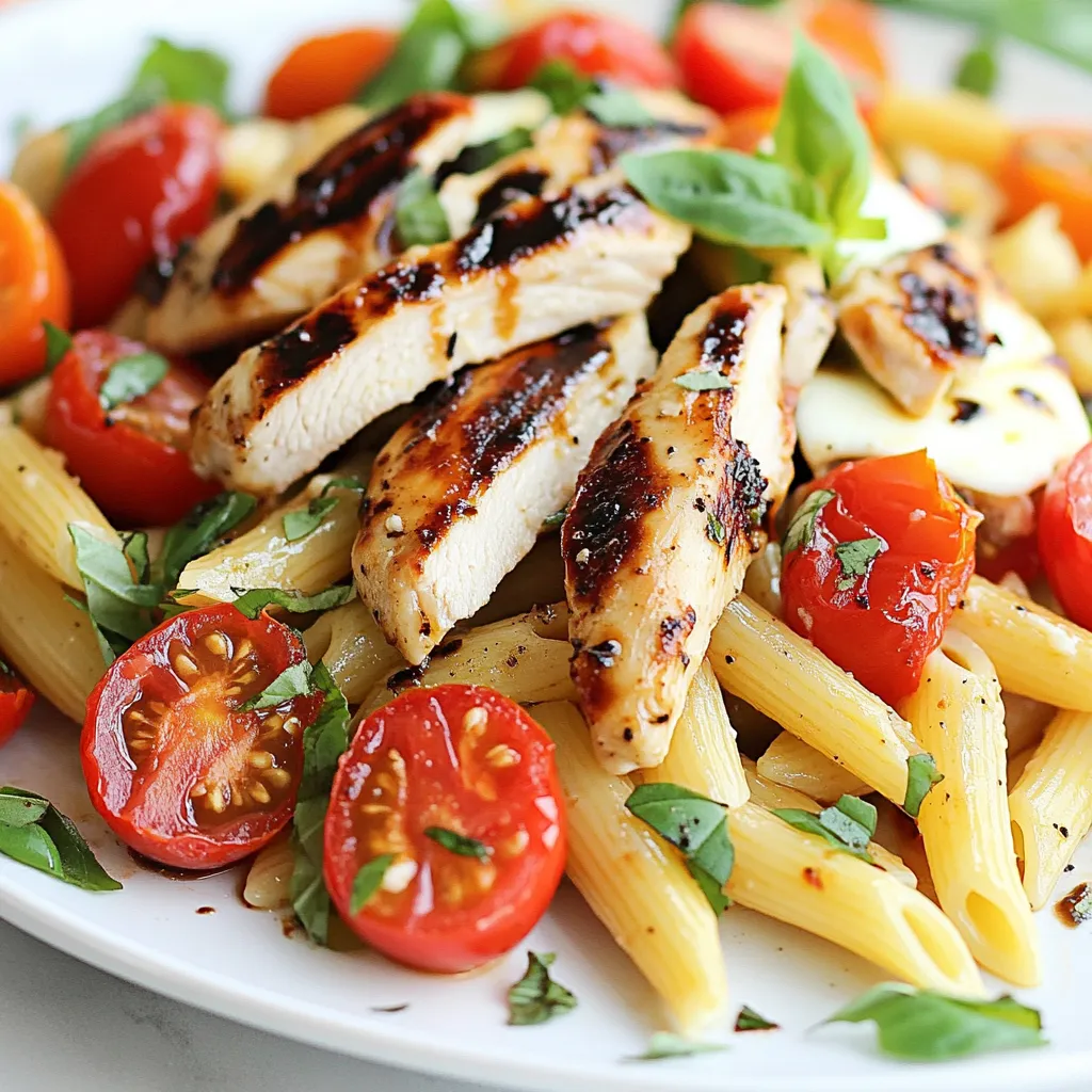 - 2 Hähnchenbrustfilets ohne Knochen und Haut - 230 g Penne-Nudeln - 2 Tassen Kirschtomaten, halbiert - 1/2 Tasse frisches Basilikum, gehackt - 3 Knoblauchzehen, fein gehackt - 1/4 Tasse Balsamico-Essig - 1/4 Tasse natives Olivenöl extra - Salz und Pfeffer nach Geschmack - Zerdrückte rote Paprikaflocken (optional) Diese Zutaten machen das Gericht frisch und lecker. Die Hähnchenbrustfilets geben viel Geschmack und Protein. Die Penne-Nudeln sind perfekt, um die Sauce aufzunehmen. Kirschtomaten fügen eine süße Note hinzu. Frisches Basilikum bringt einen aromatischen Kick. Knoblauch macht alles besser und gibt Tiefe. Balsamico-Essig sorgt für eine schöne Säure, die das Gericht hebt. Olivenöl bringt gesunde Fette. Salz und Pfeffer sind die Basis für jede gute Würze. Wenn du es etwas schärfer magst, füge die zerdrückten Paprikaflocken hinzu. Diese Zutaten sind einfach zu finden und machen dein Essen besonders. {{ingredient_image_2}} - Würzen und Braten: Nehmen Sie die Hähnchenbrustfilets und würzen Sie sie mit Salz, Pfeffer und gehacktem Knoblauch. Erhitzen Sie einen Esslöffel Olivenöl in einer Pfanne bei mittlerer Hitze. Braten Sie das Hähnchen für etwa 6-7 Minuten pro Seite, bis es gut durchgegart ist. - Ruhen lassen und schneiden: Nehmen Sie das Hähnchen aus der Pfanne und lassen Sie es kurz ruhen. Schneiden Sie es dann in Streifen. - Wasser vorbereiten und Pasta garen: Füllen Sie einen großen Topf mit Wasser und bringen Sie es zum Kochen. Fügen Sie eine Prise Salz hinzu. Geben Sie die Penne-Nudeln dazu und kochen Sie sie nach Anleitung bis sie al dente sind. - Nudelwasser aufbewahren: Bevor Sie die Nudeln abgießen, bewahren Sie 1/2 Tasse des Nudelwassers auf. Gießen Sie den Rest ab und stellen Sie die Nudeln beiseite. - Zutaten vermengen: In einer Schüssel kombinieren Sie die halbierten Kirschtomaten, gehacktes Basilikum, gehackten Knoblauch, Balsamico-Essig und Olivenöl. - Aromen ziehen lassen: Würzen Sie die Mischung mit Salz und Pfeffer. Mischen Sie alles gut und lassen Sie die Aromen für etwa 10 Minuten ziehen. - Nudel und Bruschetta-Mischung hinzufügen: In der Pfanne, in der Sie das Hähnchen gebraten haben, geben Sie die abgetropften Nudeln und die Bruschetta-Mischung dazu. - Gut vermengen: Mischen Sie alles bei mittlerer Hitze für etwa 2-3 Minuten. - Verteilen und Käse schmelzen lassen: Streuen Sie die geschnittenen Hähnchenstücke gleichmäßig über die Pasta. Verteilen Sie den geriebenen Mozzarella darüber. Legen Sie den Deckel auf die Pfanne und lassen Sie den Käse für 2 Minuten schmelzen. - Anrichten und garnieren: Servieren Sie das Bruschetta Hähnchen-Pasta auf Tellern. Garnieren Sie das Gericht optional mit frischem Basilikum und einem Spritzer Balsamico-Glasur für den Extra-Kick. - Hähnchen richtig garen: Brate die Hähnchenbrustfilets etwa 6-7 Minuten pro Seite. Sie sind fertig, wenn sie innen nicht mehr rosa sind. Lass das Hähnchen nach dem Braten ruhen. So bleibt es saftig. - Pasta al dente kochen: Koche die Penne-Nudeln in gesalzenem Wasser. Halte dich an die Anweisung auf der Verpackung. Al dente bedeutet, die Nudeln sind weich, aber noch bissfest. - Verwendung von frischen Kräutern: Frisches Basilikum gibt dem Gericht einen tollen Geschmack. Hacke es grob und mische es mit den Tomaten. Die Aromen entfalten sich besser. - Zusätzliche Gewürze hinzufügen: Für mehr Geschmack füge zerdrückte rote Paprikaflocken hinzu. Sie bringen eine leichte Schärfe. Experimentiere mit verschiedenen Gewürzen, um dein eigenes Aroma zu finden. - Tipps zur Präsentation: Arrangiere die Pasta schön auf dem Teller. Lege die Hähnchenstücke darauf und streue Mozzarella darüber. Ein Spritzer Balsamico-Glasur macht es noch ansprechender. - Beilagenempfehlungen: Serviere einen frischen Salat dazu. Ein einfacher grüner Salat passt gut. Du kannst auch etwas Brot zum Dippen anbieten. Pro Tipps Hähnchen marinieren: Marinieren Sie das Hähnchen einige Stunden vorher mit Balsamico-Essig und Gewürzen für mehr Geschmack. Frische Zutaten verwenden: Verwenden Sie frische und reife Kirschtomaten und Basilikum, um das Aroma des Gerichts zu intensivieren. Nudeln al dente kochen: Kochen Sie die Nudeln nur bis sie al dente sind, um sicherzustellen, dass sie nicht matschig werden, wenn sie mit der Sauce vermischt werden. Variationen hinzufügen: Experimentieren Sie mit zusätzlichen Zutaten wie Avocado oder Spinat für mehr Nährstoffe und Farbe im Gericht. {{image_4}} Für eine vegetarische Version der Bruschetta Chicken Pasta tauschen Sie das Hähnchen gegen Tofu oder Kichererbsen. Diese Zutaten sind proteinreich und lecker. Sie können auch Gemüse wie Zucchini, Paprika oder Spinat verwenden. Braten Sie das Gemüse leicht an, um den Geschmack zu intensivieren. Die Pasta bleibt gleich, um die Aromen zu verbinden. Um die Pasta schärfer zu machen, fügen Sie Jalapeños oder Chili hinzu. Diese bringen eine tolle Würze in das Gericht. Sie können auch scharfen Käse wie Pepper Jack verwenden. Dieser Käse schmilzt gut und verleiht dem Gericht eine würzige Note. Passen Sie die Menge nach Ihrem Geschmack an, um die perfekte Schärfe zu finden. Für eine mediterrane Note fügen Sie Oliven oder Artischocken hinzu. Diese Zutaten sorgen für einen frischen Geschmack. Auch eine Variation der Kräuter kann hilfreich sein. Verwenden Sie Oregano oder Thymian, um das Gericht zu verfeinern. Diese Aromen bringen das Urlaubsgefühl auf den Tisch und machen das Essen noch bunter. Um die Reste optimal zu lagern, wähle einen luftdichten Behälter. Glasbehälter sind ideal, da sie gut schließen und keine Gerüche abgeben. Du kannst auch Kunststoffbehälter verwenden. Lass die Pasta vor dem Verstauen abkühlen. So vermeidest du, dass sich Kondenswasser bildet. Für die Kühlung stelle den Behälter in den Kühlschrank. Die Reste bleiben dort bis zu drei Tage frisch. Du kannst die Reste auch einfrieren. Verwende dazu einen gefrierfesten Behälter. So bleibt die Pasta bis zu drei Monate haltbar. Die Haltbarkeit der Bruschetta Chicken Pasta hängt von der Lagerung ab. Bei Raumtemperatur sollte das Gericht nicht länger als zwei Stunden stehen. Bei Kühlschranktemperaturen bleibt es bis zu drei Tage frisch. Achte auf Anzeichen von Verderb. Wenn die Pasta unangenehm riecht oder eine schleimige Textur hat, wirf sie weg. Wenn die Kirschtomaten matschig werden, ist das ebenfalls ein Warnsignal. Frische Zutaten sind der Schlüssel für den besten Geschmack. Die Zubereitung von Bruschetta Chicken Pasta dauert insgesamt 35 Minuten. Die Vorbereitungszeit beträgt 15 Minuten und die Kochzeit ist 20 Minuten. Das ist schnell und einfach! Ja, du kannst das Hähnchen im Voraus zubereiten. Koche es einfach und lasse es abkühlen. Bewahre das Hähnchen dann in einem luftdichten Behälter im Kühlschrank auf. Es bleibt so bis zu drei Tage frisch. So sparst du Zeit, wenn du die Pasta machst! Es gibt viele tolle Beilagen für Bruschetta Chicken Pasta. Hier sind einige Ideen: - Ein einfacher grüner Salat mit Balsamico-Dressing - Knoblauchbrot oder Baguette - Gegrilltes Gemüse, wie Zucchini oder Paprika - Frische Bruschetta für zusätzlichen Geschmack Um die Pasta glutenfrei zu machen, wähle glutenfreie Penne-Nudeln. Es gibt viele Marken, die guten Geschmack bieten. Achte darauf, die Kochzeit auf der Verpackung zu beachten. Du kannst auch Zucchini-Nudeln oder Spaghetti aus Kichererbsen verwenden. So bleibt das Gericht lecker und gesund! Diese Anleitung zeigt, wie man ein leckeres Bruschetta Chicken Pasta-Gericht zubereitet. Wir haben die Hauptzutaten wie Hähnchen, Penne und Kirschtomaten besprochen. Aromatische Elemente wie Basilikum und Knoblauch machen das Gericht besonders. Tipps sorgen für perfekte Kochzeiten und eine ansprechende Präsentation. Variationen bieten jedem Geschmack etwas. Denken Sie daran, Reste richtig aufzubewahren. Genießen Sie diese einfache und köstliche Mahlzeit!