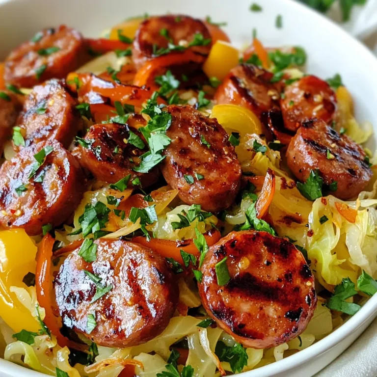 Für unsere einfache Wurst-Kohl-Pfanne brauchen wir folgende Zutaten: - 450 g geräucherte Wurst, in Scheiben geschnitten - 4 Tassen grüner Kohl, dünn geschnitten - 1 Paprika, in dünne Scheiben geschnitten - 1 mittelgroße Zwiebel, in dünne Ringe geschnitten - 2 Knoblauchzehen, fein gehackt - 2 Esslöffel Sojasauce - 1 Esslöffel Olivenöl - 1 Teelöffel geräuchertes Paprikapulver - 1/2 Teelöffel schwarzer Pfeffer - 1/4 Teelöffel rote Pfefferflocken (optional) - Frische Petersilie, gehackt (zum Garnieren) Diese Zutaten ergeben ein herzhaftes und schmackhaftes Gericht. Frische Zutaten bieten mehr Geschmack und Textur. Der Kohl bleibt knackiger, wenn er frisch ist. Aber gefrorenes Gemüse ist oft praktischer. Es spart Zeit beim Schneiden. Wenn du gefrorenen Kohl verwendest, achte darauf, ihn gut abzutropfen. Das verhindert, dass das Gericht wässrig wird. Wenn du die Wurst ändern möchtest, gibt es viele Optionen. Du kannst Hähnchenwurst oder Merguez ausprobieren. Diese Wurstsorten bringen neue Aromen ins Gericht. Vegane Wurst ist eine tolle Wahl für eine pflanzliche Version. Du kannst auch Tofu oder Tempeh verwenden. Diese Alternativen machen das Gericht noch gesünder und abwechslungsreicher. {{ingredient_image_2}} Für die Wurst-Kohl-Pfanne brauchst du einige frische Zutaten. Hier ist eine Liste: - 450 g geräucherte Wurst, in Scheiben geschnitten (z. B. Kielbasa) - 4 Tassen grüner Kohl, dünn geschnitten - 1 Paprika, in dünne Scheiben geschnitten - 1 mittelgroße Zwiebel, in dünne Ringe geschnitten - 2 Knoblauchzehen, fein gehackt - 2 Esslöffel Sojasauce - 1 Esslöffel Olivenöl - 1 Teelöffel geräuchertes Paprikapulver - 1/2 Teelöffel schwarzer Pfeffer - 1/4 Teelöffel rote Pfefferflocken (optional) - Frische Petersilie, gehackt (zum Garnieren) Zuerst wasche das Gemüse. Schneide den Kohl, die Zwiebel und die Paprika. Hacke den Knoblauch fein. Bereite alles vor, bevor du kochst. So läuft der Prozess glatt. Erhitze das Olivenöl in einer großen Pfanne oder einem Wok. Stelle die Hitze auf mittel bis hoch. Füge die Wurstschnitze hinzu. Brate sie etwa 5 Minuten lang. Sie sollen schön braun werden. Rühre gelegentlich um. Jetzt kommen die Zwiebelringe und die Paprikastreifen dazu. Brate das Gemüse weitere 3-4 Minuten. Es sollte weich werden. Dann gib den gehackten Knoblauch und den Kohl in die Pfanne. Vermenge alles gut. Träufle die Sojasauce über die Mischung. Streue das geräucherte Paprikapulver, schwarzen Pfeffer und rote Pfefferflocken hinzu. Brate das Ganze weitere 5-7 Minuten. Der Kohl soll zart und leicht zusammengefallen sein. Probiere das Gericht und passe die Gewürze nach deinem Geschmack an. Nimm die Pfanne vom Herd. Serviere die Wurst-Kohl-Pfanne in großen Schalen. Garniere jede Portion mit frisch gehackter Petersilie. Das gibt einen schönen Farbklecks. Du kannst auch etwas mehr Sojasauce dazu reichen. So wird es noch schmackhafter! Um die perfekte Garzeit zu erreichen, gibt es einige wichtige Punkte. Braten Sie die Wurst zuerst. Sie braucht etwa fünf Minuten, um schön braun zu werden. Dann fügen Sie die Zwiebeln und Paprika hinzu. Diese benötigen nur drei bis vier Minuten, um weich zu werden. Der Kohl braucht weitere fünf bis sieben Minuten. Rühren Sie regelmäßig um, damit alles gleichmäßig gart. Achten Sie darauf, dass der Kohl zart, aber nicht matschig wird. Ein gutes Kochmesser macht das Schneiden von Gemüse viel einfacher. Ein großer Wok oder eine große Pfanne ist ideal für dieses Rezept. Diese Geräte erlauben viel Platz zum Rühren. Ein Holzlöffel ist hilfreich, um die Zutaten gut zu vermengen. Ein Schneidebrett ist ebenfalls wichtig, um alles sicher zu schneiden. Ein häufiger Fehler ist, die Wurst nicht lange genug zu braten. Sie sollte eine schöne Bräunung haben. Ein weiterer Fehler ist, zu wenig Platz in der Pfanne zu haben. Wenn die Pfanne zu voll ist, wird das Gemüse nicht gleichmäßig gar. Achten Sie auch darauf, die Gewürze richtig zu dosieren. Zu viel Sojasauce kann das Gericht zu salzig machen. Taste immer wieder, um die perfekte Balance zu finden. Pro Tipps Wurstwahl: Verwenden Sie eine hochwertige, geräucherte Wurst für den besten Geschmack und eine schöne Textur im Gericht. Kohlauswahl: Grüner Kohl ist ideal, aber Sie können auch Rotkohl oder Wirsing verwenden, um verschiedene Geschmäcker und Farben zu integrieren. Gemüsevariationen: Fügen Sie zusätzliches Gemüse wie Karotten oder Zucchini hinzu, um das Gericht noch nahrhafter zu machen. Serviertipps: Servieren Sie das Gericht mit Reis oder Quinoa, um es zu einer vollständigen Mahlzeit zu machen. {{image_4}} Wenn Sie eine vegetarische oder vegane Option suchen, sind einige tolle Ersatzstoffe verfügbar. Statt Wurst können Sie Tofuwürfel oder Seitan verwenden. Diese Optionen geben eine ähnliche Textur und nehmen die Aromen gut auf. Sie können auch Tempeh verwenden, da es viel Protein enthält. Für den Geschmack können Sie etwas Flüssigrauch hinzufügen, um das Raucharoma der Wurst nachzuahmen. Sie können das Rezept leicht anpassen, indem Sie mehr Gemüse hinzufügen. Brokkoli, Karotten oder Zucchini passen gut in diese Pfanne. Einfach das Gemüse klein schneiden und zusammen mit der Zwiebel anbraten. Diese zusätzlichen Farben und Nährstoffe machen das Gericht noch gesünder und schmackhafter. Das Rezept ist sehr flexibel, wenn es um Aromen geht. Wenn Sie es schärfer mögen, fügen Sie mehr rote Pfefferflocken hinzu oder verwenden Sie frische Chilis. Für eine süßere Note können Sie einen Teelöffel Honig oder Ahornsirup hinzufügen. Diese Kombination kann das Gericht interessant machen und neue Geschmäcker hervorbringen. Trauen Sie sich, zu experimentieren und Ihre eigenen Lieblingsaromen zu finden! Lagern Sie Ihre Reste in einem luftdichten Behälter. Lassen Sie das Gericht auf Raumtemperatur abkühlen, bevor Sie es abdecken. So vermeiden Sie Feuchtigkeit. Die Reste können bis zu drei Tage im Kühlschrank halten. Einfache Wurst-Kohl-Pfanne bleibt frisch bis zu drei Tage im Kühlschrank. Nach dieser Zeit kann der Geschmack leiden. Wenn Sie es länger aufbewahren möchten, frieren Sie die Portionen ein. So bleibt es bis zu drei Monate haltbar. Um die Pfanne erneut zu erwärmen, nutzen Sie eine Pfanne oder die Mikrowelle. Bei der Pfanne geben Sie etwas Öl hinzu und erhitzen es bei mittlerer Hitze. Fügen Sie die Reste hinzu und rühren Sie gut um. In der Mikrowelle, verwenden Sie eine abgedeckte Schüssel und erhitzen Sie in 30-Sekunden-Intervallen. Rühren Sie zwischendurch um, bis es heiß ist. Ja, Sie können die Sojasauce ersetzen. Eine gute Option ist Tamari. Tamari hat einen ähnlichen Geschmack, ist aber oft glutenfrei. Alternativ können Sie auch Kokosaminos verwenden, die süßer sind. Wenn Sie einen anderen Geschmack möchten, probieren Sie Brühe oder Miso. Diese Optionen bringen auch viel Geschmack. Um die Wurst-Kohl-Pfanne schärfer zu machen, fügen Sie einfach mehr rote Pfefferflocken hinzu. Eine andere Möglichkeit ist, frische Chilis oder scharfen Senf hinzuzufügen. Experimentieren Sie mit verschiedenen Gewürzen wie Cayennepfeffer oder scharfer Paprika. Beginnen Sie mit kleinen Mengen, bis es Ihren Geschmack trifft. Ja, das Rezept kann glutenfrei sein. Verwenden Sie glutenfreie Sojasauce oder Tamari. Achten Sie auch darauf, dass die Wurst glutenfrei ist. Die meisten frischen Würste sind sicher, aber überprüfen Sie die Zutatenliste. Wenn Sie auf Gluten achten, sind Gemüse und Gewürze immer eine sichere Wahl. In diesem Blogbeitrag haben wir die besten Zutaten für ein leckeres Würstchen- und Kohlgericht besprochen. Ich habe Tipps gegeben, um frische und gefrorene Zutaten auszuwählen und alternative Wurstsorten zu verwenden. Die Schritt-für-Schritt-Anleitung macht das Kochen einfach. Mit meinen Tipps und Tricks gelingt dir die perfekte Garzeit. Vergiss nicht, mit Variationen zu experimentieren und Reste richtig zu lagern. Nutze diese Ideen, um dein Gericht noch besser zu machen und viel Freude beim Kochen zu haben!