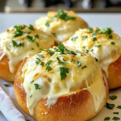 Für Chicken Alfredo Knoblauchbrot-Schalen benötigen wir eine Reihe frischer Zutaten. Hier sind die Hauptzutaten: - 2 große Sauerteigbrotlaibe - 2 Tassen gekochtes Hähnchen, zerrissen - 1 Tasse Schlagsahne - 1 Tasse geriebener Parmesan - 1/2 Tasse Mozzarella, gerieben - 4 Knoblauchzehen, fein gehackt - 2 Esslöffel Butter Diese Zutaten bilden die Basis für das Rezept. Das Hähnchen bringt viel Geschmack, während die Sahne die Sauce cremig macht. Der Parmesan gibt einen würzigen Kick. Zusätzlich zu den Hauptzutaten verwenden wir einige Gewürze und Käsesorten: - 1 Teelöffel italienische Gewürzmischung - Salz und Pfeffer nach Geschmack Die italienische Gewürzmischung sorgt für ein tolles Aroma. Salz und Pfeffer bringen alles zusammen und heben die Aromen hervor. Der Parmesan und Mozzarella machen das Gericht besonders herzhaft. Für die Dekoration und das Servieren brauchen wir: - Frische Petersilie, gehackt Die Petersilie bringt Farbe und Frische in das Gericht. Sie macht die Schalen optisch ansprechend. Serviere die Chicken Alfredo Knoblauchbrot-Schalen warm. Sie sind perfekt für ein gemütliches Abendessen oder ein Treffen mit Freunden. {{ingredient_image_2}} Heize deinen Ofen auf 190°C vor. Das ist wichtig, um die Brotschalen perfekt zu backen. Nimm einen mittelgroßen Topf und füge die Butter hinzu. Stelle die Hitze auf mittel und lass die Butter schmelzen. Wenn die Butter schmilzt, gib die fein gehackten Knoblauchzehen dazu. Brate den Knoblauch für etwa eine Minute an, bis er duftet. Dieser Schritt gibt der gesamten Schale einen tollen Geschmack. Gieße die Schlagsahne in den Topf mit der geschmolzenen Butter und dem Knoblauch. Lass die Mischung sanft köcheln. Rühre dann den geriebenen Parmesan, die italienische Gewürzmischung, Salz und Pfeffer ein. Lass die Sauce für 3-4 Minuten eindicken. Danach fügst du das zerrissene Hähnchen hinzu. Vermenge alles gut, bis das Hähnchen gleichmäßig verteilt ist. Nimm den Topf vom Herd und bereite die Brotschalen vor. Schneide die Oberseiten der Sauerteigbrote ab. Höhle das Innere aus, sodass ein Rand von etwa einem halben Zoll bleibt. Das gibt dir die perfekte Schale. Bestreiche das Innere der Brotschalen leicht mit geschmolzener Butter. Optional kannst du etwas Knoblauchpulver hinein streuen, um den Geschmack zu verstärken. Fülle jede Schale bis zum Rand mit der Chicken Alfredo Mischung. Das sieht nicht nur gut aus, sondern schmeckt auch fantastisch. Lege die gefüllten Brotschalen auf ein Backblech. Backe sie 15-20 Minuten lang, bis der Käse sprudelnd und goldbraun ist. Der Duft wird dein Haus erfüllen. Nimm die Schalen aus dem Ofen und lass sie einige Minuten abkühlen. Garniere sie dann mit frisch gehackter Petersilie. Serviere sie warm und genieße deine leckeren Chicken Alfredo Knoblauchbrot-Schalen! Um eine tolle Alfredo-Sauce zu machen, starte mit frischen Zutaten. Verwende echte Butter und Schlagsahne. Das gibt der Sauce einen reichhaltigen Geschmack. Achte darauf, den Knoblauch nicht zu verbrennen. Brate ihn nur kurz an, bis er duftet. Füge den Parmesan langsam hinzu. Rühre gut, damit er sich schön auflöst. Du kannst auch etwas Nudelwasser hinzufügen, um die Sauce cremiger zu machen. Du kannst die Alfredo-Sauce nach deinem Geschmack anpassen. Magst du es schärfer? Füge eine Prise rote Pfefferflocken hinzu. Liebst du Kräuter? Frisches Basilikum oder Oregano passen gut dazu. Wenn du einen anderen Käse magst, probiere Gouda oder Cheddar. Für eine leichtere Variante kannst du die Sahne durch Milch ersetzen. So bleibt der Geschmack lecker und leicht. Für knuspriges Brot heize deinen Ofen gut vor. Bestreiche das Innere der Brotschalen mit geschmolzener Butter. Das hilft, die Feuchtigkeit abzuhalten. Füge Knoblauchpulver hinzu, um einen extra Kick zu bekommen. Backe die Schalen, bis der Käse goldbraun und blubbernd ist. Achte darauf, sie nicht zu lange zu backen, damit sie nicht zu hart werden. So bekommst du eine perfekte Kombination aus knusprigem Brot und cremiger Füllung. Pro Tipps Verwenden Sie frisches Hähnchen: Für das beste Aroma und die beste Textur verwenden Sie frisch gekochtes Hähnchen anstelle von vorgegartem. Dies macht den Unterschied in der Gesamtqualität des Gerichts. Die perfekte Käseschicht: Mischen Sie Parmesan und Mozzarella für eine schmackhafte Käseschicht. Parmesan gibt einen würzigen Geschmack, während Mozzarella für die perfekte Schmelz- und Fäden sorgt. Knoblauchgeschmack intensivieren: Für zusätzlichen Knoblauchgeschmack können Sie auch ein wenig Knoblauchpulver in die Sauce geben, um die Aromen zu verstärken. Servieren mit frischen Kräutern: Frische Petersilie oder Basilikum als Garnitur hinzufügen, um das Gericht lebendiger zu machen und einen frischen Geschmack zu bieten. {{image_4}} Wenn du gerne eine vegetarische Version der Chicken Alfredo Knoblauchbrot-Schalen machen möchtest, ist das ganz einfach. Ersetze das Hähnchen durch gebratenes Gemüse. Zum Beispiel passen Zucchini, Paprika und Spinat gut. Du kannst auch Kichererbsen oder Tofu verwenden, um mehr Proteine hinzuzufügen. Diese Zutaten geben dir den gleichen herzhaften Geschmack. Käse ist ein wichtiger Teil der Schalen. Du kannst mit verschiedenen Käsesorten experimentieren. Probiere Gouda oder Cheddar für einen anderen Geschmack. Feta sorgt für eine frische Note. Wenn du es schärfer magst, kannst du Pepperjack verwenden. Mische die Käsesorten für eine cremige und reichhaltige Füllung. Die Jahreszeiten bringen viele frische Zutaten mit sich. Im Frühling kannst du Spargel oder Erbsen hinzufügen. Im Sommer passen sonnengetrocknete Tomaten sehr gut. Im Herbst mag ich Kürbisstücke in die Mischung zu geben. Im Winter sind gebratene Pilze eine tolle Wahl. Diese saisonalen Zutaten machen dein Gericht noch leckerer und gesünder. Um die Reste deiner Chicken Alfredo Knoblauchbrot-Schalen frisch zu halten, lege sie in einen luftdichten Behälter. Achte darauf, die Brotschalen nicht zu stapeln, um Druck auf den Käse zu vermeiden. Du kannst sie auch in Frischhaltefolie wickeln, wenn du keinen Behälter hast. Lagere sie im Kühlschrank. So bleiben sie bis zu drei Tage genießbar. Um die Schalen wieder aufzuwärmen, benutze den Ofen. Heize ihn auf 175 °C (350 °F) vor. Lege die Schalen auf ein Backblech. Backe sie etwa 10-15 Minuten, bis der Käse wieder schmilzt und die Brotschalen warm sind. Wenn du es schneller magst, kannst du auch die Mikrowelle verwenden, aber der Ofen gibt bessere Ergebnisse. Die Chicken Alfredo Knoblauchbrot-Schalen halten sich bis zu drei Tage im Kühlschrank. Wenn du mehr Reste hast, kannst du das Hähnchen und die Sauce getrennt aufbewahren. So kannst du später schnell ein neues Gericht zubereiten. Denke daran, dass du auch übrig gebliebenes Brot für andere Rezepte nutzen kannst, wie zum Beispiel für Croutons oder Brotauflauf. Ja, du kannst das Hähnchen leicht ersetzen. Zum Beispiel kannst du gekochte Garnelen oder Tofu verwenden. Beide Optionen passen gut zur Alfredo-Sauce. Wenn du eine vegetarische Version machst, nimm Gemüse wie Brokkoli oder Zucchini. Achte darauf, die Kochzeit anzupassen, wenn du andere Zutaten verwendest. Die Brotschalen sind einfach zu machen. Nimm ein großes Sauerteigbrot und schneide die Oberseite ab. Höhle das Brot vorsichtig aus, sodass ein Rand von etwa einem halben Zoll bleibt. Dadurch bleibt die Füllung gut drin. Du kannst auch andere Brotsorten verwenden, wie Baguette oder Ciabatta, um verschiedene Geschmäcker zu erhalten. Zu diesen leckeren Schalen passen viele Beilagen. Ein frischer grüner Salat ist perfekt. Du kannst auch gedünstetes Gemüse oder eine einfache Pasta servieren. Darüber hinaus passt eine Knoblauchbutter oder ein leichter Dip gut dazu. Diese Kombinationen machen das Essen noch besser und runder. Die Chicken Alfredo Knoblauchbrot-Schalen kombinieren köstliche Zutaten und einfache Schritte. Du hast gelernt, wie man die perfekte Sauce zubereitet und feine Brotschalen backt. Denke daran, dass du die Rezeptur anpassen kannst, um deinen Geschmack zu treffen. Reste lassen sich leicht lagern und aufwärmen. Experimentiere mit verschiedenen Käsesorten und saisonalen Zutaten. So bleibt das Gericht spannend. Viel Spaß beim Kochen und Genießen!