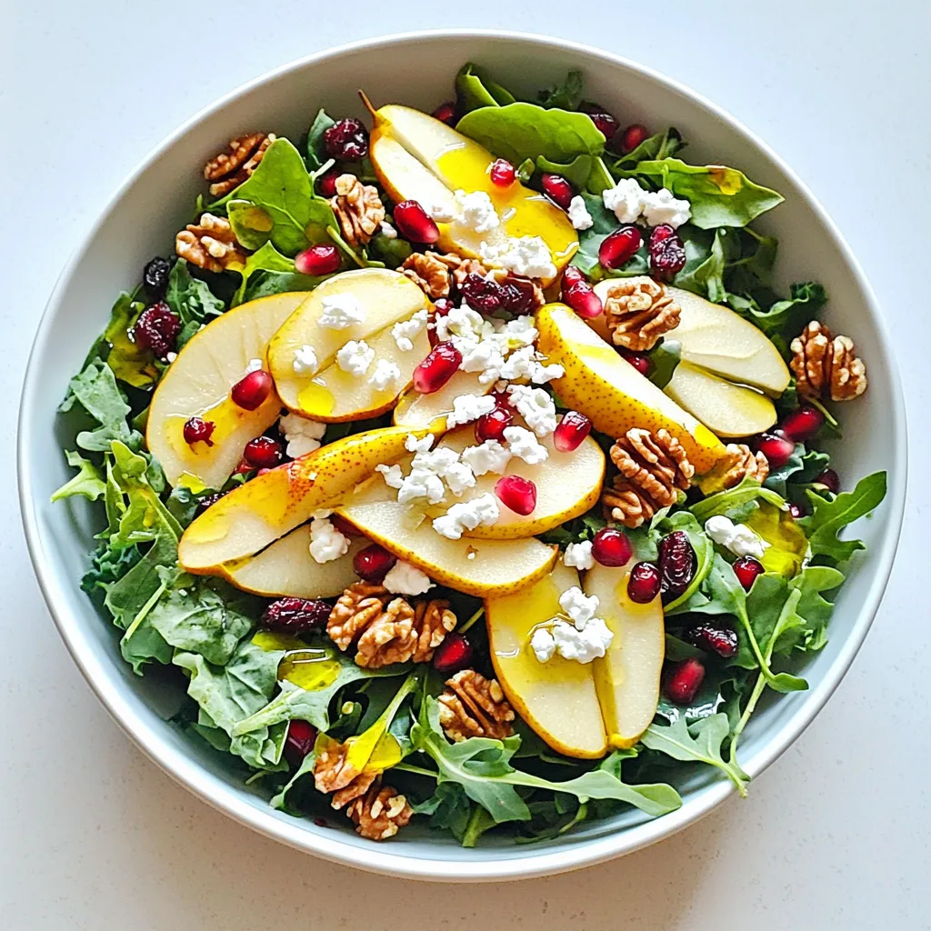 - 2 reife Birnen - Gemischte Blattsalate: Rucola, Spinat, Grünkohl - Ziegenkäse, Walnüsse und getrocknete Cranberries In diesem Salat sind die Hauptzutaten wichtig. Die Birnen geben Süße und Frische. Sie sollten reif, aber fest sein. Rucola, Spinat und Grünkohl bieten eine schöne Mischung aus Geschmäckern und Texturen. Ziegenkäse bringt Cremigkeit. Walnüsse fügen Crunch hinzu und sind nussig. Die getrockneten Cranberries sorgen für einen süßen Kick. - Olivenöl, Apfelessig, Dijon-Senf - Gewürze: Salz und Pfeffer Das Dressing ist einfach, aber lecker. Olivenöl sorgt für einen schönen Geschmack. Apfelessig gibt eine angenehme Säure. Dijon-Senf fügt Tiefe hinzu. Salz und Pfeffer bringen alles zusammen. Diese Zutaten sind leicht zu finden und machen das Dressing frisch und lebendig. 1. Rösten Sie die Walnüsse. Nehmen Sie eine trockene Pfanne und erhitzen Sie sie bei mittlerer Hitze. Fügen Sie die Walnüsse hinzu und rösten Sie sie für etwa 5 bis 7 Minuten. Rühren Sie regelmäßig um, bis sie goldbraun sind. Das Rösten verstärkt den Geschmack und Aroma. 2. Schneiden Sie die Birnen. Nehmen Sie zwei reife Birnen und schneiden Sie sie dünn. Achten Sie darauf, gleichmäßige Scheiben zu machen. So sieht der Salat gut aus und hat eine schöne Textur. Um das Dressing zu machen, nehmen Sie eine kleine Schüssel. Geben Sie 3 Esslöffel Olivenöl, 1 Esslöffel Apfelessig und 1 Teelöffel Dijon-Senf hinein. Fügen Sie Salz und Pfeffer nach Geschmack hinzu. Rühren Sie alles gut um, bis es emulgiert. Dies bedeutet, dass sich die Zutaten gut vermischen. Jetzt ist es Zeit, den Salat zusammenzustellen. Nehmen Sie eine große Schüssel. Fügen Sie die gemischten Blattsalate hinzu. Geben Sie die geschnittenen Birnen, die gerösteten Walnüsse, die getrockneten Cranberries und die Granatapfelkerne dazu. Gießen Sie das Dressing über die Mischung. Heben Sie alles vorsichtig unter, damit die Birnen nicht zerdrückt werden. Zum Schluss streuen Sie den zerkrümelten Ziegenkäse gleichmäßig über den Salat. Servieren Sie ihn frisch und genießen Sie den tollen Geschmack! Um die Walnüsse perfekt zu rösten, nutzen Sie eine trockene Pfanne. Stellen Sie die Temperatur auf mittlere Hitze ein. Rösten Sie die Nüsse für etwa 5-7 Minuten. Rühren Sie regelmäßig um, bis sie duften und goldbraun sind. So erhalten Sie einen intensiven Geschmack. Dies ist wichtig, da geröstete Walnüsse den Salat aufwerten. Sie bringen eine schöne Textur und einen nussigen Geschmack. Das Dressing ist entscheidend für den Geschmack Ihres Salats. Wenn Sie keinen Dijon-Senf mögen, können Sie Honigsenf verwenden. Für den Essig gibt es viele Alternativen. Probieren Sie Balsamico oder Zitronensaft. Diese Varianten bringen eine frische Note. Sie können auch Kräuter wie Thymian oder Schnittlauch hinzugeben. So machen Sie das Dressing noch aromatischer. Die Präsentation macht viel aus. Servieren Sie den Salat in einer großen Holzschüssel. Das gibt eine rustikale Optik. Garnieren Sie den Salat mit zusätzlichen Granatapfelkernen. Ein paar ganze Walnüsse obenauf sehen toll aus. Sie verleihen dem Salat eine schöne Farbe und Struktur. Sorgen Sie dafür, dass der Salat frisch aussieht und appetitlich wirkt. {{image_4}} Fügen Sie Äpfel oder Kürbis zu Ihrem Salat hinzu. Beide bringen süße und herzhafte Aromen. Äpfel geben einen knackigen Biss. Sie können sie in Scheiben schneiden oder würfeln. Kürbis bietet eine cremige Textur und ist nahrhaft. Rösten Sie den Kürbis leicht, um den Geschmack zu intensivieren. Auch andere Herbstgemüse wie Rote Bete oder Karotten passen gut. Diese Zutaten machen den Salat noch bunter und schmackhafter. Wenn Sie keinen Ziegenkäse mögen, probieren Sie Feta oder Parmesan. Feta ist salzig und passt gut zu Birnen. Er gibt dem Salat einen anderen Charakter. Parmesan hat einen starken Geschmack und eine feste Textur. Er kann in feine Stücke gehobelt werden. Beide Käse bringen neue Aromen in das Gericht. Wählen Sie den Käse, der Ihnen am besten gefällt. Für eine vegane Version nutzen Sie veganen Ziegenkäse. Dieser hat einen ähnlichen Geschmack wie echter Ziegenkäse. Alternativ können Sie pflanzliche Dressings verwenden. Ein Dressing auf Basis von Nüssen oder Tahini ist eine gute Wahl. Diese Optionen sind lecker und gesund. So bleibt der Salat rein pflanzlich und schmackhaft. Lagern Sie den Salat in einem luftdichten Behälter. Dies hilft, die Frische zu bewahren. Stellen Sie den Behälter in den Kühlschrank. So bleibt der Salat länger knackig. Vermeiden Sie es, das Dressing vorher hinzuzufügen. Das Dressing macht den Salat matschig. Fügen Sie das Dressing erst kurz vor dem Servieren hinzu. Der Salat bleibt frisch für etwa 2 Tage. Nach dieser Zeit verlieren die Zutaten ihre Knackigkeit. Die Birnen können schnell braun werden. Um dies zu vermeiden, fügen Sie etwas Zitronensaft hinzu. Das hilft, die Farbe und Frische zu erhalten. Wenn die Walnüsse weich werden, schmeckt der Salat nicht mehr gut. Einige Dinge können Sie im Voraus machen. Rösten Sie die Walnüsse am Vortag. Lagern Sie sie in einem luftdichten Behälter. Sie können auch das Dressing im Voraus zubereiten. Mischen Sie Olivenöl, Apfelessig und Senf. Lagern Sie das Dressing im Kühlschrank. Die Blattsalate und Birnen sollten jedoch frisch bleiben. Schneiden Sie die Birnen erst kurz vor dem Servieren. So bleibt der Salat am besten. Ein einfaches Salatdressing ist schnell zu machen. Sie benötigen Olivenöl, Essig und Gewürze. Mischen Sie 3 Teile Olivenöl mit 1 Teil Essig. Fügen Sie einen Teelöffel Senf hinzu. Rühren Sie die Mischung gut um. Schmecken Sie das Dressing mit Salz und Pfeffer ab. So haben Sie ein leckeres Dressing für Ihren Salat. Ja, die Zutaten können leicht geändert werden. Möchten Sie mehr Crunch? Fügen Sie geröstete Mandeln hinzu. Oder, wenn Sie fruchtige Aromen mögen, probieren Sie Äpfel. Sie können auch andere Käsesorten verwenden, wie Feta oder Parmesan. Diese Variationen machen den Salat spannend und frisch. Ja, dieser Salat ist sehr gesund. Birnen sind reich an Ballaststoffen und Vitaminen. Ziegenkäse liefert Eiweiß und Kalzium. Walnüsse sind eine großartige Quelle für gesunde Fette. Außerdem bringen die Cranberries Antioxidantien mit. Dieser Salat ist nicht nur lecker, sondern auch nahrhaft. Dieser Blogbeitrag zeigt, wie man einen leckeren Salat aus frischen Zutaten zubereitet. Wir haben die Hauptzutaten, das Dressing und die Zubereitungsschritte besprochen. Tipps zur perfekten Röstarbeit der Walnüsse helfen dir, den Salat zu verfeinern. Variationen mit saisonalen Zutaten und Käsealternativen bieten dir Flexibilität. Schließlich sind die Aufbewahrungshinweise wichtig, um Reste frisch zu halten. Experimentiere mit den Ideen, und genieße deinen gesunden Salat!